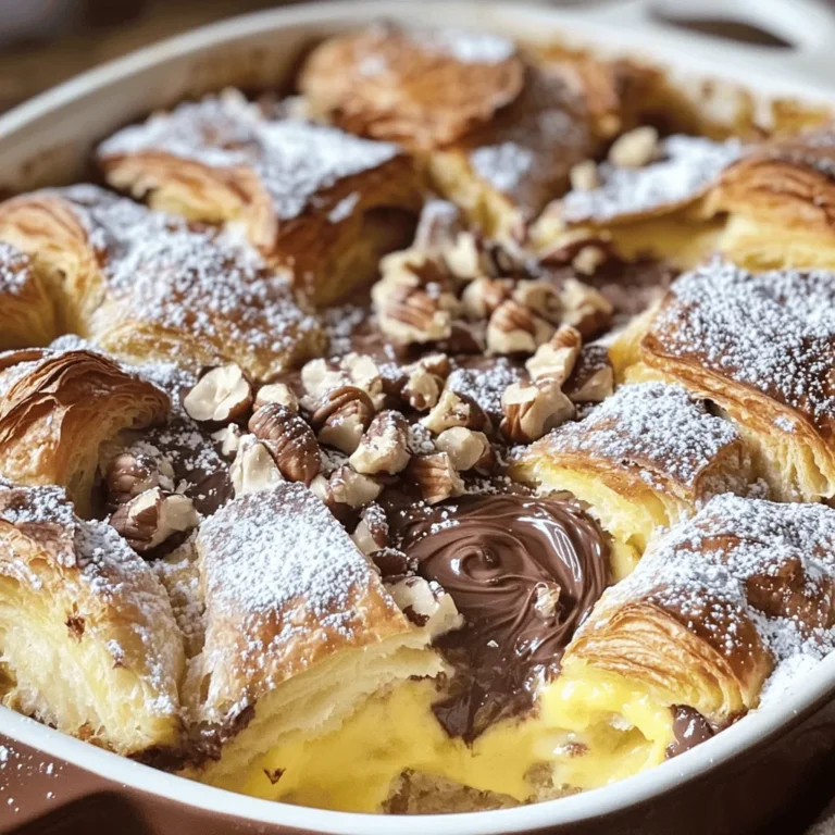 To create a delightful Chocolate Hazelnut Croissant Bake, gather these simple ingredients: - 4 large chocolate croissants, torn into pieces - 1 cup hazelnuts, roughly chopped - 4 large eggs - 1 cup whole milk - 1/2 cup heavy cream - 1/2 cup granulated sugar - 1 teaspoon vanilla extract - 1/4 teaspoon salt - 1/2 cup chocolate hazelnut spread (like Nutella) - Powdered sugar for dusting These ingredients work together to make a rich and tasty treat. The chocolate croissants provide a soft base. Hazelnuts add a nice crunch. The eggs and cream create a creamy custard. Sugar and vanilla bring sweetness and flavor. Do not forget the chocolate hazelnut spread; it adds a decadent touch. Lastly, a dusting of powdered sugar makes this dish look beautiful. With this list in hand, you are ready to bake a delicious dish. For the full recipe, check the instructions included above. Start by preheating your oven to 350°F (175°C). This step is key for a great bake. Grease a 9x13 inch baking dish with butter or cooking spray. This helps prevent sticking. Next, tear the chocolate croissants into bite-sized pieces. Make sure they are not too small. Chop the hazelnuts roughly, so you get crunchy bits in each bite. In a large bowl, crack open four eggs. Add one cup of whole milk and half a cup of heavy cream. This mix makes the custard rich and creamy. Then, pour in half a cup of granulated sugar and one teaspoon of vanilla extract for sweetness and flavor. Add a pinch of salt, about 1/4 teaspoon, to balance the taste. Whisk everything together until it is well combined. The custard should be smooth and creamy. Now it’s time to layer your ingredients. Place the torn croissant pieces evenly in the greased baking dish. Sprinkle the chopped hazelnuts over the croissants, adding extra crunch. Pour the custard mixture evenly over the croissants, making sure all the pieces soak up that delicious liquid. Let it sit for about 10 minutes. This allows the croissants to absorb the custard. Now, take half a cup of chocolate hazelnut spread and dollop it in small globs throughout the dish. Use a spoon to gently swirl it, creating a marbled effect. Be careful not to over mix it. Finally, pop the baking dish into your preheated oven. Bake for 30 to 35 minutes until the top is golden brown and the custard is set. For the full recipe, check the details above. To get the best texture, soak your croissants for about 10 minutes. This allows them to absorb the custard fully. If you skip this step, your croissants might turn out dry. The custard should be creamy, not too runny. Stir gently to keep it thick. Choose rich chocolate croissants for a deep flavor. The darker the chocolate, the better the taste. If you want to boost the hazelnut flavor, add more chopped hazelnuts. You can also mix in a bit of hazelnut extract for an extra kick. For the full recipe, check out the detailed instructions above. {{image_2}} To make this Chocolate Hazelnut Croissant Bake fit your needs, here are some swaps. - Dairy-free alternatives: You can use almond milk or coconut milk in place of whole milk. For cream, use coconut cream or a dairy-free heavy cream. This keeps the bake rich without dairy. - Gluten-free croissants: Look for gluten-free croissants at your local bakery or grocery store. They may not rise like traditional ones, but they will still taste great! You can enhance this bake even more with some exciting flavors. - Incorporating fruits or spices: Try adding sliced bananas or berries for a fruity twist. You can also sprinkle in cinnamon or nutmeg for a warm spice flavor. These additions will make each bite even more tasty! To keep your Chocolate Hazelnut Croissant Bake fresh, start by cooling it completely. Once cool, cover the dish tightly with plastic wrap or foil. You can store it in the fridge for up to three days. If you want to save it longer, consider freezing it. Cut the bake into portions and wrap each piece in plastic wrap. Then place them in a freezer bag. This way, you can enjoy a piece anytime! When it’s time to enjoy leftovers, you have two great options: the microwave or the oven. - Microwave: Place a portion on a microwave-safe plate. Heat it for about 30-45 seconds. Check to see if it’s warm throughout. If not, heat for another 10-15 seconds. - Oven: Preheat your oven to 350°F (175°C). Place the bake in an oven-safe dish and cover it with foil. Heat for about 10-15 minutes, or until warmed through. This method keeps the texture nice and soft. Whichever way you choose, your chocolate hazelnut treat will still taste amazing! Chocolate Hazelnut Croissant Bake lasts for about three to four days in the fridge. Store it in an airtight container. You can also freeze it for up to two months. Just wrap it tightly in plastic wrap and foil to prevent freezer burn. When ready to eat, thaw it in the fridge overnight. Yes, you can make this dish ahead of time. Prepare it the night before and let it sit in the fridge. This lets the croissants soak up the custard well. When you're ready to bake, just pop it in the oven. Reheating is easy; just warm it in the oven until heated through. This bake is great for breakfast or dessert. You can serve it with fresh fruit, like strawberries or bananas, to add a nice touch. A scoop of vanilla ice cream or whipped cream makes it even better for dessert. Enjoy it with a cup of coffee or tea for a delightful pairing. You learned how to make a delicious Chocolate Hazelnut Croissant Bake. This dish uses chocolate croissants, hazelnuts, and a creamy custard. Remember to soak the croissants well for a soft texture. You can also adjust ingredients for dietary needs. Store leftovers carefully for later enjoyment. Enjoy experimenting with flavors and variations. Whether it’s a cozy breakfast or a sweet dessert, this bake is sure to impress. Happy baking!