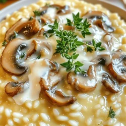 To make a great risotto, you need these two main items: - 1 cup Arborio rice: This rice is key for creamy risotto. It has high starch, which gives risotto its smooth texture. - 4 cups vegetable broth: Keeping this warm is crucial. It helps the rice cook evenly and absorb flavors. You can play with flavors by adding these ingredients: - Type of mushrooms: You can use button, cremini, or a mix of mushrooms. Each type brings its own taste. - Heavy cream and Parmesan cheese: These add richness and depth. They enhance the creamy texture. Seasoning is vital for flavor. Here’s what to include: - Fresh thyme: This herb adds a lovely aroma. Use one tablespoon of fresh leaves or one teaspoon of dried thyme. - Salt and pepper: These basics help balance flavors. Always taste and adjust to your liking. - Fresh parsley: Chopped parsley is perfect for garnish. It adds color and a fresh touch to your dish. For the complete preparation, refer to the Full Recipe. Enjoy making your creamy mushroom thyme risotto! Sautéing the onions and garlic is the first step. Start by heating olive oil in a large skillet over medium heat. Add the finely chopped onion. Cook it until it turns translucent, which takes about 4 minutes. Next, add minced garlic. This will give your dish a great aroma. After the onions and garlic are ready, it's time for the mushrooms. Add the sliced mushrooms to the pan. Cook them for around 5-7 minutes. They should be tender and slightly browned. This step brings out their rich flavor. Now, we will toast the Arborio rice. Stir the rice into the pan. Let it toast for about 2 minutes. This helps enhance the flavor and keeps the rice firm. Next, we will gradually incorporate the broth. Keep the vegetable broth warm in another pot. Add one ladle of broth to the rice. Stir often and wait until most of the liquid is absorbed before adding more. Repeat this process for 18-20 minutes. The rice should be creamy and al dente when done. Now for the final touches. Mix in the heavy cream and Parmesan cheese. Stir until everything is creamy and smooth. This is where the risotto gets its richness. Adjust the seasoning with salt and pepper to your liking. Let the risotto rest for a couple of minutes off the heat. This makes it even creamier. Serve it warm, and don't forget to garnish with fresh parsley! You can find the full recipe above for more details. - Importance of broth temperature: Always use warm broth when making risotto. Cold broth shocks the rice and stops cooking. Keep broth warm in a pot on low heat. This helps the rice absorb liquid evenly. - Stirring techniques for creaminess: Stir the risotto often while cooking. This action helps release starch from the rice, making it creamy. Use a wooden spoon for better control. Stir gently, but don’t be afraid to be firm. - Overcooking or undercooking rice: Cooking time is key. Risotto should be creamy and the rice should be al dente. Test the rice a few minutes before the recipe says it’s done. - Skipping the resting phase: Let the risotto sit after cooking. This resting time enhances the flavors and creaminess. Cover it and wait a couple of minutes before serving. - Using homemade broth: Homemade broth has a depth of flavor. If you can, make your own broth. Use leftover veggie scraps for a quick broth. - Experimenting with herbs and spices: Don’t be afraid to mix things up. Try adding fresh herbs like basil or parsley. A pinch of nutmeg can also add warmth and depth. The more you play, the more you’ll discover new flavors. For the full recipe, check out the [Full Recipe]. {{image_2}} Using different types of mushrooms can change the taste of your risotto. Button mushrooms are mild and soft. Cremini mushrooms add a deeper flavor. Shiitake mushrooms give a nice, earthy touch. You can mix these types for a richer taste. Adding other vegetables can also enhance your dish. Try peas for sweetness or spinach for color. Roasted red peppers can add a nice kick. Just chop them small and stir them in during cooking. You can make this risotto vegan or dairy-free easily. Replace heavy cream with coconut cream or cashew cream. Use nutritional yeast instead of Parmesan for a cheesy flavor. Vegetable broth is perfect for both diets. For gluten-free options, Arborio rice is naturally gluten-free! Make sure to check the broth. Some broths may have gluten, so read the label carefully. Want to add some protein? Chicken or shrimp pair well with this risotto. Sauté them in the pan before adding the rice. They will soak up the flavors of the broth. A splash of white wine can make your risotto even better. Add it just after cooking the mushrooms. Let it cook down before adding the rice. This gives a rich, warm flavor that you will love. For the full recipe, check the details above. To keep your risotto fresh, place it in an airtight container. Let it cool first to avoid condensation. Store it in the fridge for up to three days. If you want to save it longer, freezing works well. Spoon the risotto into freezer-safe bags. Remove as much air as possible. This helps prevent freezer burn. When it’s time to reheat, there are a few good methods. You can use the microwave for quick heating. Place risotto in a bowl and add a splash of broth or water. Stir it every minute until warm. Another option is to heat it on the stovetop. Use a pan over low heat and stir in a little broth to help it get creamy again. This method can yield better results. In the fridge, your risotto should last about three days. After that, check for signs of spoilage. If it smells sour or looks discolored, it’s best to discard it. For frozen risotto, aim to eat it within two months for the best taste. Always trust your senses to judge freshness. To make risotto creamy, you need to stir the rice often. Stirring helps the rice release its starch. This starch creates a smooth and rich texture. Use warm broth when adding it to the rice. Adding in small amounts of broth keeps the rice from getting too soggy. After cooking, mix in heavy cream and cheese for extra creaminess. Yes, you can make risotto ahead. Cook it until it is almost done but still firm. Allow it to cool, then store it in the fridge. When you are ready to eat, reheat it on low heat. Add a splash of broth or cream to help it regain its creamy texture. For risotto, I love using cremini or button mushrooms. They add a great flavor. Shiitake mushrooms also work well for a more intense taste. You can mix different types for more depth. Make sure to slice them evenly for even cooking. Yes, you can substitute Arborio rice. Carnaroli rice is a great choice for a similar texture. It holds its shape well and is creamy too. If you use regular rice, it will not have the same creamy feel. Stick with short-grain rice for the best results. Serve creamy mushroom thyme risotto warm in shallow bowls. Garnish with fresh parsley for color. You can pair it with grilled chicken or a simple salad. A glass of white wine also complements this dish well. For the full recipe, check the section above. Creamy mushroom thyme risotto is simple and rewarding. We discussed essential ingredients like Arborio rice and vegetable broth, plus tips for customization. You learned how to sauté, cook, and enhance the dish to your liking. Remember to avoid common mistakes, like undercooking the rice. Feel free to try various mushrooms and adjust for dietary needs. With proper storage and reheating methods, your risotto stays delicious. Enjoy making this dish whenever you want a cozy meal!
