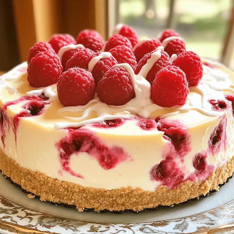 To make a delicious white chocolate raspberry cheesecake, gather these items: - 1 ½ cups graham cracker crumbs - ½ cup unsalted butter, melted - 2 cups cream cheese, softened - 1 cup white chocolate, melted - ¾ cup granulated sugar - 3 large eggs - 1 teaspoon vanilla extract - 1 cup fresh raspberries These ingredients work together to create a smooth, rich dessert. The graham cracker crust gives crunch, while the filling is creamy and sweet. You can swap some ingredients if needed: - For the crust, use crushed cookies like Oreos or nuts for a gluten-free option. - You can add sour cream or Greek yogurt to the filling for a slight tang. - If you like, add a splash of raspberry liqueur for a fun twist. These substitutions keep the dish tasty while adding your personal touch. Choosing quality ingredients enhances the cheesecake: - Look for high-quality white chocolate, like Callebaut or Ghirardelli, for the best flavor. - Use full-fat cream cheese for a smooth and creamy texture. Brands like Philadelphia work well. - Always use fresh raspberries for a burst of flavor. Frozen berries can work, but fresh gives the best taste and look. Using these tips will ensure your cheesecake shines at any gathering. Check the [Full Recipe] for more details on preparation and baking! 1. Preheating the oven: Start by preheating your oven to 325°F (160°C). This step is key to getting the cheesecake just right. 2. Mixing the crust ingredients: In a mixing bowl, combine 1 ½ cups of graham cracker crumbs with ½ cup of melted unsalted butter. Mix until the crumbs soak up the butter. Press this mixture firmly into the bottom of a 9-inch springform pan. This forms the crust. Bake it for 8 to 10 minutes until set, then set it aside to cool. 3. Preparing the cheesecake batter: In a large bowl, use a hand mixer to beat 2 cups of softened cream cheese until it is smooth and creamy. Then, gradually add in 1 cup of melted white chocolate and ¾ cup of granulated sugar. Mix until everything is well combined. Now, add 3 large eggs one at a time. Mix on low speed after each addition, being careful not to overmix. Next, stir in 1 teaspoon of vanilla extract and 1 tablespoon of all-purpose flour until the mixture is smooth. Finally, gently fold in 1 cup of fresh raspberries. 1. Layering the cheesecake: Pour the cheesecake batter over the cooled crust in the springform pan. Spread it evenly with a spatula. 2. Ideal baking time and temperature: Bake your cheesecake for 50 to 60 minutes. The edges should be set, and the center will still be slightly jiggly. 3. Cooling techniques to avoid cracks: Once baked, turn off the oven. Crack the door open and let your cheesecake cool in the oven for about an hour. This helps prevent cracks from forming. 1. Plating ideas for a stunning presentation: Serve chilled slices on a beautiful dessert plate. This enhances the overall look of your cheesecake. 2. Garnishing tips using raspberries and white chocolate: Garnish each slice with extra fresh raspberries on top. Drizzle melted white chocolate over the slices for an extra special touch. It adds flavor and looks lovely! For the complete process, refer to the Full Recipe for detailed steps and measurements. To avoid cracks and sinking, follow these tips: - Bake at a low temperature: Set your oven to 325°F (160°C). - Cool slowly: After baking, turn off the oven and crack the door. Let it cool for an hour inside. - Don't overmix: Mix just until combined to keep air from forming bubbles. Choosing the right pan is also key. A 9-inch springform pan works best. It allows easy removal and helps keep the shape. For the perfect creaminess, use room-temperature cream cheese. It blends smoothly. Also, add melted white chocolate gradually. This ensures a silky texture. To achieve a smooth batter, mix the ingredients gently. Avoid overmixing, which can incorporate air and lead to cracks. Scrape down the sides of the bowl often to combine everything evenly. If your cheesecake is undercooked, return it to the oven. Bake for an extra 10 to 15 minutes. Check that the edges are set and the center jiggles slightly. For a sagging structure, cool it properly. If it has already sagged, refrigerate for a few hours. This helps firm it up. You can also use a bit of whipped cream to cover up any imperfections. This White Chocolate Raspberry Cheesecake is a delight when you follow these tips. For the full recipe, refer to the instructions above. {{image_2}} You can change the flavor of your cheesecake easily. Swap the raspberries for other fruits like strawberries or blueberries. Both fruits add a fresh taste and vibrant color. You can also add a lemon or lime twist. A bit of citrus zest brightens the overall flavor. Just add a teaspoon of zest to the batter for a fun twist. The crust can also change your cheesecake's taste. An Oreo crust gives a nice chocolatey contrast. To make this, crush Oreos and mix them with butter, just like the graham cracker crust. For a gluten-free option, try a nut-based crust. Use ground almonds or pecans mixed with butter. This adds a rich, nutty flavor. A no-bake cheesecake is another fun option. It requires some adjustments, but it’s easy to make. You can skip the baking step and let the cheesecake set in the fridge instead. Use gelatin to help it firm up, or just chill it for several hours. The setting time is shorter for no-bake versions, usually about 3-4 hours. This way, you can enjoy your cheesecake more quickly without heating the oven. Check out the Full Recipe for more details. To store leftover cheesecake, wrap it well. Use plastic wrap or place it in an airtight container. This keeps it fresh. In the fridge, it stays good for about 4 to 5 days. If you notice any off-smells or a change in texture, it’s best to toss it. To freeze cheesecake, follow these steps: 1. Cool Completely: Make sure the cheesecake is fully cooled before freezing. 2. Wrap Tightly: Use plastic wrap to cover the cheesecake. Make sure there are no gaps. 3. Use Aluminum Foil: For extra protection, wrap it in aluminum foil as well. 4. Label: Write the date on the foil to track how long it’s been frozen. When you’re ready to enjoy it, take it out. Thaw it in the fridge overnight. Avoid thawing at room temperature. This helps keep the texture creamy and smooth. In the fridge, your cheesecake lasts about 4 to 5 days. In the freezer, it can last up to 2 months. Check for signs of spoilage. Look for: - Changes in color - Off or sour smell - Unusual texture If you see any of these, it’s time to say goodbye to your cheesecake. To make the cheesecake creamy, start by softening the cream cheese. Take it out of the fridge and let it sit for about 30 minutes. This helps the cream cheese mix easily. You can also cut it into smaller cubes to speed up softening. Use a hand mixer to beat the cream cheese until it’s smooth and fluffy. Mixing at low speed helps avoid lumps. Yes, you can use frozen raspberries. They are handy and still tasty. However, they can be more watery than fresh ones. To use them, thaw the raspberries first and drain any extra liquid. This prevents the cheesecake from being too wet. Fold them gently into the batter so they keep their shape. Look for a few signs to know if the cheesecake is done. The edges should look set, while the center may be slightly jiggly. This is normal. After baking, turn off the oven and crack the door open. Let it cool in the oven for about an hour. This helps avoid cracks on top. Then, chill it in the fridge for at least four hours. Cutting cheesecake can be tricky, but there are easy ways to do it. First, use a sharp knife. Dip the knife in hot water, then wipe it dry before cutting. This helps make clean slices. Cut straight down, not sawing back and forth. You can also run a spatula under each slice to help lift it out easily. Enjoy each piece! For the complete recipe, check the Full Recipe. You now have all the tools to create a fantastic White Chocolate Raspberry Cheesecake. From the key ingredients to expert tips, you can avoid common pitfalls. Remember to focus on freshness and texture for the best results. Use variations to make it your own, and store leftovers properly for later enjoyment. Crafting this dessert can be fun and rewarding. Trust your skills and enjoy making it for friends and family. Your cheesecake will surely impress everyone!