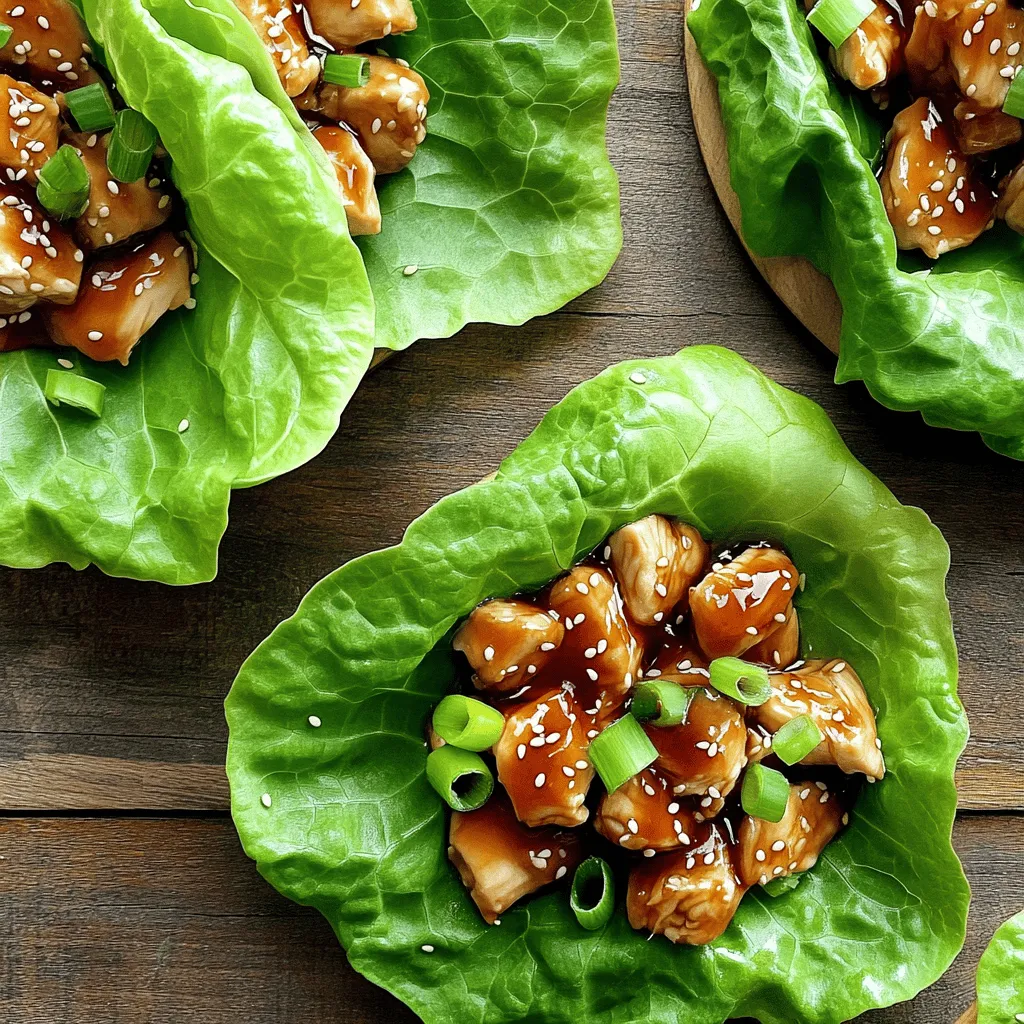 - 1 lb chicken breast, diced - 1 tablespoon olive oil - 1/4 cup soy sauce (low-sodium preferred) - 2 tablespoons brown sugar - 2 tablespoons rice vinegar - 1 teaspoon minced garlic - 1 teaspoon grated fresh ginger - 1/4 teaspoon black pepper - 1/2 cup water chestnuts, diced - 1/4 cup green onions, thinly sliced - 1 head of butter lettuce or iceberg lettuce, leaves separated The main star of this dish is chicken breast. I love using diced chicken breast because it cooks fast and stays juicy. Next, we have soy sauce and brown sugar, which create a sweet and salty teriyaki sauce. The lettuce leaves are perfect for wrapping the flavorful chicken. - Sesame seeds - Sriracha sauce (optional, for added heat) - Water chestnuts, diced - Green onions, thinly sliced You can add sesame seeds for a nutty crunch. If you like heat, drizzle some Sriracha on top. Water chestnuts add a fun crunch, while green onions boost flavor. Feel free to mix and match these add-ins to make your wraps even better. For the full recipe, check out the details above. To start, mix the sauce ingredients in a bowl. You need: - 1/4 cup low-sodium soy sauce - 2 tablespoons brown sugar - 2 tablespoons rice vinegar - 1 teaspoon minced garlic - 1 teaspoon grated fresh ginger - 1/4 teaspoon black pepper Stir until the sugar dissolves. This teriyaki sauce brings depth to your dish. Using low-sodium soy sauce is key. It keeps the dish flavorful without too much salt. This makes it a healthier choice. Cook the chicken for the best texture. Use 1 lb of diced chicken breast. Heat 1 tablespoon of olive oil in a skillet over medium-high heat. Add the chicken and cook for about 5-7 minutes. Make sure there is no pink left in the chicken. This ensures it is safe to eat. After that, pour the teriyaki sauce over the chicken. Let it simmer for 3-5 minutes to thicken. Now, it's time to assemble your wraps. Use leaves from a head of butter lettuce or iceberg lettuce. Take a leaf and place some chicken mixture in the center. You can add sliced green onions and diced water chestnuts for extra crunch. Aim for about a quarter cup of filling in each wrap. Fold the sides of the lettuce over the filling. Enjoy your teriyaki chicken lettuce wraps! For the full recipe, check out the recipe section. To get the best teriyaki sauce, you can adjust the sweetness and thickness. If you like it sweeter, add more brown sugar. If you want it thicker, simmer it longer to reduce the liquid. Avoid adding too much soy sauce at once. It can make the sauce too salty. Always taste as you go to find your ideal balance. When stir-frying chicken, cut it into small, even pieces. This helps it cook quickly and evenly. Use a hot skillet for a nice, quick sear. This seals in the juices and keeps the chicken moist. If you notice it getting dry, add a splash of water or extra teriyaki sauce. For drinks, pair your wraps with iced tea or a light beer. Both options complement the flavors well. When hosting, serve the wraps on a large platter. This makes it easy for guests to grab and enjoy. You can also add colorful garnishes like sliced bell peppers or radishes for a vibrant look. {{image_2}} For a gluten-free diet, you can swap regular soy sauce for tamari. Tamari tastes great and keeps the teriyaki flavor. You can also use coconut aminos. This option adds a slightly sweeter taste with less sodium. If you prefer a vegan version, try using tofu or tempeh instead of chicken. Both options work well with the teriyaki sauce. Just ensure you press the tofu to remove excess water. This helps it absorb the sauce better. You can also add more veggies like bell peppers or mushrooms for extra flavor. Looking to spice things up? Add a teaspoon of red pepper flakes to the teriyaki sauce. You can also toss in some sliced jalapeños for a fresh kick. If you prefer a sweeter taste, increase the brown sugar to three tablespoons. Honey or maple syrup can be great substitutes too. For unique additions, consider adding crushed peanuts or cashews on top. They add crunch and a nutty flavor. You could also include fresh herbs like cilantro or mint for added freshness. To give your teriyaki wraps an international flair, try adding kimchi for a Korean touch. It adds spice and tang, enhancing the overall taste. You can also use curry powder in your sauce for an Indian twist. For a fusion idea, consider using tortillas instead of lettuce. This gives a fun twist while keeping the flavors intact. You can fill them with the teriyaki chicken and top with avocado and salsa for a fresh vibe. For the full recipe, check out the savory teriyaki chicken lettuce wraps. To keep your Teriyaki Chicken Lettuce Wraps fresh, store them in the fridge. First, separate the filling from the lettuce. This helps prevent the lettuce from getting soggy. Use an airtight container for the chicken mixture. Glass containers work best, but BPA-free plastic ones are fine, too. When it's time to eat your leftovers, use gentle heat. The microwave is quick but can dry out the chicken. Instead, try a skillet on low heat. Add a splash of water to help create steam. This keeps the chicken juicy and flavorful. Stir occasionally until heated through. To save wraps for later, you can freeze the chicken filling. Place it in a freezer-safe bag or container. Squeeze out as much air as you can. For the best taste, use it within three months. When you’re ready to eat, thaw it in the fridge overnight. Then reheat it using the tips mentioned above. Just add fresh lettuce leaves before enjoying. You can use other low-carb options like collard greens, cabbage leaves, or zucchini slices. These alternatives provide a nice crunch and hold fillings well. They also add unique flavors to your meal. Try using large spinach leaves for a fresh twist. Each option offers a different taste and texture, so feel free to experiment. Yes, you can make teriyaki chicken ahead of time. Cook the chicken and sauce as instructed. Let it cool before storing it in an airtight container. You can keep it in the fridge for up to three days. When ready to eat, simply reheat it in a skillet or microwave. This method saves time on busy days. Leftovers from teriyaki chicken lettuce wraps can last up to three days in the refrigerator. Store them in a sealed container to maintain freshness. Always check for any off smells or changes in texture before consuming. Reheat thoroughly to ensure food safety and enjoy! Teriyaki chicken lettuce wraps are a tasty and fun meal. We discussed making the teriyaki sauce, cooking chicken, and assembling your wraps. Remember to adjust flavors and try different ingredients. Don't forget about storage options to keep your food fresh. You can enjoy these wraps in many ways, from spicy to sweet. With simple tips, you can impress at your next meal. Get creative, try variations, and make this dish your own. Enjoy your cooking journey and delight in every bite!