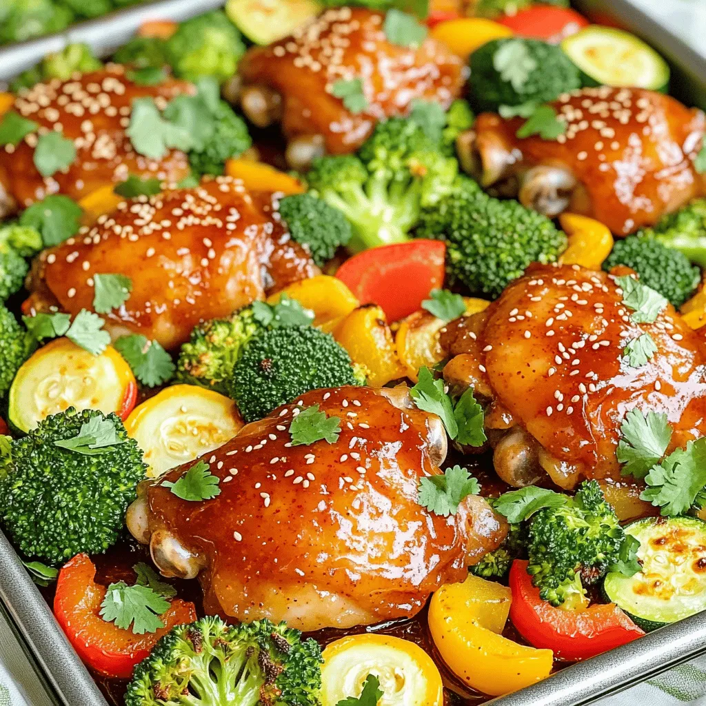 For this dish, you need a few key items: - 4 boneless, skinless chicken thighs - 1 cup sweet chili sauce - 2 tablespoons soy sauce - 1 tablespoon sesame oil - 1 red bell pepper, sliced - 1 yellow bell pepper, sliced - 1 zucchini, sliced - 1 cup broccoli florets - 3 cloves garlic, minced - 1 teaspoon grated ginger - Salt and pepper to taste The sweet chili sauce is the star here. It gives the chicken a lovely glaze and adds a sweet kick. The chicken thighs stay juicy and tender as they cook. The veggies add color and crunch. You can mix in more veggies if you like. Here are a few ideas: - Carrots, sliced thin - Snap peas or green beans - Mushrooms, sliced For spices, consider adding a bit of chili powder or red pepper flakes for heat. You can also top the dish for a pop of color with: - Sesame seeds - Fresh cilantro This meal serves about 4 people. Each serving has roughly: - 350 calories - 25g protein - 20g fat - 10g carbs This meal is not just tasty; it's balanced too. The chicken gives you protein, and the veggies provide fiber and vitamins. You can enjoy a hearty dinner without feeling guilty. If you want the full recipe, check it out [here](#). 1. First, preheat your oven to 400°F (200°C). This step is key for even cooking. 2. In a large bowl, mix the sweet chili sauce, soy sauce, sesame oil, minced garlic, and grated ginger. This sauce will be the marinade. 3. Add the chicken thighs to the bowl. Make sure they are well-coated in the marinade. Let them sit for at least 15 minutes. For more flavor, you can refrigerate them for up to an hour. 1. Line a large sheet pan with parchment paper. This makes cleanup super easy. 2. Once the chicken has marinated, place the thighs on one side of the sheet pan. 3. On the other side, arrange the sliced bell peppers, zucchini, and broccoli florets. Toss them in a little olive oil and season with salt and pepper for added taste. 4. Pour any leftover marinade over everything to enhance the flavor. 1. Bake in your preheated oven for 25 to 30 minutes. The chicken should reach an internal temperature of 165°F (74°C). 2. For a caramelized finish, switch the oven to broil for the last 3 to 5 minutes. This will give the chicken a lovely golden crust. 3. After cooking, let the dish rest for a few minutes. Garnish with sesame seeds and fresh cilantro before serving. This method ensures a meal that is both easy and packed with flavor. You can find the full details in the Full Recipe. For the best flavor, marinate the chicken for at least 15 minutes. This time allows the chicken to soak in the sweet chili sauce and spices. If you have more time, let it sit for up to an hour. This extra time gives the chicken a richer taste. To make the marinade richer, add a touch of lime juice or honey. These additions bring a depth of flavor that brightens the dish. To ensure the chicken is cooked perfectly, use a meat thermometer. The chicken should reach an internal temperature of 165°F (74°C). This step guarantees juicy, safe-to-eat chicken. For roasting vegetables, cut them into even pieces. This helps them cook uniformly. Toss them in olive oil, salt, and pepper before placing them on the pan. This method enhances their natural flavors. Serve this dish with steamed rice or quinoa. These sides soak up the sweet chili sauce well. You can also add a fresh salad for a crunchy contrast. If you have leftovers, store them in an airtight container in the fridge for up to three days. For a quick meal, reheat the chicken and veggies in a pan. This method keeps them moist and tasty. {{image_2}} You can easily switch out the chicken for other proteins. Tofu works great for a vegetarian option. Shrimp also cooks fast and adds a nice flavor. For vegetables, think about what’s in season. Try asparagus in spring or squash in fall. Mix and match to keep meals exciting. Want to spice things up? Add red pepper flakes for heat. Honey can make the dish sweeter and richer. You can also use other sauces, like teriyaki or hoisin, for a fun twist. Each sauce brings its own flavor profile, making this dish versatile. If you are busy, prep this meal ahead. Marinate the chicken and chop the veggies the night before. Store them in the fridge for quick cooking. You can also freeze the marinated chicken for future meals. Just thaw it overnight in the fridge before cooking. This way, you have an easy, tasty dinner ready to go. To store leftovers, let your chicken cool first. Then, place it in an airtight container. Make sure to seal it well to keep out air. You can store it in the fridge for up to four days. The chicken and veggies will stay fresh if stored properly. For reheating, the best method is the oven. Preheat it to 350°F (175°C). Place the chicken on a baking sheet. Heat for about 15-20 minutes. This keeps the chicken juicy and the veggies crisp. If you use a microwave, cover the dish with a damp paper towel. This helps to keep moisture in and prevents dryness. To freeze the dish, let it cool completely. Then, wrap the chicken and veggies tightly in plastic wrap. Place it in a freezer-safe bag or container. It can last up to three months in the freezer. For defrosting, move it to the fridge overnight. You can also use the microwave on the defrost setting. This way, you’ll get the best results when you reheat it later. Can I use bone-in chicken thighs? Yes, you can use bone-in chicken thighs. They add great flavor. Just cook them a bit longer. Check for doneness with a meat thermometer. What can I substitute for sweet chili sauce? You can use honey mixed with soy sauce. Another option is a homemade sauce with sugar, garlic, and vinegar. Both give a sweet and tangy taste. How can I make this recipe gluten-free? To make it gluten-free, use gluten-free soy sauce. Also, ensure your sweet chili sauce is gluten-free. This way, you keep all the great flavor without gluten. Can I add different spices or flavors? Absolutely! You can add chili powder for heat or lime juice for zest. Experiment with your favorites to make it your own. What should I do if the chicken isn’t cooking evenly? If the chicken cooks unevenly, check your oven temperature. You can also rearrange the pan halfway through cooking. This helps with even heat distribution. How do I know when my chicken is fully cooked? Use a meat thermometer. The chicken should reach 165°F (74°C). If you don’t have a thermometer, cut into the thickest part. The meat should be white, not pink. This blog post shows you how to prepare a tasty sheet pan chicken dish. We covered the main ingredients, optional extras, and how to make it healthy. You learned about the prep steps, cooking process, and helpful tips for great results. In the end, experiment and have fun with your ingredients. Use new flavors and swaps to keep it exciting. Enjoy creating delicious meals that fit your taste and needs. Happy cooking!