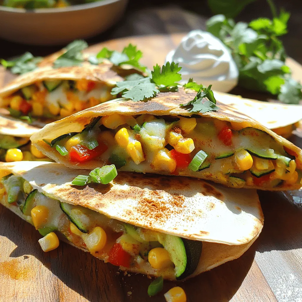 To make zucchini and corn quesadillas, gather these main ingredients: - 2 medium zucchinis, grated - 1 cup fresh corn kernels (or frozen, thawed) - ½ cup diced red bell pepper - 2 green onions, sliced - 1 teaspoon ground cumin - 1 teaspoon paprika - ½ teaspoon garlic powder - Salt and pepper to taste - 4 large flour tortillas - 2 tablespoons olive oil These fresh veggies add great flavor and texture. The spices give the quesadillas a warm kick. Cheese is key to a tasty quesadilla. I suggest using: - 1 cup shredded cheddar - 1 cup shredded Monterey Jack Both options melt well and enhance the flavor. You can mix them for a creamy, cheesy delight. Garnishing makes your meal look pretty and tasty. Consider these options: - Fresh cilantro, for garnish - Sour cream, for dipping - Greek yogurt, for a lighter option These add fresh flavors and a nice contrast to the warm quesadilla. For the full recipe, check the details above. Start by grating the zucchinis. Use a box grater or food processor. You want about two medium zucchinis. Next, grab a large bowl. Add the grated zucchini, corn, cheese, diced red bell pepper, and sliced green onions. Then, sprinkle in the cumin, paprika, garlic powder, salt, and pepper. Mix all the ingredients well. This step is key for flavor. Now, heat one tablespoon of olive oil in a large skillet over medium heat. Once the oil is hot, add half of the filling mixture to the skillet. Spread it evenly. Take one tortilla and place it over the filling. Press down gently with a spatula. Let it cook for about 3-4 minutes. You want the tortilla golden brown and the cheese to start melting. Carefully flip the quesadilla with a large spatula. Drizzle more olive oil around the edges. Cook for another 3-4 minutes until the other side is crispy and golden. Once done, remove the quesadilla and place it on a cutting board. Repeat this process with the remaining filling and tortillas. When finished, cut each quesadilla into wedges. Serve warm with fresh cilantro and some sour cream or Greek yogurt. Check out the Full Recipe for more tips! To get that nice crispy texture for your quesadillas, follow these steps: - Use enough oil. A good amount helps the tortilla brown well. - Heat the skillet properly before adding the quesadilla. A hot pan gives a better crunch. - Press down with a spatula while cooking. This helps the filling and tortilla stick together. - Flip carefully to avoid spills. A large spatula works best for this. For the crispiest results, cook on medium heat. If the heat is too low, they can turn soggy. If it's too high, they might burn before the cheese melts. Seasoning makes a big difference in flavor. Start with the basic spices listed in the recipe. Adjust as you like: - Add more salt or pepper for a bolder taste. - Try fresh herbs like cilantro for extra zest. - Squeeze in lime juice for brightness. Taste the filling before cooking. This way, you can tweak it to your liking. You can always add more spices, but it’s hard to take them out once added! These quesadillas are already vegetarian, but you can mix it up! Here are some ideas: - Swap zucchini for spinach or bell peppers. - Add black beans for extra protein and fiber. - Use a blend of cheeses for different flavors. Explore different veggies and beans to find your favorite combo. These swaps keep the meal fresh and fun! Check out the Full Recipe for more details on how to make these tasty quesadillas. {{image_2}} You can spice up your quesadillas with Southwest flavors. Add black beans for protein and fiber. Consider using pepper jack cheese for a kick. You might also mix in diced jalapeños for heat. These small changes create a fun twist on the classic. They bring a deeper flavor and excitement to each bite. If you want a heartier meal, add protein. Cooked chicken or shrimp works well. You can also use tofu for a vegetarian option. Simply chop it into small pieces and mix it with the filling. This will make your quesadilla more filling and nutritious. Protein boosts energy and keeps you satisfied longer. For a gluten-free version, use corn tortillas. They are naturally gluten-free and add a nice crunch. You can also try using lettuce wraps for a fresh approach. Just skip the tortilla and use large lettuce leaves instead. This option is low-carb and refreshing. It’s perfect for summer days or anyone avoiding gluten. These variations keep your meal interesting and cater to your taste. Feel free to experiment! For more ideas, check out the Full Recipe for Zesty Zucchini & Corn Quesadillas 🥒. To store leftover quesadillas, let them cool first. Place them in an airtight container. You can keep them in the fridge for up to three days. This keeps them fresh and tasty for later. If you want to save space, stack them with parchment paper between each one. To reheat your quesadillas, use a skillet for best results. Heat the skillet over medium heat. Place the quesadilla in the pan and cover it. Cook for about three to four minutes on each side. This method gives you a warm, crispy quesadilla. You can also use a microwave, but it may not stay crispy. If you want to freeze quesadillas, wrap each one in plastic wrap. Then, place them in a freezer bag. They can last up to three months in the freezer. When you're ready to eat them, thaw them overnight in the fridge. Reheat in a skillet for the best texture. This way, you can enjoy your zesty zucchini and corn quesadillas anytime! For the full recipe, check out the earlier section. Yes, you can use canned corn in your quesadillas. Just drain it well before adding. Canned corn gives you a sweet flavor and saves time. Fresh corn, however, adds a crisp texture. Choose based on your taste and what you have on hand. If you need a substitute for tortillas, try using lettuce wraps or rice paper. You can also use pita bread or even thinly sliced vegetables. Each option brings a unique flavor and texture to your quesadilla. Just make sure your choice can hold the filling well. To make your quesadillas crispy, use enough oil when cooking. Heat the oil well before adding the quesadilla. Press down gently with a spatula while cooking to get a good seal. Flip carefully to avoid spills. Cooking longer on low heat also helps achieve a nice crispiness. For the best results, I recommend following the full recipe for optimal cooking times and techniques. Zucchini and corn quesadillas are simple and tasty. We went through key ingredients, cooking steps, and storage tips. You can customize these quesadillas with your favorite cheeses and proteins. Remember, crispiness comes from cooking them right. Feel free to adjust flavors to your liking. With these tips, you can make a great meal any time. Enjoy making this fun dish with fresh ingredients! You'll love how easy and delicious they are.