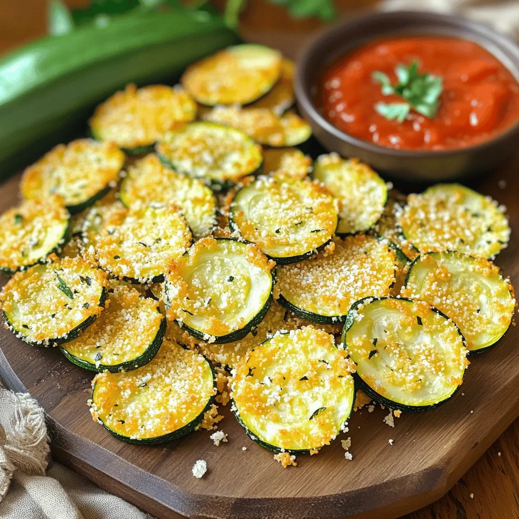 - Zucchini - Parmesan Cheese - Breadcrumbs - Olive Oil - Spices and Seasonings - Optional Garnishes To make crispy Parmesan zucchini chips, you need a few simple ingredients. The star of the show is zucchini. Choose medium-sized zucchinis, as they provide the best flavor and texture. You will also need Parmesan cheese, which adds a salty and rich taste. Next, grab some breadcrumbs. I recommend using panko breadcrumbs for that extra crunch. They make the chips even crispier, which is what we want. Olive oil is essential for coating the zucchini. It helps the cheese and breadcrumbs stick while adding a nice flavor. For spices, you will need garlic powder, onion powder, and dried oregano. These spices lift the taste and make the chips irresistible. Lastly, salt and pepper are key to enhancing all the flavors. If you want, you can add some fresh herbs as an optional garnish. Chopped parsley or basil adds color and freshness when serving. Gather these ingredients and get ready to make a tasty snack that everyone will love! You can find the full recipe in the section above. Preheating the Oven Start by preheating your oven to 225°F (110°C). This low temperature helps the chips dry out and turn crispy without burning. Preparing the Baking Sheet Next, line a baking sheet with parchment paper. This step keeps the chips from sticking and makes cleanup a breeze. Mixing the Coating In a large bowl, mix together 1 cup of grated Parmesan cheese, 1 cup of breadcrumbs, and spices. Use 1 teaspoon each of garlic powder, onion powder, and dried oregano. Add salt and pepper to your taste. Stir until everything is well blended. Coating the Zucchini Slices Take 2 medium zucchinis and slice them thinly. Drizzle 2 tablespoons of olive oil over the slices and toss them gently. Now, take each slice and dip it in your cheesy breadcrumb mix. Press lightly to make sure the coating sticks on both sides. Baking Temperature and Time Place the coated zucchini slices on the prepared baking sheet. Bake them in your preheated oven for about 1.5 hours. This long cook time helps them get nicely crispy. Flipping the Chips Halfway through baking, flip the chips. This ensures they cook evenly and both sides become golden brown. Cooling Tips Once they are done, remove the chips from the oven. Let them cool for a few minutes. This cooling time helps them become even crispier. Garnishing Options Feel free to add fresh herbs for a burst of flavor. Parsley or basil works great as a garnish. Serve your crispy zucchini chips with marinara sauce or your favorite dip for added fun. For the complete recipe, check out the full recipe above. Panko breadcrumbs make a big difference. They are light and airy. This helps the chips get super crispy. Regular breadcrumbs can make your chips dense and chewy. So, always choose panko for extra crunch. Oven temperature matters for crispiness. I recommend baking at a low temperature, around 225°F (110°C). This slow cooking helps the moisture escape. If your chips don’t get crispy, try baking a bit longer. Just keep an eye on them. You want a nice golden color. You can boost flavor easily. Try adding different herbs and spices. Basil, thyme, or even paprika can add fun notes. Mix and match to find your favorite blend. Don’t be afraid to get creative! Dipping sauces can take your chips to the next level. Marinara sauce is a classic choice. You can also try ranch or tzatziki for a fresh twist. These sauces can add flavor and fun for dipping. {{image_2}} You can switch up the veggies in this recipe. Sweet potatoes work well. They add a sweet touch and a nice crunch. Just slice them thinly, just like zucchini. Baking time may change a bit, so keep an eye on them. Eggplant is another great choice. It has a soft inside and a mild taste. Slice it thin, coat, and bake just like the zucchini. You will enjoy new flavors with these swaps. If you want to try different cheeses, cheddar or mozzarella are tasty options. Cheddar gives a sharp flavor that many love. Mozzarella adds a nice stretch and mild taste. You can mix and match these cheeses for fun. For those who prefer vegan options, look for plant-based cheeses. Many brands offer great vegan cheese that melts and crisps nicely. This way, everyone can enjoy crispy chips without missing out. For more details, check the Full Recipe. To keep your crispy Parmesan zucchini chips fresh, store them in an airtight container. Make sure the chips cool completely before sealing them. This helps prevent moisture, which can make them soggy. Place a paper towel in the container to absorb any extra moisture. How to Store Leftovers If you have leftover chips, they can last up to three days in the fridge. Just remember to keep them in that airtight container. I often use a glass jar for easy storage. Reheating Instructions To reheat, place the chips in the oven at 350°F (175°C) for about 10 minutes. This restores their crispiness. You can also use an air fryer for a quicker option. Set it to 350°F (175°C) and heat for about five minutes. Freezing Tips for Maximum Freshness If you want to save your zucchini chips for later, you can freeze them. First, let the chips cool completely. Then, lay them flat on a baking sheet and freeze for about one hour. Once frozen, transfer them to a freezer bag. Squeeze out as much air as possible before sealing. This method helps keep the chips crispy. You can freeze them for up to three months. When you’re ready to eat, bake them straight from the freezer. No need to thaw! Just add a few extra minutes to the baking time. For the full recipe, check out the earlier section. How can I make these chips in an air fryer? You can easily make these chips in an air fryer. Start by preheating it to 375°F (190°C). Prepare the zucchini slices as you would for baking. Coat them in the Parmesan mixture. Place them in the air fryer basket in a single layer. Cook for about 10-12 minutes, flipping halfway. Keep an eye on them for that perfect crisp. Can I make them ahead of time? Yes, you can make these chips ahead of time. After baking, let them cool completely. Then store them in an airtight container. They will stay fresh for about three days. If you want them crispy again, just reheat them in the oven or air fryer for a few minutes. What should I serve them with? These crispy chips pair well with many dips. A classic marinara sauce adds a nice touch. You can also serve them with ranch or garlic aioli. Fresh herbs on top make for a great garnish. Enjoy them as a snack or a side for a meal. Check out the Full Recipe for more ideas! You learned how to make crispy Parmesan zucchini chips. We covered the key ingredients, from zucchini to optional garnishes. I shared step-by-step instructions, tips for the best texture, and delicious variations. Storing your chips right ensures they stay fresh. Enjoy these chips as a tasty snack or side. Don’t hesitate to try new flavors and other veggies. You can make these chips your own, and I encourage you to explore!