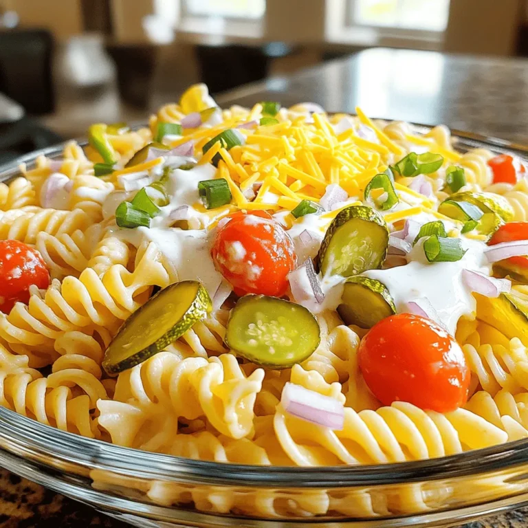 For the base of this dish, you need: - 8 oz rotini pasta - 1 cup dill pickles, diced - 1/2 cup cherry tomatoes, halved - 1/2 cup red onion, finely chopped - 1 cup cooked chicken breast, shredded (optional) - 1/2 cup ranch dressing - 1/4 cup Greek yogurt - 2 tablespoons fresh dill, chopped - Salt and pepper, to taste - 1/2 cup shredded cheddar cheese - 1/4 cup sliced scallions, for garnish These ingredients create a fresh and tasty pasta bowl. The rotini holds the dressing well, and the pickles add a fun crunch. You can add these items for extra flavor: - 1/2 cup black olives, sliced - 1/4 cup bell peppers, diced - 1 tablespoon hot sauce for a kick These optional ingredients let you customize your pasta bowl. Try them to find your favorite mix! Garnish your dish with: - Extra fresh dill - More cherry tomatoes - A sprinkle of paprika These garnishes not only make your dish look nice, but they also add more flavor. Enjoy getting creative with your toppings! For the full recipe, check out the detailed instructions. Start by boiling a large pot of salted water. The salt helps the pasta taste better. Once the water is boiling, add 8 oz of rotini pasta. Cook it according to the package instructions. You want the pasta to be firm, or al dente. After cooking, drain the pasta in a colander. Rinse it under cold water to cool it down. This step stops the cooking and helps the pasta stay firm. In a small bowl, mix together 1/2 cup of ranch dressing and 1/4 cup of Greek yogurt. Stir until the mix is smooth. Add salt and pepper to taste. Then, add 2 tablespoons of chopped fresh dill. This adds a nice, fresh flavor. Make sure to mix it well so the flavors blend nicely. In a large mixing bowl, combine the cooled pasta with diced pickles, halved cherry tomatoes, and chopped red onion. If you want, add 1 cup of shredded cooked chicken breast. Pour the dressing over the pasta mix. Toss everything together until well-coated. Once mixed, cover the bowl and put it in the fridge for at least 30 minutes. This chilling time helps the flavors meld together. When you are ready to serve, add shredded cheddar cheese and sliced scallions on top for a tasty finish. For the full recipe, check the detailed instructions above. Cooking pasta can be easy if you follow a few simple steps. Use a large pot with water. Add salt to the water for flavor. Bring it to a boil before adding the rotini. Cook it until it is al dente, about 8 to 10 minutes. This means it will be firm but not hard. Drain the pasta and rinse it with cold water. This stops the cooking and helps it cool down. The dressing is key to your Pickle Ranch Pasta Bowls. You can mix ranch dressing with Greek yogurt for creaminess. For a twist, try adding some hot sauce or lemon juice. You can use a different dressing too. Italian or vinaigrette can work well. Just remember to keep it tasty and fresh. If you have no rotini, use any pasta shape you like. Bowties or penne can be fun options. For protein, add chickpeas or tofu if you want a vegetarian dish. You can switch out dill pickles for bread-and-butter pickles for a sweeter taste. Feel free to get creative with your ingredients! {{image_2}} You can make this dish vegetarian by skipping the chicken. Instead, add more veggies. Try bell peppers, zucchini, or even spinach. These add color and taste. You can also use chickpeas for protein. They bring a nice texture and flavor. This way, everyone can enjoy the pasta bowls. If you love heat, add jalapeños to your pasta. Slice fresh jalapeños and mix them in with the other ingredients. You can also use pickled jalapeños for a milder kick. This option gives a zesty punch that pairs well with the ranch. It makes every bite exciting and bold. While rotini works well, feel free to swap it out. Penne or fusilli are great choices. They hold the dressing and flavors nicely. You can even use gluten-free pasta if needed. Each shape brings a new feel to the dish. Experiment and find your favorite! To keep your Pickle Ranch Pasta Bowls fresh, store them in an airtight container. This helps prevent the pasta from drying out. Make sure to let the pasta cool completely before sealing it. If you plan to store leftovers, keep them in the fridge. These bowls taste best within a few days. Reheating your pasta bowls is simple. You can use the microwave or stovetop. If using a microwave, place the pasta in a bowl and cover it. Heat in short bursts, stirring often. For stovetop, add a splash of water to a pan. Heat on low, stirring until warm. This keeps the pasta moist and tasty. When stored properly, Pickle Ranch Pasta Bowls last about 3 to 4 days in the fridge. After that, the flavors may change. Always check for any signs of spoilage before eating. If you want to keep them longer, consider freezing them. However, freezing may alter the texture of the pasta. Yes, you can make Pickle Ranch Pasta Bowls ahead. This dish tastes great when chilled. It allows the flavors to mix well. Make it a few hours in advance or even the night before. Just keep it in the fridge in a sealed container. Before serving, give it a gentle stir to mix the ingredients. Dill pickles work best for this recipe. Their tangy flavor balances the creaminess of the ranch dressing. You can also try bread and butter pickles for a sweeter taste. Just remember to chop them into small pieces. This helps them blend in well with the pasta. To make Pickle Ranch Pasta Bowls healthier, use whole grain rotini. This adds fiber to your meal. You can also reduce the ranch dressing. Try using Greek yogurt only or a lighter dressing. Add more veggies, like bell peppers or spinach, for extra nutrition. These swaps keep the dish tasty while being a bit healthier. Pickle Ranch Pasta Bowls are easy and fun to make. We covered the key ingredients, from necessary to optional ones. You learned step-by-step how to cook the pasta, make the dressing, and chill everything together. We shared tips for cooking perfect pasta and creative variations, like vegetarian and spicy options. Finally, we discussed how to store leftovers properly. Experiment with flavors and make this dish your own! Picking the right ingredients can make a big difference, so get creative! Enjoy your cooking!