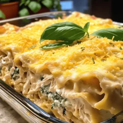 - 9 lasagna noodles - 2 cups cooked chicken breast, shredded - 2 cups ricotta cheese - 2 cups Alfredo sauce (store-bought or homemade) - 2 cups mozzarella cheese, shredded - 1 cup grated Parmesan cheese - 1 cup fresh spinach, chopped - 2 cloves garlic, minced - 1 teaspoon Italian seasoning - Salt and pepper to taste - Fresh basil leaves for garnish (optional) In this creamy Chicken Alfredo lasagna, the main ingredients work together to create a rich flavor. First, the lasagna noodles form the base of your dish. I recommend using regular noodles for the best texture. Next, shredded chicken adds protein and heartiness. Cooked chicken breast is perfect as it stays moist and tender. Ricotta cheese brings creaminess and a soft texture that balances the dish. Now, for the additional ingredients. I love using Alfredo sauce, either store-bought or homemade, for its rich, buttery taste. Mozzarella cheese is essential for that gooey, stretchiness you crave in lasagna. Lastly, Parmesan adds a sharp, salty note that elevates the overall flavor. For seasoning, fresh spinach gives a pop of color and nutrition. Garlic adds a savory kick, while Italian seasoning brings warmth and depth. Don’t forget salt and pepper to really bring all the flavors together. If you want to make your dish look beautiful, fresh basil leaves are a nice touch on top. This combination of ingredients makes Chicken Alfredo lasagna a tasty meal for family and friends. For the complete recipe, check the Full Recipe section. - First, preheat your oven to 375°F (190°C). - Next, cook the lasagna noodles according to package instructions. Drain them and set aside. - In a medium bowl, mix the ricotta cheese with minced garlic, Italian seasoning, salt, and pepper. Stir until well combined. - Spread about ½ cup of Alfredo sauce on the bottom of a 9x13-inch baking dish. - Place three noodles over the sauce. Add half of the chicken mixture, half of the ricotta mixture, and one third of the shredded mozzarella. - Repeat this process. Add three more noodles, the remaining chicken mixture, the remaining ricotta mixture, and another third of the mozzarella. - For the final layer, place the last three noodles on top. Spread the remaining Alfredo sauce over the noodles. Sprinkle the rest of the mozzarella and Parmesan cheese. - Cover the dish with aluminum foil and bake in the preheated oven for 25 minutes. - After 25 minutes, remove the foil. Bake for an additional 15-20 minutes. This helps the cheese become bubbly and golden brown. - After baking, let the lasagna rest for about 10 minutes before slicing. Enjoy your creamy Chicken Alfredo Lasagna! For the complete details, check out the Full Recipe. To prevent noodles from sticking, add a bit of oil to the water when boiling. Stir the noodles well while cooking. After cooking, rinse them under cold water. This helps stop the cooking process and keeps them from sticking together. For even cooking, ensure you layer the ingredients evenly. Spread the chicken and ricotta mixtures flat. This way, every bite gets the same great flavor. Use a spatula to gently press down on the layers. It helps them bind together during baking. To boost flavor, consider adding fresh herbs like basil or parsley. They add a nice touch and freshness. You can also sprinkle some red pepper flakes for a little heat. If you like a zesty taste, try adding lemon zest to your Alfredo sauce. For homemade Alfredo sauce, use butter, cream, and Parmesan cheese. Melt the butter, then add cream. Stir in the cheese until it melts. You can add garlic or nutmeg for extra depth. This simple sauce is rich and creamy, perfect for your lasagna. Serve Chicken Alfredo Lasagna with a light side salad. A mix of greens with a tangy vinaigrette works well. Breadsticks or garlic bread also make a great pair. They help soak up that creamy sauce. When it comes to drinks, a crisp white wine like Pinot Grigio pairs nicely. If you prefer non-alcoholic options, try sparkling water with lemon. It refreshes your palate after each cheesy bite. {{image_2}} You can switch proteins in this dish. Try turkey or sausage instead of chicken. If you want a veggie option, use mushrooms or spinach as the main ingredient. You can also make a dairy-free version. Just use plant-based cheese instead of ricotta and mozzarella. This makes the dish creamy without dairy. The sauce can change the flavor. You can use different white sauces, like bechamel or even pesto. Each sauce brings a new taste. If you love tomato, try a tomato-based version. It offers a fresh twist on the classic recipe. Want a lighter meal? You can make a low-carb lasagna. Instead of noodles, slice zucchini or eggplant. This keeps the dish hearty without all the carbs. You can also reduce the cheese to make it lighter. Less cheese still tastes great, but cuts down on calories. To keep your Chicken Alfredo Lasagna fresh, store leftovers in an airtight container. Make sure the lasagna cools down before covering it. This helps prevent moisture build-up and sogginess. You can also wrap it tightly with plastic wrap or aluminum foil. If you want to freeze it, cut the lasagna into portions. Place each piece in a freezer-safe bag or container. This makes it easy to grab just the right amount later. The best way to reheat lasagna is in the oven. Preheat your oven to 350°F (175°C). Place the lasagna in an oven-safe dish. Cover it with foil to keep it moist. Bake for about 20-25 minutes or until heated through. You can also reheat it in the microwave. Use a microwave-safe plate and cover it with a lid. Heat in 1-minute increments until warm. This keeps the cheese from getting too rubbery. Chicken Alfredo Lasagna lasts about 3-5 days in the fridge. If you freeze it, it can last up to 3 months. Check for signs of spoilage. Look for an off smell or mold on the surface. If the cheese is dry or hard, it may not taste good. Always trust your senses when checking food freshness. For the full recipe, refer to the section above. Can I make Chicken Alfredo Lasagna ahead of time? Yes, you can prepare Chicken Alfredo Lasagna ahead of time. Assemble it and cover it well. Store it in the fridge for up to 24 hours. When ready to bake, you may need to add extra time to the cooking. How do I know when the lasagna is done? You can tell when the lasagna is done by checking the cheese. It should be bubbly and golden brown. Use a knife to cut into the lasagna. The filling should be hot and not cold. Can I use no-boil lasagna noodles? Yes, no-boil lasagna noodles work great in this recipe. Just layer them like regular noodles. The sauce will cook them as the lasagna bakes. How can I make this recipe gluten-free? To make this dish gluten-free, use gluten-free lasagna noodles. Many brands offer tasty options that fit well. Always check the labels to ensure they meet your needs. What is the calorie count per serving? Each serving of Chicken Alfredo Lasagna has about 450 calories. This can vary based on the brands of ingredients used. For exact numbers, check your specific brands. Does this dish have a lot of protein? Yes, this dish is high in protein. Each serving contains around 30 grams of protein. The chicken and cheese add a great protein boost to your meal. For the full recipe, please refer to the section above. In this guide, we explored the tasty world of Chicken Alfredo Lasagna. I shared essential ingredients and step-by-step instructions for making this dish. You learned tips for enhancing flavors and variations to suit your taste. Proper storage and reheating methods were also covered to help you enjoy leftovers. Now, you can create this meal with confidence. It's easy, delicious, and sure to impress! Enjoy your cooking adventure.
