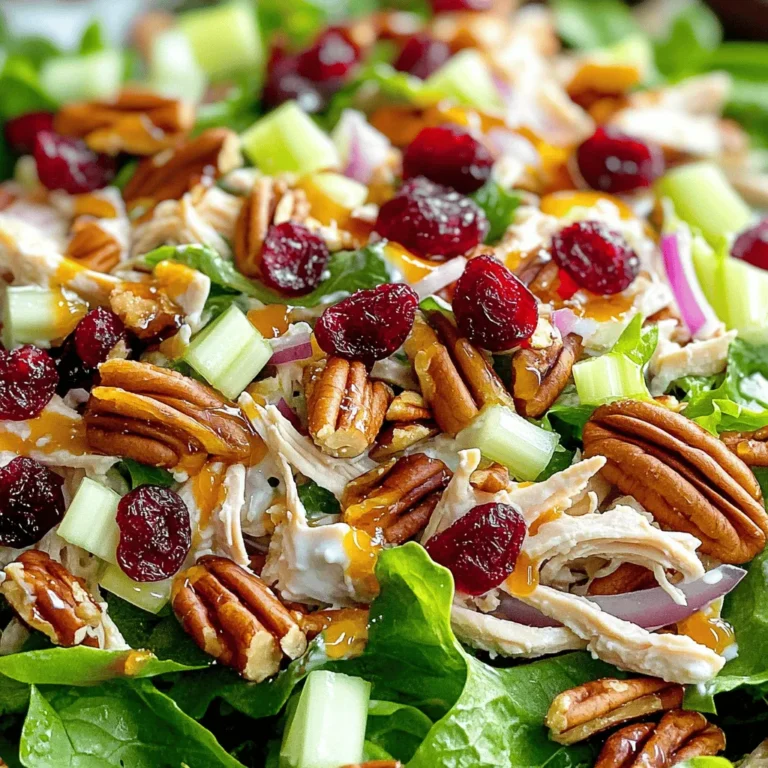 - 2 cups cooked chicken (shredded or diced) - 1/2 cup dried cranberries - 1/2 cup pecans (chopped) - 1/2 cup celery (finely chopped) - 1/4 cup red onion (finely chopped) - 1/2 cup Greek yogurt (or mayonnaise) - 1 tablespoon honey - 1 tablespoon apple cider vinegar - Salt and pepper (to taste) - Mixed greens or lettuce To make a tasty cranberry pecan chicken salad, gather these ingredients. You can use leftover chicken or rotisserie chicken for ease. I love the sweetness of the dried cranberries mixed with the crunch of the pecans. They add great texture and flavor. The celery and red onion offer a fresh crunch and a bit of bite. For the dressing, I often choose Greek yogurt. It makes the salad creamy while keeping it light. Honey adds a touch of sweetness. Apple cider vinegar brightens the flavor. Adjust salt and pepper to your taste. If you want to serve it, lay the salad on mixed greens or lettuce. This adds color and freshness to your plate. You can find the full recipe in the main article. Happy cooking! - Combine the chicken, cranberries, pecans, celery, and red onion in a mixing bowl. - Prepare the dressing by whisking together yogurt, honey, apple cider vinegar, salt, and pepper. To start, take your cooked chicken and chop or shred it into bite-sized pieces. I love using rotisserie chicken for its flavor and ease. Next, toss in the dried cranberries, chopped pecans, finely chopped celery, and red onion. This mix gives a nice crunch and sweetness. For the dressing, grab a small bowl. Whisk your Greek yogurt, honey, and apple cider vinegar until smooth. Add salt and pepper to your taste. This dressing is creamy and tangy, perfect for our salad. - Pour dressing over chicken mixture and toss until well coated. - Taste and adjust seasoning as necessary. Now, pour the dressing over the chicken mixture. Toss everything together gently. You want each piece of chicken and veggie to be coated well. After mixing, taste your salad. If it needs more flavor, add a pinch of salt, pepper, or honey. - Serve on a bed of mixed greens or as a sandwich filling. For serving, I suggest laying down a bed of mixed greens. This adds color and freshness. You can also scoop the salad into a sandwich. Use your favorite bread for a quick and tasty lunch. Check out the Full Recipe for more options! For the best chicken, I suggest using rotisserie chicken. It saves time and adds great flavor. You can also grill chicken breasts for a healthier option. Look for high-quality cranberries. Choose ones that are soft and plump, as they add sweetness and texture. Fresh pecans are key too. They should smell nutty and taste crisp. Avoid old or stale nuts for the best crunch. Adjust the sweetness and saltiness to fit your taste. If you like it sweeter, add more honey. For saltiness, a pinch of salt can enhance the flavor. If the dressing feels too thick, stir in a splash of water or vinegar. This helps create the right consistency. Aim for a creamy, yet spreadable dressing that coats all the ingredients well. To make your salad pop, add colorful garnishes. Fresh herbs like parsley or dill look great on top. You can also sprinkle extra pecans for crunch. Use vibrant vegetables like red bell peppers or carrots mixed in. This adds nutrition and makes each bite more exciting. Serve the salad on a large platter for a beautiful display. It will impress your guests and make the meal feel special. Check out the [Full Recipe](#) to get started on this tasty dish! {{image_2}} You can make this salad your own by switching up a few ingredients. If you want a lighter dressing, use Greek yogurt instead of mayo. This keeps it creamy but cuts down on calories. You can also try different nuts or fruits. Walnuts add a nice crunch. Sliced apples will give a sweet and crisp bite. If you need a gluten-free option, this salad is perfect. All its ingredients are naturally gluten-free. Just make sure any added items, like nuts or dressings, are safe too. You can also make this salad vegan. Replace the chicken with chickpeas or tofu. Swap Greek yogurt for a plant-based yogurt. It keeps the creaminess while being kind to all diets. To spice things up, you can add curry powder or chili flakes. These spices will give your salad an exciting twist. Fresh herbs can also boost the flavor. Chopped parsley or dill adds a refreshing taste. This makes each bite more delightful and aromatic. The cranberry pecan chicken salad stays fresh in the fridge for about three days. Store it in an airtight container to keep it from drying out. Glass or plastic containers with tight lids work best. This helps keep the flavors intact and stops odors from other foods. You can freeze this chicken salad, but it may change the texture. If you freeze it, use an airtight container or freezer bag. When you're ready to eat, thaw it in the fridge overnight. Avoid using a microwave to thaw, as it can make the chicken rubbery. To prepare in advance, mix all the salad ingredients except the dressing. Store the dressing separately to keep the salad crisp. Portion the salad into single servings using small containers. This makes it easy to grab and go during busy days. How to make cranberry pecan chicken salad ahead of time? You can easily prepare this salad ahead of time. Just make the salad and store it in the fridge. Keep the dressing separate until you are ready to serve. This keeps the salad fresh and crunchy. Can I use canned chicken for this recipe? Yes, you can use canned chicken. It saves time and is convenient. Just drain and rinse the chicken before adding it to the salad. This works well if you’re in a hurry. What can I serve with cranberry pecan chicken salad? This salad is great on its own. You can serve it with mixed greens or in a sandwich. It pairs well with a light soup or some fruit on the side. Approximate calorie count per serving Each serving has around 350 calories. This makes it a filling yet healthy meal option. Breakdown of main nutrients - Protein: 30 grams - Fats: 15 grams - Carbohydrates: 25 grams This balance provides energy and supports a healthy diet. Alternatives for common allergens in the recipe If you have nut allergies, skip the pecans. You can use sunflower seeds instead. For dairy allergies, replace Greek yogurt with a dairy-free option like cashew cream. Tips for ensuring no cross-contact for allergies Always wash your hands and tools before cooking. Use separate cutting boards for different ingredients. This helps prevent cross-contact and keeps your food safe. You learned how to make a tasty cranberry pecan chicken salad. This dish combines chicken, cranberries, and nuts for a delightful mix. I shared tips on ingredient selection, adding flavors, and making it look appealing. You also discovered how to store the salad and variations to fit different diets. Remember, this recipe is simple and versatile. Enjoy making it your own with different flavors and ingredients. It's sure to be a hit at your next meal. Happy cooking!