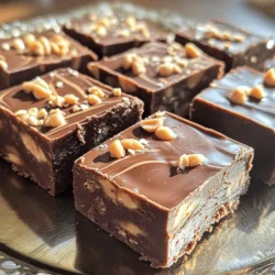 - 2 cups semi-sweet chocolate chips - 1 cup creamy peanut butter - 1 can (14 oz) sweetened condensed milk - 1 teaspoon vanilla extract - ½ cup powdered sugar - A pinch of sea salt Alternatives for chocolate chips If you want a different taste, you can use dark chocolate chips or milk chocolate. Both will give you a sweet treat, but the flavor will change slightly. Options for nut butter replacements You can swap creamy peanut butter for almond or cashew butter. These will give your fudge a new flavor and texture. How to make it dairy-free To make this fudge dairy-free, use dairy-free chocolate chips and coconut milk instead of sweetened condensed milk. This keeps the taste creamy without any dairy. - Step 1: Prepare the Baking Dish Line an 8x8 inch square baking dish with parchment paper. Leave some overhang for easy removal later. Set the dish aside. - Step 2: Melt the Chocolate In a medium saucepan over low heat, combine 2 cups of semi-sweet chocolate chips with 1 can of sweetened condensed milk. Stir continuously until the mixture is smooth and fully melted. Remove from heat. - Step 3: Add Peanut Butter and Flavor Stir in 1 cup of creamy peanut butter and 1 teaspoon of vanilla extract into the melted chocolate mixture. Mix until well combined. Make sure there are no lumps of peanut butter. - Step 4: Incorporate Powdered Sugar Sift ½ cup of powdered sugar into the chocolate-peanut butter mixture to avoid lumps. Gently fold it in until fully incorporated. This gives the fudge a rich, smooth texture. - Step 5: Season and Combine Add a pinch of sea salt. Mix again for a well-balanced sweet flavor. - Step 6: Transfer to Baking Dish Pour the fudge mixture into the prepared baking dish. Use a spatula to smooth the top and create an even layer. - Step 7: Chill and Slice Place the fudge in the refrigerator for at least 2 hours to set. It should firm up nicely. Once set, use the parchment paper to lift the fudge out of the dish. Cut into squares as large or small as you prefer. For the full recipe, refer to the earlier section. To make the best chocolate peanut butter fudge, avoid common mistakes. First, always melt your chocolate slowly. High heat can burn it and ruin your fudge. Use low heat and stir often to keep it smooth. Next, pay attention to the texture. The right fudge should be creamy and not too soft. If your fudge is too soft after chilling, it likely needs more powdered sugar. This helps firm it up. When serving fudge, presentation matters. Use a nice platter or a decorative box. Garnish with crushed peanuts on top. A drizzle of melted chocolate adds flair, too. For pairing ideas, enjoy your fudge with a glass of cold milk or coffee. The rich flavors work well together. You can even serve it with fresh fruit for a tasty contrast. For the complete instructions, check out the Full Recipe. {{image_2}} You can change the taste of your fudge in fun ways. Adding nuts or chocolate chunks gives it more texture and flavor. I love using chopped walnuts or pecans. They add a nice crunch that pairs well with the creamy fudge. You can also sprinkle in some mini chocolate chips. They melt slightly and create little pockets of rich chocolate. If you're feeling adventurous, try swapping out peanut butter for other nut butters. Almond butter or cashew butter works great too. Each nut butter brings its own unique taste. You might find that a mix of nut butters is your new favorite. If you're on a keto diet, you can still enjoy this fudge. Use sugar-free chocolate chips and a low-carb nut butter. This way, you can satisfy your sweet tooth without the carbs. Just make sure the sweeteners you choose fit your diet. For a vegan option, replace the sweetened condensed milk with coconut cream. You can also use dairy-free chocolate chips. This makes it easy to enjoy the creamy fudge while sticking to a vegan diet. It's just as rich and tasty, and your friends won't even notice the difference! You can find the full recipe at the beginning of the article to get started on your fudge journey! To keep your fudge fresh, store it in an airtight container. This will help retain its rich, creamy texture. You can keep it at room temperature for up to a week. If you live in a warm area, the fridge is a better option. It will last about two weeks in the fridge. Just make sure to wrap it well to avoid drying out. You can freeze chocolate peanut butter fudge for long-term storage. Cut it into squares and place them in a single layer in a freezer-safe container. Add wax paper between layers to prevent sticking. The fudge can stay frozen for up to three months. When you're ready to enjoy it, take out only what you need. Let it thaw in the fridge for a few hours. For the best taste, avoid thawing it at room temperature. This keeps the texture smooth and creamy. How long does chocolate peanut butter fudge last? Chocolate peanut butter fudge lasts about two weeks at room temperature. Keep it in an airtight container. In the fridge, it can last up to a month. For best taste, eat it fresh! Can I use crunchy peanut butter instead of creamy? Yes, you can use crunchy peanut butter. It adds fun texture and a nutty bite. Just make sure it mixes well with the chocolate for a smooth fudge. How do I know when the fudge is fully set? The fudge is set when it feels firm to the touch. It should not stick to your fingers. If it’s still soft, give it more time in the fridge. What to do if fudge doesn’t set properly? If your fudge doesn't set, it may need more time in the fridge. If it’s still soft after a few hours, you can reheat it gently and add more powdered sugar, then cool it again. How to fix a grainy texture? A grainy texture often comes from not melting the chocolate enough. To fix this, briefly heat the fudge mixture over low heat. Stir until smooth, then cool again. Caloric content and nutrition breakdown per serving Each square of fudge has around 150 calories. It includes fat, carbs, and some protein from the peanut butter. For a richer view, check nutrition labels for exact details. Allergens and dietary considerations This fudge contains peanuts and dairy. If you have allergies, look for nut-free or dairy-free options. Always check ingredient labels before cooking. This blog post showed you how to make tasty chocolate peanut butter fudge. You learned about key ingredients, how to swap them, and step-by-step instructions. I also shared tips to avoid mistakes and offered serving ideas. You can even find variations for different diets and how to store or freeze your fudge. In short, making fudge is fun and easy. With practice, you'll impress everyone with your delicious treats. Enjoy sharing your creations!
