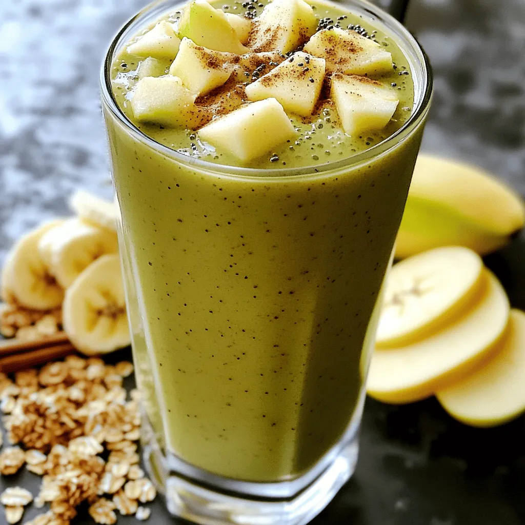 To make a tasty Apple Cinnamon Breakfast Smoothie, gather these key items: - 1 large apple, cored and chopped (preferably a sweet variety like Fuji or Honeycrisp) - 1 banana, frozen - 1 cup rolled oats - 1 cup unsweetened almond milk (or any milk of choice) - 1 teaspoon ground cinnamon - 1 tablespoon honey or maple syrup (adjust to taste) These ingredients blend well together. The apple gives a fresh taste. The banana adds natural sweetness. Oats give it a creamy texture and keep you full. For extra flavor or nutrition, consider these options: - 1 tablespoon chia seeds (for added nutrition) - A pinch of nutmeg (for a warm flavor) - Ice cubes (for desired thickness) Chia seeds boost fiber and protein. Nutmeg adds warmth, while ice cubes make your smoothie extra cold. Choosing the right ingredients matters. Pick a ripe apple for the best flavor. If you like sweetness, use a Fuji or Honeycrisp apple. For the banana, a frozen one makes the smoothie creamy. Use unsweetened almond milk to keep it healthy. Always check the date on rolled oats; fresh oats taste better. Make your smoothie fun and tasty with these choices! For the full recipe, check out the [Full Recipe]. To start, gather your ingredients. You need: - 1 large apple, cored and chopped - 1 frozen banana - 1 cup rolled oats - 1 cup almond milk - 1 teaspoon ground cinnamon - 1 tablespoon honey or maple syrup - 1 tablespoon chia seeds (optional) - A pinch of nutmeg - Ice cubes (optional) First, wash your apple well. Then, core it and chop it into small pieces. This helps it blend smoothly. Next, take a banana from the freezer. A frozen banana makes your smoothie creamy and cold. Now, it’s time to blend! In your blender, add all the prepared ingredients. Place the chopped apple, frozen banana, rolled oats, and almond milk in first. Then, add the ground cinnamon, honey or maple syrup, chia seeds, and nutmeg. Blend on high speed until the mix is smooth and creamy. If you want a thicker smoothie, add a few ice cubes and blend again. Taste your smoothie. If it needs more sweetness, feel free to add more honey or maple syrup. Pour your smoothie into a glass. If you’re in a hurry, use a portable travel cup. For a fun touch, sprinkle some extra cinnamon on top. You can also add granola for crunch or serve with apple slices on the side for extra freshness. Enjoy your Apple Cinnamon Breakfast Smoothie! For the complete details, check [Full Recipe]. This smoothie is not just tasty; it packs some great health perks. Apples are rich in fiber, which helps with digestion. They also have vitamin C, which keeps your immune system strong. Bananas add potassium, great for heart health. Oats provide energy and help keep you full. Chia seeds boost omega-3s and add extra fiber, making this drink a powerhouse. You can easily make this smoothie your own. Want a creamier texture? Use Greek yogurt instead of almond milk. If you like nuts, add a spoonful of almond or peanut butter. For extra sweetness, toss in a date or two. Want more spice? Try adding cardamom or ginger. The options are endless! To get the right texture, start with the frozen banana. It makes your smoothie thick and cold. If it’s too thick, add more almond milk a little at a time. If you want it thicker, just blend in some ice cubes. Always taste before you pour. Adjust the sweetness or spice as needed. This way, you’ll always have a smoothie that feels just right. For the full recipe, check out the details above! {{image_2}} You can mix up your apple cinnamon breakfast smoothie with different fruits. Try adding a pear for a fresh twist. You can also use a handful of spinach for extra greens. If you want a nutty taste, add some almond butter or peanut butter. These options give your smoothie a new flavor and keep it fun! This smoothie is easy to make dairy-free and vegan. Just use almond milk or oat milk instead of cow's milk. Maple syrup can replace honey for sweetness. This way, you keep the taste while sticking to your diet. It’s a great way to enjoy a healthy breakfast without any animal products. As the seasons change, so can your smoothie! In fall, add pumpkin puree and a little ginger for warmth. In winter, use a frozen berry mix for a fruity kick. In spring and summer, fresh berries or peaches can add a bright taste. These swaps keep your smoothie exciting year-round! You can find the full recipe for this delicious apple cinnamon breakfast smoothie above. If you have leftover smoothie, pour it into a clean jar. Seal it tightly and store it in the fridge. It will stay fresh for up to 24 hours. When you are ready to drink it, give it a good shake. The ingredients may separate, so mixing helps. You can freeze ingredients for your smoothie. Chop and place your apples and bananas in freezer bags. Lay the bags flat in your freezer. When you want to make the smoothie, just take out what you need. Frozen fruit makes your smoothie cold and thick. To keep your ingredients fresh, store them properly. Keep apples in a cool place away from sunlight. Place bananas on the counter but use them before they get too ripe. Store rolled oats in an airtight container. This way, you can enjoy your smoothie with fresh-tasting flavors every time. This smoothie packs a punch of good nutrition. It has fiber from oats and apples. Fiber helps with digestion and keeps you full. The banana adds potassium, which is great for your heart. Almond milk provides a low-calorie base, and chia seeds are full of omega-3s. Honey or maple syrup gives a touch of sweetness without too many calories. Overall, this smoothie is a tasty way to start your day with healthy energy. Yes, you can make this smoothie ahead of time. Blend it the night before and store it in the fridge. Just keep it in a sealed container. When you're ready to drink it, shake it up or give it a quick blend to mix it again. If you want to keep it fresh for longer, you can freeze it in ice cube trays. Just pop out a few cubes when you want a quick smoothie. If your smoothie is too runny, there are easy ways to thicken it. You can add more oats or a handful of ice cubes. Frozen fruits, like more banana, will also help. If you like, add a tablespoon of chia seeds. They soak up liquid and make the smoothie thicker. Blend again until you reach your desired thickness. Each method adds nutrition while giving you that creamy texture you want. This blog post explored essential and optional ingredients for smoothies. I shared tips for choosing the best options and offered helpful preparation steps. You learned about blending and serving, along with tricks for health benefits and customization. Variations, storage info, and answers to common questions round out the guide. Creating the perfect smoothie can be simple and fun. Enjoy experimenting with flavors, textures, and nutrients to suit your taste and health needs. Your journey to smoothie mastery starts now!