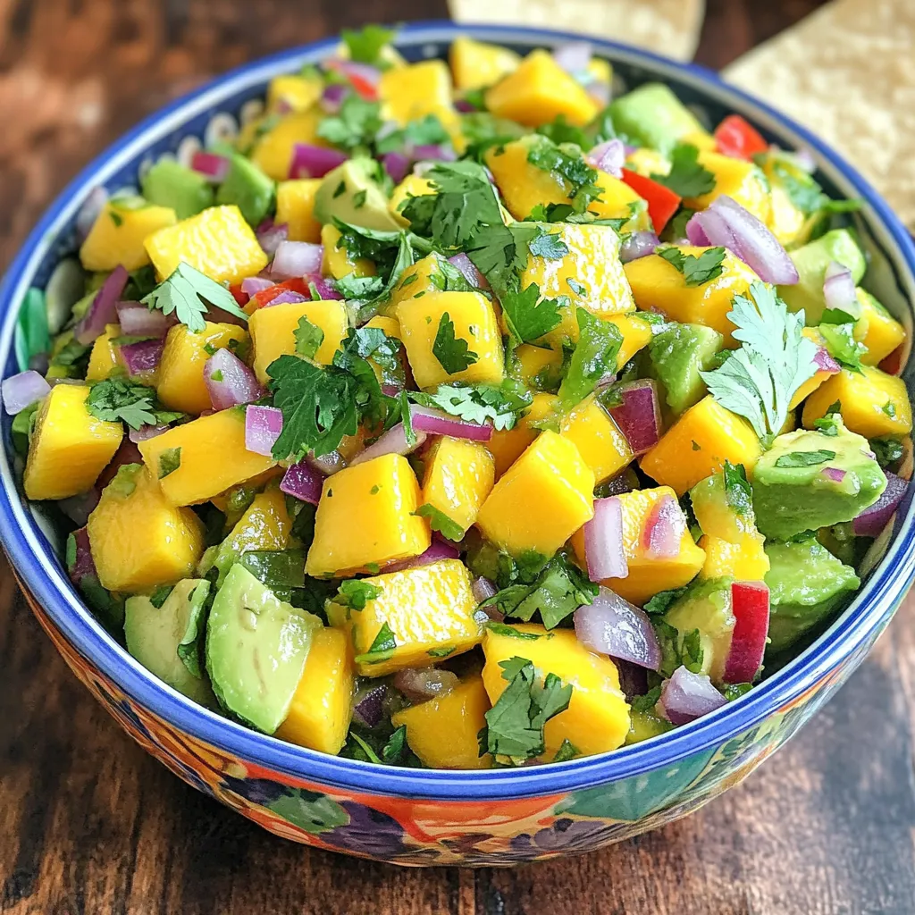 For this Mango Avocado Salsa, I keep it simple yet fresh. Here’s what you need: - Ripe mango, diced - Avocados, diced - Red onion, finely chopped - Red bell pepper, diced - Jalapeño, seeded and minced - Fresh cilantro, chopped - Lime juice - Honey (or agave syrup) - Salt and pepper to taste Each ingredient adds its own flair. The ripe mango gives sweetness, while the avocado adds creaminess. Red onion and bell pepper add crunch. Jalapeño brings heat, and cilantro gives it a fresh taste. Lime juice brightens it all up. Honey adds a hint of sweetness, balancing the flavors. Don't forget salt and pepper for the final touch! I love how every bite bursts with flavor. This salsa pairs well with many dishes. You can serve it with chips or on grilled meats. You can find the full recipe above to help you create this delightful dish. To start, you need to peel and dice the mango. Cut the mango in half, remove the pit, and slice the flesh into cubes. Use a sharp knife to get nice pieces. Next, dice the avocados. Cut them in half, remove the pit, and scoop the flesh out. Chop the red bell pepper in small pieces. Then, finely chop the red onion. For some heat, take the jalapeño, remove the seeds, and mince it well. In a large mixing bowl, combine the diced mango, avocados, red onion, red bell pepper, and minced jalapeño. Mix these fresh fruits and vegetables gently. This helps keep the avocado pieces intact. Now, add chopped cilantro to the bowl. The cilantro adds a nice touch and fresh flavor. In a small bowl, whisk together the juice of two limes and one tablespoon of honey. Mix it until well combined. This dressing will brighten the salsa. Pour this mixture over your salsa ingredients. It gives the salsa a tasty zing. Gently toss all the ingredients together. You want everything mixed but not mushy. Next, season the salsa with salt and pepper to taste. This is where you adjust the flavors. Let the salsa sit for about 10-15 minutes. This resting time helps all the flavors meld together. You can find the full recipe at the beginning of this article. - Choosing ripe ingredients: For a great salsa, start with ripe mangoes and avocados. Look for mangoes that feel slightly soft when you press them. Avocados should yield gently to pressure. This ensures a creamy texture and sweet flavor. - Preventing avocado browning: To keep your avocado green, use lime juice. The acid slows down browning. If you have leftover salsa, cover it tightly with plastic wrap. Press the wrap onto the surface to limit air exposure. This helps keep it fresh longer. - Best ways to present the salsa: Serve your salsa in a bright bowl to make it pop. Add a garnish of cilantro on top for color. This makes your dish look even more appealing and fresh. - Pairing with main dishes: Mango avocado salsa pairs well with many meals. Use it as a topping for grilled fish or chicken. It also tastes great with tacos or served with tortilla chips for a fun appetizer. - Additional spices or herbs to try: Consider adding chopped mint or basil for a twist. A pinch of cumin can boost the flavor too. Experiment to find what you like best. - Adjusting heat levels: If you want more heat, add more jalapeño or try a serrano pepper. For less heat, remove the seeds and membranes from the jalapeño. You can also use bell peppers for a milder taste without losing the crunch. For the complete recipe, check out the [Full Recipe]. {{image_2}} You can make mango avocado salsa even more fun by adding other fruits. Pineapple and kiwi pair well with mango. They add sweetness and a nice tang. You can also use papaya for a unique taste. Adding beans can boost the protein in your salsa. Black beans or chickpeas are great choices. They also add more texture and make your salsa heartier. Spice is all about personal taste. You can use mild peppers like poblano for less heat. If you want more kick, add serrano or habanero peppers. You can also change heat levels by removing seeds from your peppers. This will make your salsa less spicy. Another option is to use a dash of hot sauce for a quick heat boost. Making this salsa vegan is easy. Just swap honey for agave syrup. It keeps the sweet flavor without any animal products. If you have gluten issues, you are in luck. This salsa is naturally gluten-free. You can enjoy it without worry. It’s also a great choice for many diets, making it very versatile. Explore these variations to keep your mango avocado salsa fresh and exciting! For the complete recipe, check the [Full Recipe]. To keep your mango avocado salsa fresh, store it in the fridge. Use an airtight container. This helps keep moisture out. If you don't have one, use plastic wrap tightly over the bowl. This works too. How long is salsa good for? Fresh mango avocado salsa lasts about 2 to 3 days in the fridge. After that, you may notice changes. Signs of spoilage include: - Change in color - Unpleasant smell - Slimy texture If you see any of these signs, it's best to throw it away. Can you freeze mango avocado salsa? Yes, but note that the texture may change. To freeze it, first blend the salsa until smooth. Pour it into a freezer-safe container. Leave some space at the top for expansion. You can freeze it for up to 3 months. When you are ready to eat it, thaw it in the fridge overnight. For best texture, after thawing, stir in fresh diced avocado again. Enjoy your salsa with a burst of fresh flavor! For the full recipe, check out the details above. To stop avocados from browning, use lime juice. The acid in lime juice slows down browning. As you prepare the salsa, add lime juice right after dicing the avocados. This keeps them fresh and green. Yes, you can make this salsa ahead of time. However, it's best to mix the avocados and lime juice just before serving. If you mix too early, the avocados may brown. Store the salsa in a sealed container in the fridge. If you want a substitute for honey, use agave syrup. It gives a similar sweetness. You can also use maple syrup or even a bit of sugar. These options work well without changing the flavor much. Mango Avocado Salsa tastes great at room temperature. Let it sit for 10-15 minutes after mixing. This time allows the flavors to blend. However, you can also chill it in the fridge if you prefer a cold salsa. Check the [Full Recipe] for more details. This blog post covered how to make a fresh Mango Avocado Salsa. You learned about the key ingredients and easy steps to prepare it. Remember to choose ripe items for the best flavor. I shared tips to keep your salsa fresh and tasty, plus many fun variations to try. Finally, I provided useful storage info to help you enjoy your salsa longer. With these insights, you can create a delicious dish that wins every time. Happy salsa making!
