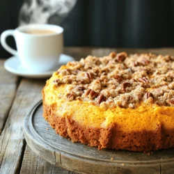 - 2 cups all-purpose flour - 1 teaspoon baking powder - 1 teaspoon baking soda - 1 teaspoon ground cinnamon - 1/2 teaspoon ground nutmeg - 1/2 teaspoon salt - 3/4 cup granulated sugar - 1/2 cup packed brown sugar - 1/2 cup unsalted butter, softened - 2 large eggs - 1 cup canned pumpkin puree - 1/4 cup milk - 1 teaspoon vanilla extract For the Pecan Streusel Topping: - 1/2 cup all-purpose flour - 1/2 cup chopped pecans - 1/2 cup brown sugar - 1/2 teaspoon ground cinnamon - 1/4 cup unsalted butter, melted The flour gives structure to the cake. I prefer all-purpose flour for a light texture. Baking powder and baking soda help the cake rise, making it fluffy. Ground cinnamon and nutmeg add warm spices that remind us of fall. Salt balances the sweetness in this treat. I use granulated sugar for sweetness and brown sugar for a rich, caramel flavor. The unsalted butter keeps the cake moist and adds a creamy taste. Eggs act as a binder, helping to hold everything together. Canned pumpkin puree gives moisture and a lovely pumpkin flavor. Milk helps mix and keep the batter smooth, while vanilla extract adds a nice touch of sweetness. For the pecan streusel topping, I use more flour, chopped pecans for crunch, and brown sugar for sweetness. Ground cinnamon in the streusel brings the flavors together, while melted butter makes it crumbly. If you need a gluten-free option, substitute the all-purpose flour with a gluten-free blend. For a dairy-free cake, use coconut oil instead of butter and almond milk for the milk. You can also replace eggs with flax eggs. To make a vegan version, use a plant-based butter and skip the eggs. If you want less sugar, try using a sugar substitute or applesauce. First, set your oven to 350°F (175°C). This is the perfect temperature for baking. While it heats up, grab a 9x13 inch baking pan. Grease it well with butter and sprinkle flour all around. This step helps the cake come out easily after baking. In a medium bowl, mix the dry ingredients. Combine 2 cups of flour, 1 teaspoon of baking powder, and 1 teaspoon of baking soda. Add 1 teaspoon of ground cinnamon, 1/2 teaspoon of nutmeg, and 1/2 teaspoon of salt. Stir these together and set aside. In a larger bowl, beat 1/2 cup of softened butter and 3/4 cup of granulated sugar with an electric mixer. Once it’s light and fluffy, add 1/2 cup of brown sugar. Mix well. Next, add 2 large eggs one at a time. Then, mix in 1 cup of pumpkin puree, 1/4 cup of milk, and 1 teaspoon of vanilla extract until smooth. In another bowl, make the streusel topping. Mix 1/2 cup of flour, 1/2 cup of chopped pecans, and 1/2 cup of brown sugar together. Sprinkle in 1/2 teaspoon of ground cinnamon. Pour in 1/4 cup of melted butter and mix until it looks crumbly. This topping will add a nice crunch. Now, it's time to layer everything. Pour half of the coffee cake batter into your prepared pan. Then, sprinkle half of the streusel topping on top. Pour the rest of the batter over this layer. Finish by adding the remaining streusel topping. Bake in your preheated oven for 35-40 minutes. To check if it’s done, insert a toothpick into the center. If it comes out clean, your cake is ready! Let it cool in the pan for about 10-15 minutes before slicing. Enjoy it warm or at room temperature. For the complete recipe, check the Full Recipe. To make a great Pumpkin Pecan Streusel Coffee Cake, follow these steps: - Use fresh ingredients: Fresh baking powder and spices make a big difference. - Measure flour correctly: Spoon flour into the cup and level it off for accuracy. - Preheat your oven: Always preheat for even baking. This step is key. - Grease the pan: Use butter or cooking spray to prevent sticking. A fluffy cake is all about mixing. Here are my tips: - Cream butter and sugars well: Mix them until light and fluffy. This adds air. - Don’t overmix the batter: Stop mixing as soon as it comes together. A few lumps are fine. - Use room temperature eggs: They mix better and help the batter rise. Pair this coffee cake with your favorite drinks or snacks. Here are my ideas: - Coffee or tea: The warm spices complement both drinks. - Vanilla ice cream: A scoop on the side adds a delightful contrast. - Fresh fruit: Slices of apple or pear enhance flavors and add freshness. For a full recipe, check the [Full Recipe]. {{image_2}} You can easily make this coffee cake gluten-free. Just swap the all-purpose flour for a gluten-free blend. Many brands offer mixes that work great in baking. Make sure the mix has a good balance of starches and flours for the best results. This change keeps the cake light and fluffy. Always check the label to ensure it is gluten-free. Want to switch things up? You can add chocolate chips to the batter. Chocolate pairs well with pumpkin and pecans. Just fold in about 1 cup of semi-sweet chocolate chips. If you prefer a nutty twist, try swapping pecans for walnuts or almonds. Each nut adds its own flavor and crunch. For a spicier kick, add a pinch of ginger or cloves to the batter. This will enhance the warmth of the pumpkin. While pecans are great, you can explore other toppings. Try oats for a chewy texture. Mixing oats with brown sugar creates a nice crunch. You can also use coconut flakes for a tropical twist. If you want a sweeter finish, drizzle some caramel sauce over the warm cake. It adds a rich layer of flavor that is hard to resist. For a simpler option, just sprinkle powdered sugar on top before serving. Each variation offers a new way to enjoy this delicious treat. For complete details on making this cake, check out the Full Recipe. To keep your coffee cake fresh, store it in an airtight container. Place a paper towel inside to absorb any moisture. This will help keep the texture nice. You can store it at room temperature for up to three days. If you need to keep it longer, the fridge is a good option. Just remember, it might dry out a bit in the fridge. Freezing is a great way to save extra coffee cake. First, let the cake cool completely. Then, slice it into pieces. Wrap each slice tightly in plastic wrap. Place the wrapped slices in a freezer bag or container. Label it with the date. You can freeze the cake for up to three months. When you're ready to enjoy it, simply thaw it in the fridge overnight. To reheat your coffee cake, preheat your oven to 350°F (175°C). Place the slice on a baking sheet. Heat it for about 10-15 minutes. This will warm it up while keeping it soft. You can also use the microwave for quick reheating. Heat on medium for about 20-30 seconds. Be careful not to overheat, or it may become tough. Enjoy your warm slice with a nice cup of coffee! For the full recipe, check out the provided details. You can swap some ingredients for healthier options. Use whole wheat flour instead of all-purpose flour. This increases fiber. You can also reduce sugar by using a sugar substitute or less granulated sugar. For a lighter version, use unsweetened applesauce in place of butter. This will keep the cake moist while lowering fat content. Yes, you can prepare this coffee cake in advance. Bake the cake and let it cool completely. Wrap it well in plastic wrap or foil. Store it in the fridge for up to three days. You can also freeze it for up to three months. Just remember to thaw it in the fridge overnight before serving. To keep your coffee cake moist, do not overmix the batter. A few lumps are okay. Use fresh pumpkin puree for best results. Additionally, avoid overbaking. Check the cake a few minutes early with a toothpick. If it comes out clean, it's ready. Finally, don’t forget to let the cake cool in the pan for a bit before serving. This helps retain moisture. For the full recipe, check out the Pumpkin Pecan Streusel Coffee Cake section above! This blog post covered everything you need to know about making Pumpkin Pecan Streusel Coffee Cake. We explored the key ingredients and their roles, shared step-by-step baking instructions, and offered tips for the perfect texture and flavor. You now have ideas for variations and clear storage instructions. Remember, this cake is versatile and can adapt to your needs. Enjoy baking, sharing, and savoring this delightful treat!