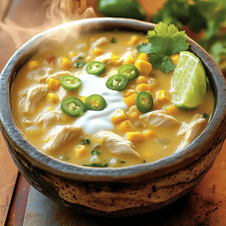 To make the creamy white chicken chili, you'll need some simple and fresh ingredients. Here is the list of what you will need: - 1 lb boneless, skinless chicken breasts, cut into bite-sized pieces - 1 tablespoon olive oil - 1 medium onion, diced - 3 cloves garlic, minced - 2 jalapeños, seeded and diced - 1 cup frozen corn - 2 cans (15 oz each) white beans, drained and rinsed - 4 cups chicken broth - Seasonings: cumin, chili powder, oregano, salt, and pepper - 1 cup heavy cream - Garnishes: fresh cilantro, lime wedges These ingredients work together to create a hearty, flavorful dish. The chicken provides protein, while the beans add fiber. The spices bring warmth and depth to the chili. You can find the full recipe in the earlier section. Using fresh ingredients makes all the difference. For the best flavor, choose good-quality chicken and fresh vegetables. You can also adjust the spice level by adding more or fewer jalapeños. Enjoy your cooking adventure! - Heat 1 tablespoon of olive oil in a large pot over medium heat. - Add 1 medium diced onion and sauté until soft, about 5 minutes. - Next, stir in 3 minced garlic cloves and 2 diced jalapeños. Cook for 2 more minutes. - Add 1 pound of bite-sized chicken pieces. Season with salt, pepper, 1 teaspoon of cumin, 1 teaspoon of chili powder, and 1 teaspoon of oregano. Brown the chicken for 5 to 7 minutes. - Pour in 4 cups of chicken broth. Bring the mixture to a gentle simmer. - Add 2 cans of drained white beans and 1 cup of frozen corn. Stir well to combine. - Let the chili simmer on low heat for 20 to 25 minutes. Stir occasionally until the chicken cooks through and flavors meld. - Stir in 1 cup of heavy cream. Simmer for another 5 minutes to thicken. - Taste and adjust seasoning with more salt and pepper, if needed. - Serve the chili hot in deep bowls. Garnish with chopped cilantro and a lime wedge for extra flavor. For the full recipe, check out the details above! To make tender chicken for your chili, use these steps: - Sear the chicken pieces in hot oil. This locks in moisture and flavor. - Avoid overcrowding the pot, as this can steam the chicken. - Cook until golden brown, about 5-7 minutes per side. For the perfect chili consistency: - Start with a good balance of broth and cream. - If it's too thick, add more chicken broth. - If too thin, let it simmer longer to reduce. Serve your creamy white chicken chili with these sides: - Crumbled tortilla chips for crunch. - Warm, crusty bread to soak up the chili. - A simple green salad for freshness. For a beautiful presentation: - Use deep bowls to showcase the creamy chili. - Top with fresh cilantro and a lime wedge on the side. To boost flavor, consider these spices: - Add smoked paprika for a deeper taste. - A pinch of cayenne pepper can add heat. - Fresh herbs like thyme or oregano can brighten the dish. To adjust the spice level: - Add more jalapeños for heat. - For a milder version, remove the seeds from the jalapeños. - A dollop of sour cream can also cool it down. For the full recipe, check the complete guide on creamy white chicken chili. {{image_2}} You can swap the chicken for turkey if you want a lighter meal. Turkey has a similar taste and texture, making it a great choice. For a plant-based option, try using tofu. Press the tofu to remove water, then cube it. Sauté the cubes until golden brown. This gives you a tasty and healthy vegetarian version of the chili. You can change the beans in the recipe if needed. Black beans or kidney beans work well and add different flavors. For the broth, vegetable broth is a good choice for a vegetarian option. You can also add more vegetables for nutrition. Try bell peppers, zucchini, or spinach. They all blend well and boost the dish's color and taste. Think about adding flavors from different cuisines. A dash of curry powder gives a nice twist. You could also add coconut milk for a creamy richness. For a Mexican twist, try adding corn tortillas or some cheddar cheese on top. Use seasonal ingredients too. In summer, fresh corn or tomatoes can brighten the chili. In fall, use squash or pumpkin for warmth. For the complete recipe, check the [Full Recipe]. After you enjoy your creamy white chicken chili, store leftovers in the fridge. Use an airtight container to keep it fresh. This method helps prevent spills and keeps the chili flavorful. Make sure to cool the chili to room temperature before sealing it in. If you want to freeze chili for future meals, divide it into smaller portions. Use freezer-safe bags or containers. Label them with the date so you know when to use them. Chili can stay fresh in the freezer for up to three months. When you want to enjoy your chili again, reheating it properly is key. You can use the stovetop or microwave. For the stovetop, pour the chili into a pot on low heat. Stir often and heat until it's warm throughout. If using the microwave, place the chili in a microwave-safe bowl. Heat in short intervals, stirring between each. To keep the flavor and texture, add a splash of broth or cream if it seems thick. In the fridge, your creamy white chicken chili lasts about three to four days. Always check for signs of spoilage before eating. If the chili has an off smell or changes color, it's best to toss it. Trust your senses! Keeping an eye on these signs ensures you enjoy your meals safely. What is the best chicken to use for this chili? I recommend using boneless, skinless chicken breasts. They cook quickly and stay tender. You can also use thighs for a richer taste. Can I make this recipe in a slow cooker? Yes, you can use a slow cooker! Brown the chicken and veggies first. Then, add them to the slow cooker with the broth and beans. Cook on low for 6-7 hours. Is it possible to prepare this chili ahead of time? Absolutely! You can make it a day before. Just store it in the fridge. Reheat it on the stovetop when you're ready to serve. Approximate calories per serving This creamy white chicken chili has around 400 calories per serving. Information on dietary restrictions This chili is gluten-free and can be made dairy-free by using coconut milk instead of heavy cream. How long does it take to cook from start to finish? From prep to finish, it takes about 45 minutes. Tips for speeding up the cooking process To save time, chop all your veggies first. You can also use rotisserie chicken to cut down on cooking time. Just add it in the last 15 minutes. For a full recipe, check out the complete instructions above! This blog post covered all you need for a great chili. You learned about the ingredients, step-by-step cooking, and tasty tips. Remember, variations allow you to make this dish your own. Explore alternative proteins or spice levels to suit your taste. Proper storage keeps leftovers fresh, so you enjoy this dish longer. Try this chili for a comforting meal. Its flavors and warmth will surely delight!