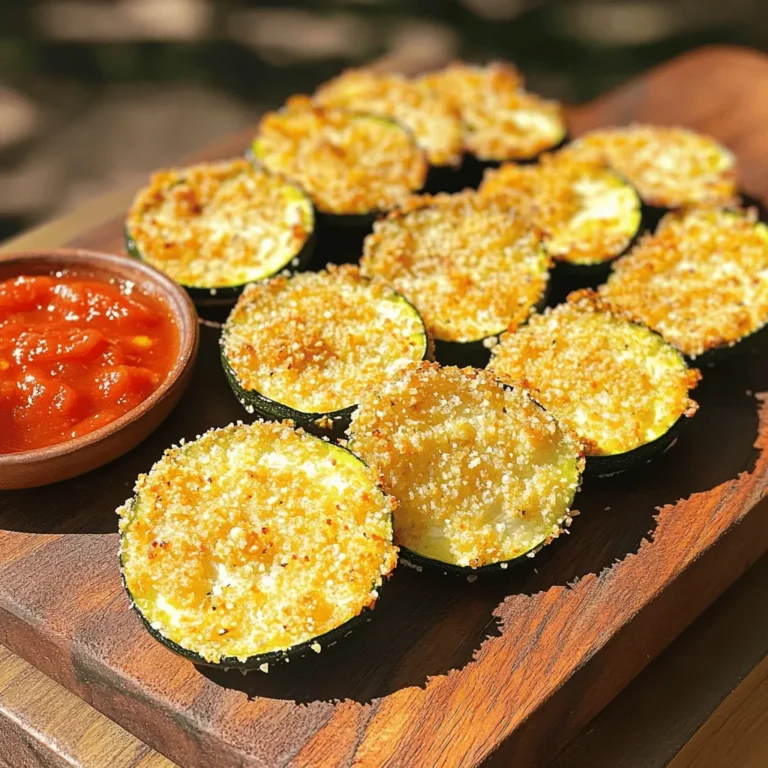 To make crispy Parmesan zucchini chips, you need fresh and quality ingredients. Here’s what you’ll need: - 2 medium zucchinis, thinly sliced - 1 cup grated Parmesan cheese - 1 cup breadcrumbs (panko works best) Seasonings bring out the best flavors in your chips. You’ll want the following: - 1 teaspoon garlic powder - 1 teaspoon onion powder - 1 teaspoon dried oregano - 1 teaspoon dried basil - Salt and pepper to taste For a crispy finish, I recommend using cooking spray. It helps achieve that perfect crunch. Look for a high-quality cooking spray. You can also use olive oil for extra richness and flavor. With these ingredients, you’re ready to create a delicious snack. Check out the Full Recipe for complete steps and tips. First, you need to preheat your oven to 425°F (220°C). This high heat is key for crispiness. Next, grab a baking sheet and line it with parchment paper. This helps prevent sticking and makes cleanup easy. In a large bowl, mix together the grated Parmesan cheese, breadcrumbs, garlic powder, onion powder, oregano, basil, salt, and pepper. Stir these ingredients until they blend well. This mix will give your zucchini chips a tasty coating. Take your two medium zucchinis and slice them thinly. Aim for about 1/4 inch thick. Once sliced, place the zucchini on a clean kitchen towel. Pat them dry gently to soak up extra moisture. This step helps your chips get crispier when baked. Now, drizzle the olive oil over the zucchini slices. Toss them lightly to coat each slice. Next, dip each zucchini slice into your cheese and breadcrumb mix. Press lightly to make sure the coating sticks. Arrange the coated slices on your prepared baking sheet in a single layer. Lightly spray the tops with cooking spray. This helps them brown and crisp up. Bake for 20-25 minutes, flipping the chips halfway through. They should turn golden brown and crispy. Once done, take them out and let them cool a bit before serving. Enjoy your delicious crispy Parmesan zucchini chips! For the full recipe, check out the details above. To get the best crunch from your zucchini chips, start by slicing the zucchinis thin. Aim for about 1/4 inch thick. Thin slices cook faster and crisp up better. Pat the slices dry with a towel after cutting. This helps remove extra moisture that can make chips soggy. Using panko breadcrumbs adds extra crunch. They are light and airy, perfect for this recipe. Finally, don't skip the cooking spray. A light mist on top helps them crisp up while baking. One common mistake is not drying the zucchini well. If they are wet, they won’t crisp up. Another issue is overcrowding the baking sheet. Make sure the chips have space. If they touch, they’ll steam instead of bake. Also, don’t skip flipping them halfway through. This ensures both sides get golden and crispy. Lastly, avoid using too much oil. It can make your chips greasy instead of crunchy. I love to serve these zucchini chips with a dip. Marinara sauce pairs well for a classic touch. You can also try a yogurt-based dip for a fresh flavor. For a fun twist, stack the chips on a wooden board. Add some fresh herbs or a sprinkle of Parmesan on top. It makes for a great snack at parties or movie nights. You can find the full recipe above for all the details! {{image_2}} You can switch up the cheese for different flavors. Try using Pecorino Romano for a saltier taste. Or, go for a sharp cheddar if you prefer a bolder flavor. If you want a dairy-free option, nutritional yeast can work well. It gives a nice cheesy taste without the dairy. Get creative with your seasonings! Add smoked paprika for a subtle kick. You can also try cayenne pepper for heat. For more herbs, consider thyme or rosemary. These spices can take your zucchini chips to the next level. You can even mix in some lemon zest for a bright touch. If you need a gluten-free option, use gluten-free breadcrumbs. You can also crush up gluten-free crackers as a substitute. Almond flour can work too, giving a nutty twist. Just make sure your cheese is gluten-free as well. This way, everyone can enjoy these crispy snacks! For the full recipe, visit the section above. To keep your crispy Parmesan zucchini chips fresh, store them in an airtight container. Place parchment paper between layers to avoid moisture. This helps them stay crisp longer. Store them in the fridge if you plan to eat them within a few days. For longer storage, consider freezing. When reheating, you want to keep the chips crispy. The oven is the best method. Preheat your oven to 375°F (190°C). Place the chips on a baking sheet and heat for about 5-7 minutes. This way, they regain their crunch. Avoid the microwave, as it can make them soggy. If you want to freeze your zucchini chips, do so before baking. After breading, place the slices on a baking sheet and freeze until solid. Then, transfer them to a freezer bag. When ready to cook, bake them directly from the freezer. Just add a few extra minutes to the baking time. Enjoy your crispy Parmesan zucchini chips anytime with this method! For the full recipe, check out the [Full Recipe]. Yes, you can make crispy Parmesan zucchini chips in an air fryer. Set the air fryer to 400°F (200°C). Arrange the zucchini slices in a single layer. Cook for about 10-12 minutes. Shake the basket halfway through for even cooking. This method gives you great crispiness! To keep your zucchini chips crispy, pat them dry before coating. Removing extra moisture is key. Use a clean kitchen towel to absorb any wetness. Also, avoid overcrowding the baking sheet. Give each chip space to breathe for the best results. Crispy Parmesan zucchini chips taste great with a few dips. Marinara sauce is a classic choice. You can also try ranch dressing, garlic aioli, or tzatziki. Each dip adds a fun flavor twist to your snack. Serve a few options for variety! Several factors can affect crispiness. Not drying the zucchini slices well is a common issue. Also, if the oven temperature is too low, they won’t crisp up. Be sure to use enough oil and don’t skip the cooking spray. These steps help achieve that perfect crunch. This blog post covered how to make crispy zucchini chips. We discussed fresh ingredients and seasonings that enhance flavor. You learned step-by-step instructions for preparing and baking the chips. I shared tips for achieving crispiness and avoiding common mistakes. Variations for different tastes and storage methods were also included. With these insights, you can make your own tasty zucchini chips at home. Enjoy experimenting with flavors and serving them to others!
