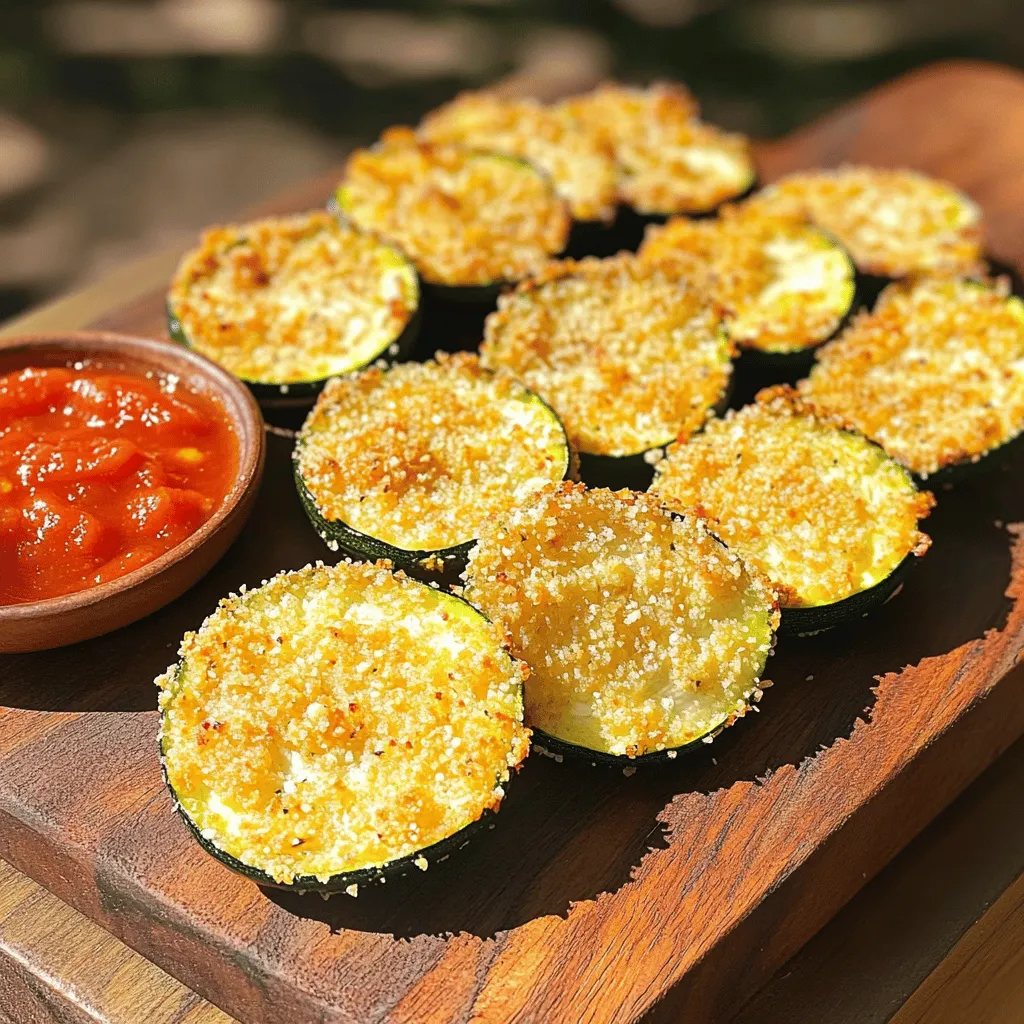 To make crispy Parmesan zucchini chips, you need fresh and quality ingredients. Here’s what you’ll need: - 2 medium zucchinis, thinly sliced - 1 cup grated Parmesan cheese - 1 cup breadcrumbs (panko works best) Seasonings bring out the best flavors in your chips. You’ll want the following: - 1 teaspoon garlic powder - 1 teaspoon onion powder - 1 teaspoon dried oregano - 1 teaspoon dried basil - Salt and pepper to taste For a crispy finish, I recommend using cooking spray. It helps achieve that perfect crunch. Look for a high-quality cooking spray. You can also use olive oil for extra richness and flavor. With these ingredients, you’re ready to create a delicious snack. Check out the Full Recipe for complete steps and tips. First, you need to preheat your oven to 425°F (220°C). This high heat is key for crispiness. Next, grab a baking sheet and line it with parchment paper. This helps prevent sticking and makes cleanup easy. In a large bowl, mix together the grated Parmesan cheese, breadcrumbs, garlic powder, onion powder, oregano, basil, salt, and pepper. Stir these ingredients until they blend well. This mix will give your zucchini chips a tasty coating. Take your two medium zucchinis and slice them thinly. Aim for about 1/4 inch thick. Once sliced, place the zucchini on a clean kitchen towel. Pat them dry gently to soak up extra moisture. This step helps your chips get crispier when baked. Now, drizzle the olive oil over the zucchini slices. Toss them lightly to coat each slice. Next, dip each zucchini slice into your cheese and breadcrumb mix. Press lightly to make sure the coating sticks. Arrange the coated slices on your prepared baking sheet in a single layer. Lightly spray the tops with cooking spray. This helps them brown and crisp up. Bake for 20-25 minutes, flipping the chips halfway through. They should turn golden brown and crispy. Once done, take them out and let them cool a bit before serving. Enjoy your delicious crispy Parmesan zucchini chips! For the full recipe, check out the details above. To get the best crunch from your zucchini chips, start by slicing the zucchinis thin. Aim for about 1/4 inch thick. Thin slices cook faster and crisp up better. Pat the slices dry with a towel after cutting. This helps remove extra moisture that can make chips soggy. Using panko breadcrumbs adds extra crunch. They are light and airy, perfect for this recipe. Finally, don't skip the cooking spray. A light mist on top helps them crisp up while baking. One common mistake is not drying the zucchini well. If they are wet, they won’t crisp up. Another issue is overcrowding the baking sheet. Make sure the chips have space. If they touch, they’ll steam instead of bake. Also, don’t skip flipping them halfway through. This ensures both sides get golden and crispy. Lastly, avoid using too much oil. It can make your chips greasy instead of crunchy. I love to serve these zucchini chips with a dip. Marinara sauce pairs well for a classic touch. You can also try a yogurt-based dip for a fresh flavor. For a fun twist, stack the chips on a wooden board. Add some fresh herbs or a sprinkle of Parmesan on top. It makes for a great snack at parties or movie nights. You can find the full recipe above for all the details! {{image_2}} You can switch up the cheese for different flavors. Try using Pecorino Romano for a saltier taste. Or, go for a sharp cheddar if you prefer a bolder flavor. If you want a dairy-free option, nutritional yeast can work well. It gives a nice cheesy taste without the dairy. Get creative with your seasonings! Add smoked paprika for a subtle kick. You can also try cayenne pepper for heat. For more herbs, consider thyme or rosemary. These spices can take your zucchini chips to the next level. You can even mix in some lemon zest for a bright touch. If you need a gluten-free option, use gluten-free breadcrumbs. You can also crush up gluten-free crackers as a substitute. Almond flour can work too, giving a nutty twist. Just make sure your cheese is gluten-free as well. This way, everyone can enjoy these crispy snacks! For the full recipe, visit the section above. To keep your crispy Parmesan zucchini chips fresh, store them in an airtight container. Place parchment paper between layers to avoid moisture. This helps them stay crisp longer. Store them in the fridge if you plan to eat them within a few days. For longer storage, consider freezing. When reheating, you want to keep the chips crispy. The oven is the best method. Preheat your oven to 375°F (190°C). Place the chips on a baking sheet and heat for about 5-7 minutes. This way, they regain their crunch. Avoid the microwave, as it can make them soggy. If you want to freeze your zucchini chips, do so before baking. After breading, place the slices on a baking sheet and freeze until solid. Then, transfer them to a freezer bag. When ready to cook, bake them directly from the freezer. Just add a few extra minutes to the baking time. Enjoy your crispy Parmesan zucchini chips anytime with this method! For the full recipe, check out the [Full Recipe]. Yes, you can make crispy Parmesan zucchini chips in an air fryer. Set the air fryer to 400°F (200°C). Arrange the zucchini slices in a single layer. Cook for about 10-12 minutes. Shake the basket halfway through for even cooking. This method gives you great crispiness! To keep your zucchini chips crispy, pat them dry before coating. Removing extra moisture is key. Use a clean kitchen towel to absorb any wetness. Also, avoid overcrowding the baking sheet. Give each chip space to breathe for the best results. Crispy Parmesan zucchini chips taste great with a few dips. Marinara sauce is a classic choice. You can also try ranch dressing, garlic aioli, or tzatziki. Each dip adds a fun flavor twist to your snack. Serve a few options for variety! Several factors can affect crispiness. Not drying the zucchini slices well is a common issue. Also, if the oven temperature is too low, they won’t crisp up. Be sure to use enough oil and don’t skip the cooking spray. These steps help achieve that perfect crunch. This blog post covered how to make crispy zucchini chips. We discussed fresh ingredients and seasonings that enhance flavor. You learned step-by-step instructions for preparing and baking the chips. I shared tips for achieving crispiness and avoiding common mistakes. Variations for different tastes and storage methods were also included. With these insights, you can make your own tasty zucchini chips at home. Enjoy experimenting with flavors and serving them to others!