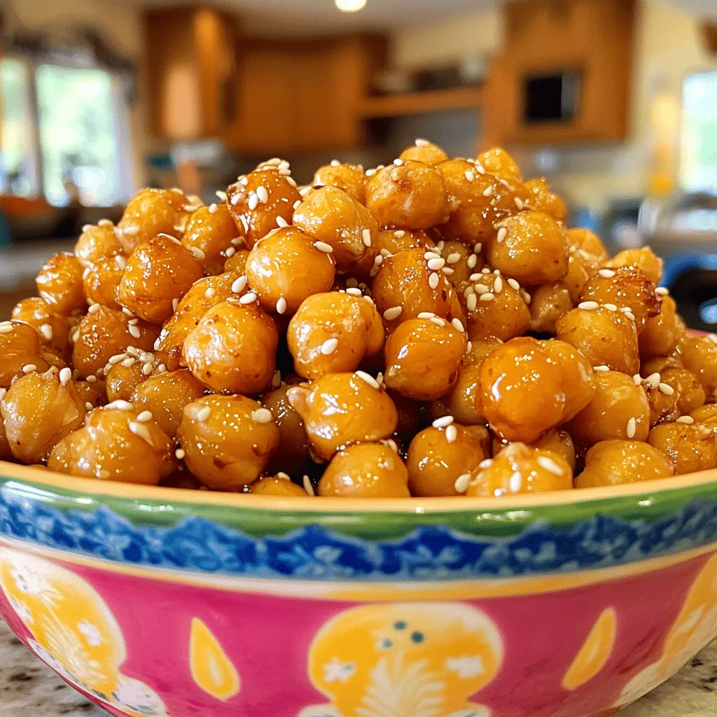 To make Sriracha Honey Roasted Chickpeas, gather these items: - 1 can (15 oz) chickpeas, drained and rinsed - 2 tablespoons olive oil - 2 tablespoons honey - 2 tablespoons Sriracha sauce - 1 teaspoon garlic powder - 1 teaspoon smoked paprika - 1/2 teaspoon salt - 1/4 teaspoon black pepper You can swap some ingredients if needed: - Use maple syrup instead of honey for a vegan option. - Replace Sriracha with another hot sauce if you want less heat. - Try canola oil instead of olive oil for a milder taste. - If you don't have smoked paprika, regular paprika works too. Each ingredient brings health benefits: - Chickpeas are high in protein and fiber, which aid digestion. - Olive oil is rich in healthy fats that support heart health. - Honey provides natural sweetness and has antioxidants. - Sriracha adds flavor and can boost metabolism. - Garlic powder may help reduce blood pressure and cholesterol. - Paprika contains vitamins A and E, which promote skin health. - Salt and pepper enhance flavors but use them in moderation. For the full recipe, check the section above to create this tasty snack! Start by preheating your oven to 400°F (200°C). This step is key for even cooking. Next, take a can of chickpeas, drain, and rinse them well. Then, pat the chickpeas dry with a clean kitchen towel. This is very important for getting them crispy. The drier they are, the better they will roast. In a mixing bowl, combine two tablespoons of olive oil, two tablespoons of honey, and two tablespoons of Sriracha. Add one teaspoon of garlic powder, one teaspoon of smoked paprika, half a teaspoon of salt, and a quarter teaspoon of black pepper. Mix everything together until it looks smooth. Now, add the dried chickpeas to the bowl. Toss them well so each chickpea gets coated in the spicy honey mix. Spread the coated chickpeas in a single layer on a lined baking sheet. This helps them cook evenly. Roast them in the oven for 25 to 30 minutes. Be sure to stir them halfway through. This helps all sides get crispy. Watch them closely to avoid burning. Once they turn golden brown and crispy, take them out. Let them cool for a few minutes before enjoying. They will keep getting crispier as they cool. To get your Sriracha honey roasted chickpeas extra crunchy, make sure they are dry before cooking. If you have time, you can let them sit out for a while after rinsing. This will help. Also, use a parchment-lined baking sheet. This keeps them from sticking. Don’t overcrowd the baking sheet. Give them space, so air can circulate around each chickpea. Finally, stir them halfway through cooking. This ensures they roast evenly. Follow these tips to enjoy a crunchy and flavorful snack. For the full recipe, check the detailed instructions above. To get the best roasted chickpeas, you need to dry them well. Rinsing is just the first step. After rinsing, use a clean towel to pat them dry. This removes excess water and helps them crisp up. Use a single layer on your baking sheet. If they are crowded, they will steam instead of roast. This means no crunch! Watch the roasting time closely. Stir them in the middle of cooking. This helps them brown evenly. You want them golden and crunchy, not burnt. If you want extra crispiness, roast them a bit longer. Just keep an eye on them. These Sriracha honey roasted chickpeas are great on their own. You can also serve them in many ways. Try adding them to salads for a crunchy topping. They can also go on top of soups. You can mix them with nuts for a snack mix. Put them in a bowl with extra honey and sesame seeds for a fancy touch. These chickpeas have a sweet and spicy taste. They pair well with many flavors. Add them to dishes with lime or cilantro for a fresh twist. They also taste great with avocado or creamy sauces. Think about adding them to tacos or wraps. The crunch adds a fun texture and flavor to any meal. For the full recipe, check out the complete guide on making Sriracha honey roasted chickpeas! {{image_2}} If you love heat, try adding more Sriracha. You can increase the amount to three tablespoons. This will give your chickpeas a bolder kick. For an extra zing, add a pinch of cayenne pepper. The spice will wake up your taste buds and keep you reaching for more. For a twist, blend honey with maple syrup. This mix offers a rich sweetness. You can also add a sprinkle of cinnamon. The warm spice balances the heat from Sriracha. Another option is to use brown sugar instead of honey. This will create a deeper, caramel-like flavor. Feel free to get creative! Toss in some nuts or seeds for crunch. Sunflower seeds or almonds work great. You can also mix in dried fruits, like cranberries or raisins. This adds a sweet contrast. Lastly, consider fresh herbs like cilantro or parsley for a fresh touch. These additions make your snack more exciting! For a complete guide, check the Full Recipe. After you make Sriracha Honey Roasted Chickpeas, let them cool completely. This step keeps them crunchy. Store them in an airtight container. You can use a glass jar or a plastic container. Keep the container in a cool, dry place. Avoid direct sunlight, which can make them lose their crunch. To enjoy your chickpeas again, reheat them in the oven. Preheat the oven to 350°F (175°C). Spread the chickpeas on a baking sheet. Heat for about 10 minutes. This method helps them regain their crunch. Do not use the microwave, as it makes them soft and chewy. When stored properly, Sriracha Honey Roasted Chickpeas last about one week. If you notice any signs of moisture, toss them out. For longer storage, you can freeze them. Just remember to keep them in a freezer-safe container. They will last for up to three months in the freezer. You can then reheat them as needed. Enjoy your crunchy snack anytime! Yes, you can use an air fryer for this recipe. The air fryer cooks chickpeas quickly and gives them a nice crunch. To air fry, set it to 400°F (200°C). Cook for about 15-20 minutes, shaking the basket halfway through. This method reduces cooking time and helps avoid burning. Absolutely! All the ingredients in this recipe are gluten-free. Chickpeas, honey, and Sriracha are safe for people with gluten issues. Just check the label on your Sriracha to ensure it meets your needs. You can mix in many spices to change the flavor. Try cayenne pepper for heat or cumin for warmth. You might like adding chili powder for a smoky taste. Experiment with your favorites to find your perfect blend. Don't be afraid to play with flavors! For the full recipe, check out the detailed steps above. Enjoy your crunchy snack! In this blog post, we explored the tasty world of Sriracha Honey Roasted Chickpeas. We discussed the key ingredients and their benefits, plus how to prepare and cook them for maximum crispiness. I shared tips for perfecting your snack and suggested fun flavor variations. Finally, I provided storage info to keep your leftovers fresh. Enjoy making this crunchy snack. With these tips, you will impress your friends!