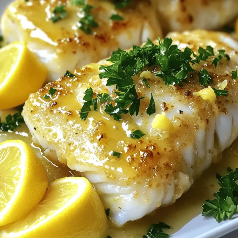 - 4 cod fillets (about 6 ounces each) - 1/4 cup unsalted butter - 4 cloves garlic, minced - 1 lemon (juice and zest) - 1 teaspoon fresh thyme leaves (or 1/2 teaspoon dried thyme) - Salt and pepper to taste - 2 tablespoons fresh parsley, chopped (for garnish) - Lemon wedges - Recommended side dishes: steamed vegetables, rice When I prepare lemon garlic butter cod, I gather these ingredients first. The cod is tender and flaky, making it perfect for this dish. I love using unsalted butter for a fresh start. Garlic adds a strong flavor, while the lemon gives it brightness. Thyme brings a lovely herbal note. I always keep salt and pepper on hand to enhance the taste. Fresh parsley makes the dish look nice and adds a pop of color. Lastly, I serve lemon wedges on the side. They are great for squeezing over the fish right before eating. For the full recipe, check out the detailed steps in the cooking section. - Preheat oven to 400°F (200°C). This temperature works well for cod. - Lightly grease a baking dish with olive oil or butter. This step helps prevent sticking. - In a small saucepan, melt 1/4 cup of unsalted butter over medium heat. - Add 4 cloves of minced garlic and sauté for 1-2 minutes. You want it fragrant but not browned. - Stir in the juice and zest of 1 lemon, 1 teaspoon of fresh thyme, salt, and pepper. Mix well and remove from heat. - Place 4 cod fillets in the prepared baking dish. Make sure they fit well. - Pour the garlic butter mixture evenly over each cod fillet. Let them soak up all those great flavors. - Bake in the preheated oven for 12-15 minutes. The cod is done when it flakes easily with a fork. Cooking time may vary based on thickness. For the full recipe, check the details above. To choose fresh fish, look for bright eyes and shiny skin. The fillet should feel firm and spring back when pressed. Fresh cod has a mild scent, like the sea. If it smells strong or fishy, skip it. The color should be pale and even. Any brown spots may mean it's not fresh. When making garlic butter, taste as you go. This way, you can adjust the seasoning to your liking. If you want more punch, add a pinch of salt or extra lemon juice. Fresh herbs give the best flavor. Use fresh thyme for a bright taste. If you only have dried herbs, use less because they are more potent. Plating is key to a great meal. Serve the cod on a white plate for contrast. Add some steamed veggies or rice next to it. For garnish, use fresh parsley and lemon wedges. This adds color and freshness. A sprinkle of zest on top can also catch the eye. These small touches make your dish look fancy and inviting. For the full recipe, check out the Lemon Garlic Butter Cod section above. {{image_2}} You can switch up the fish in this recipe. Cod has a mild flavor, but you can try tilapia or haddock. Both have a nice texture. They will soak up the lemon garlic butter well. You can also use olive oil instead of butter. It gives a lighter taste but still tastes great. To add more flavor, try fresh herbs. Basil and dill work well with lemon. They add a bright taste. You can also use spices like paprika or chili flakes. These will bring warmth and depth to the dish. A little kick can make it exciting. If you need a gluten-free option, this recipe is perfect. All the ingredients are naturally gluten-free. For low-calorie changes, use less butter or olive oil. You can also serve smaller portions. This way, you can enjoy the dish without worry. After you enjoy the Lemon Garlic Butter Cod, store leftovers in the fridge. Use an airtight container to keep the fish fresh. This method helps lock in flavor and moisture. The best practice is to put it in the fridge within two hours of cooking. You can safely keep it for up to three days. When you're ready to eat leftovers, reheat them carefully. The key is to avoid drying out the fish. The best method is to use the oven. Preheat it to 350°F (175°C). Place the cod in a baking dish and cover it with foil. This helps keep moisture in. You can also use the stovetop. Heat a pan over low heat and add a splash of water. Cover it while reheating. The microwave works too, but it can dry out the fish quickly. Use it on low power for short bursts. If you want to save some for later, freezing cooked cod is a good choice. First, let it cool completely. Then, wrap it tightly in plastic wrap. Place it in a freezer-safe bag or container to prevent freezer burn. It can stay frozen for up to three months. When you're ready to eat it, thaw the cod in the fridge overnight. This method keeps the texture and flavor intact. Avoid thawing in the microwave, as it can change the fish's quality. For the best results, cook the cod fresh whenever you can. For the full recipe, check out the recipe section. The baking time for cod at 400°F varies based on thickness. For fillets around 1 inch thick, it takes about 12-15 minutes. Thicker fillets (1.5 inches) may need 15-20 minutes. Always check for doneness by seeing if the fish flakes easily with a fork. This ensures your cod is perfectly cooked. Yes, you can use frozen cod! However, it's best to thaw it first. Place the frozen fillets in the fridge overnight. If you're short on time, seal them in a bag and submerge in cold water for about 30 minutes. This way, the cod cooks evenly and absorbs all the flavors. Lemon garlic butter cod pairs well with many sides. Here are some great options: - Steamed vegetables like broccoli or green beans - Fluffy white rice or quinoa - Garlic mashed potatoes for a rich taste - A fresh green salad with lemon vinaigrette These sides complement the dish and create a balanced meal. Enjoy experimenting with different pairings! You now have a complete guide to making lemon garlic butter cod. We've covered the key ingredients, step-by-step instructions, and helpful tips. I shared ways to adapt the recipe and store leftovers effectively. Cooking can be simple and enjoyable, especially with this dish. Remember to choose fresh cod for the best flavor. Experiment with your favorite herbs and sides. Enjoy your meal, and impress your friends and family with your cooking skills!