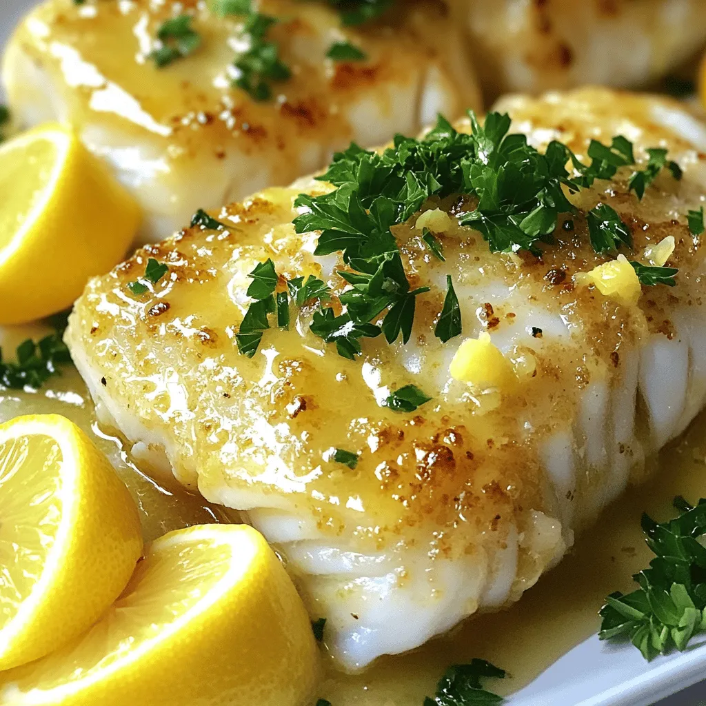 - 4 cod fillets (about 6 ounces each) - 1/4 cup unsalted butter - 4 cloves garlic, minced - 1 lemon (juice and zest) - 1 teaspoon fresh thyme leaves (or 1/2 teaspoon dried thyme) - Salt and pepper to taste - 2 tablespoons fresh parsley, chopped (for garnish) - Lemon wedges - Recommended side dishes: steamed vegetables, rice When I prepare lemon garlic butter cod, I gather these ingredients first. The cod is tender and flaky, making it perfect for this dish. I love using unsalted butter for a fresh start. Garlic adds a strong flavor, while the lemon gives it brightness. Thyme brings a lovely herbal note. I always keep salt and pepper on hand to enhance the taste. Fresh parsley makes the dish look nice and adds a pop of color. Lastly, I serve lemon wedges on the side. They are great for squeezing over the fish right before eating. For the full recipe, check out the detailed steps in the cooking section. - Preheat oven to 400°F (200°C). This temperature works well for cod. - Lightly grease a baking dish with olive oil or butter. This step helps prevent sticking. - In a small saucepan, melt 1/4 cup of unsalted butter over medium heat. - Add 4 cloves of minced garlic and sauté for 1-2 minutes. You want it fragrant but not browned. - Stir in the juice and zest of 1 lemon, 1 teaspoon of fresh thyme, salt, and pepper. Mix well and remove from heat. - Place 4 cod fillets in the prepared baking dish. Make sure they fit well. - Pour the garlic butter mixture evenly over each cod fillet. Let them soak up all those great flavors. - Bake in the preheated oven for 12-15 minutes. The cod is done when it flakes easily with a fork. Cooking time may vary based on thickness. For the full recipe, check the details above. To choose fresh fish, look for bright eyes and shiny skin. The fillet should feel firm and spring back when pressed. Fresh cod has a mild scent, like the sea. If it smells strong or fishy, skip it. The color should be pale and even. Any brown spots may mean it's not fresh. When making garlic butter, taste as you go. This way, you can adjust the seasoning to your liking. If you want more punch, add a pinch of salt or extra lemon juice. Fresh herbs give the best flavor. Use fresh thyme for a bright taste. If you only have dried herbs, use less because they are more potent. Plating is key to a great meal. Serve the cod on a white plate for contrast. Add some steamed veggies or rice next to it. For garnish, use fresh parsley and lemon wedges. This adds color and freshness. A sprinkle of zest on top can also catch the eye. These small touches make your dish look fancy and inviting. For the full recipe, check out the Lemon Garlic Butter Cod section above. {{image_2}} You can switch up the fish in this recipe. Cod has a mild flavor, but you can try tilapia or haddock. Both have a nice texture. They will soak up the lemon garlic butter well. You can also use olive oil instead of butter. It gives a lighter taste but still tastes great. To add more flavor, try fresh herbs. Basil and dill work well with lemon. They add a bright taste. You can also use spices like paprika or chili flakes. These will bring warmth and depth to the dish. A little kick can make it exciting. If you need a gluten-free option, this recipe is perfect. All the ingredients are naturally gluten-free. For low-calorie changes, use less butter or olive oil. You can also serve smaller portions. This way, you can enjoy the dish without worry. After you enjoy the Lemon Garlic Butter Cod, store leftovers in the fridge. Use an airtight container to keep the fish fresh. This method helps lock in flavor and moisture. The best practice is to put it in the fridge within two hours of cooking. You can safely keep it for up to three days. When you're ready to eat leftovers, reheat them carefully. The key is to avoid drying out the fish. The best method is to use the oven. Preheat it to 350°F (175°C). Place the cod in a baking dish and cover it with foil. This helps keep moisture in. You can also use the stovetop. Heat a pan over low heat and add a splash of water. Cover it while reheating. The microwave works too, but it can dry out the fish quickly. Use it on low power for short bursts. If you want to save some for later, freezing cooked cod is a good choice. First, let it cool completely. Then, wrap it tightly in plastic wrap. Place it in a freezer-safe bag or container to prevent freezer burn. It can stay frozen for up to three months. When you're ready to eat it, thaw the cod in the fridge overnight. This method keeps the texture and flavor intact. Avoid thawing in the microwave, as it can change the fish's quality. For the best results, cook the cod fresh whenever you can. For the full recipe, check out the recipe section. The baking time for cod at 400°F varies based on thickness. For fillets around 1 inch thick, it takes about 12-15 minutes. Thicker fillets (1.5 inches) may need 15-20 minutes. Always check for doneness by seeing if the fish flakes easily with a fork. This ensures your cod is perfectly cooked. Yes, you can use frozen cod! However, it's best to thaw it first. Place the frozen fillets in the fridge overnight. If you're short on time, seal them in a bag and submerge in cold water for about 30 minutes. This way, the cod cooks evenly and absorbs all the flavors. Lemon garlic butter cod pairs well with many sides. Here are some great options: - Steamed vegetables like broccoli or green beans - Fluffy white rice or quinoa - Garlic mashed potatoes for a rich taste - A fresh green salad with lemon vinaigrette These sides complement the dish and create a balanced meal. Enjoy experimenting with different pairings! You now have a complete guide to making lemon garlic butter cod. We've covered the key ingredients, step-by-step instructions, and helpful tips. I shared ways to adapt the recipe and store leftovers effectively. Cooking can be simple and enjoyable, especially with this dish. Remember to choose fresh cod for the best flavor. Experiment with your favorite herbs and sides. Enjoy your meal, and impress your friends and family with your cooking skills!