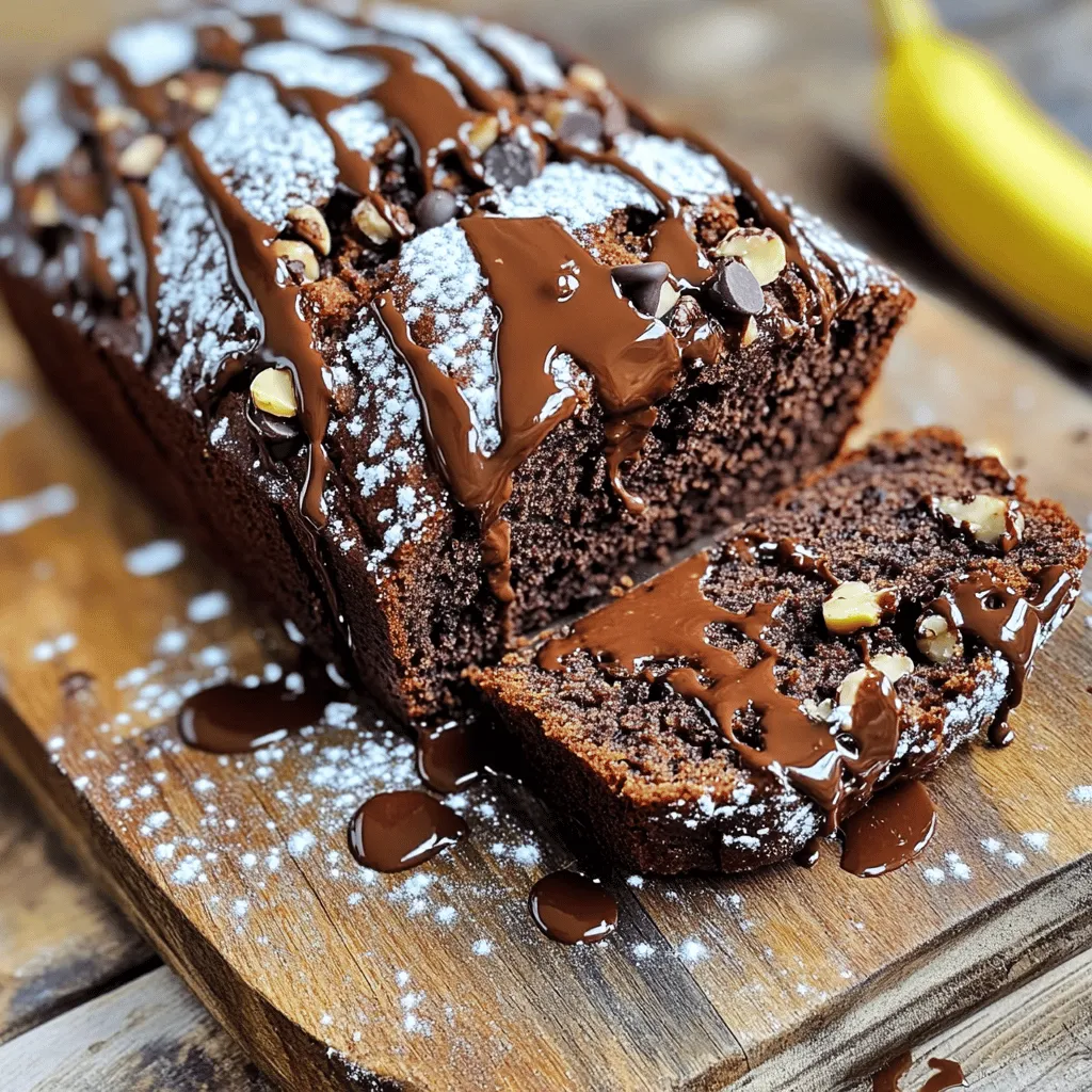 - 3 ripe bananas, mashed - 1/3 cup melted coconut oil - 1/2 cup brown sugar - 1 large egg, beaten - 1 teaspoon baking soda - Pinch of salt - 1 cup all-purpose flour - 1/3 cup unsweetened cocoa powder - 1/2 cup chocolate chips (dark or semi-sweet) - 1/4 cup chopped walnuts (optional) I love these ingredients because they create a rich and moist bread. The ripe bananas give natural sweetness and flavor. Coconut oil adds a lovely texture and a hint of tropical taste. Brown sugar deepens the flavor, making it more complex. The egg helps bind everything together. In the dry ingredients, baking soda helps the bread rise. Salt enhances all the flavors. All-purpose flour gives the bread its structure, while cocoa powder brings the chocolate magic. Adding chocolate chips makes it even more decadent. I usually toss in walnuts for a nice crunch, but you can skip them if you want. This recipe is simple, and you can find the full recipe for more details. Remember, using ripe bananas is key. They should be brown and soft for the best taste. Enjoy mixing these ingredients together and watching the magic happen in your oven! - Preheat your oven to 350°F (175°C). - Grease a 9x5-inch loaf pan or line it with parchment paper. - In a large bowl, combine the mashed bananas and melted coconut oil. - Add brown sugar, beaten egg, and vanilla extract to the banana mix. - Sprinkle baking soda and a pinch of salt over the mixture. - Gradually mix in all-purpose flour and cocoa powder. - Fold in chocolate chips and walnuts if you like. - Pour the batter into the prepared loaf pan. - Bake for 55-65 minutes until a toothpick comes out clean. - Let the bread cool in the pan for 10 minutes. - Transfer it to a wire rack to cool completely. Follow these steps for the best Double Chocolate Banana Bread. For the full recipe, check the detailed instructions above. To get that perfect texture, mix gently. Overmixing can make the bread tough. When you add the flour and cocoa, fold it in slowly. Stop mixing when you see no dry flour. For mashing bananas, use ripe ones. The riper, the better! I like to use a fork or a potato masher. This way, you get a nice, smooth mix. Aim for a creamy consistency without lumps. You can add spices like cinnamon or nutmeg. A little goes a long way. These spices can bring warmth to the bread. Mix them in with the dry ingredients for a well-rounded flavor. When choosing cocoa powder, go for unsweetened. This keeps the balance right. Look for brands that say “Dutch-processed” on the label. This kind gives a rich taste and deep color. When serving, slice the banana bread warm. Drizzle some chocolate sauce on top. It makes the bread look fancy and taste better! You can also add a sprinkle of powdered sugar. For a fun twist, serve it with fresh berries. Strawberries or raspberries work great. A dollop of whipped cream can add a nice touch, too. For a special look, try garnishing with mint leaves. For the full recipe, check out the detailed steps above! {{image_2}} You can make this banana bread even better for you! - Substituting coconut oil with yogurt or applesauce: Use 1/3 cup of plain yogurt or applesauce instead of coconut oil. This swap cuts fat and adds moisture. - Using whole wheat flour for added nutrients: Replace all-purpose flour with whole wheat flour. This adds fiber and makes your bread more filling. Want to mix things up? Try these tasty ideas! - Incorporating peanut butter or Nutella swirls: Swirl in 1/4 cup of peanut butter or Nutella before baking. This adds rich flavor and creaminess. - Adding dried fruits like cranberries or raisins: Toss in 1/2 cup of dried cranberries or raisins. They bring a sweet and chewy texture to the bread. If you need a gluten-free option, don’t worry! - Recommendations for gluten-free flour alternatives: Use a 1:1 gluten-free flour blend. These blends work well and keep the bread tasty. You can also try almond flour or oat flour for a unique flavor. These variations let you customize your double chocolate banana bread. It’s fun to experiment! Check out the Full Recipe for the base to start your baking adventure. Store your double chocolate banana bread at room temperature for up to three days. Wrap it in plastic wrap or place it in an airtight container. This keeps it soft and moist. Avoid leaving it out without any cover. It can dry out quickly. If you like, you can slice it first. This way, you grab a piece whenever you want. If you want to save banana bread for later, freezing is the best choice. Wrap the whole loaf or slices tightly in plastic wrap. Then, place it in a freezer-safe bag. Make sure to squeeze out as much air as possible. You can freeze it for up to three months without losing flavor. To thaw, take it out of the freezer and leave it in the fridge overnight. If you need it faster, you can let it sit on the counter for a few hours. Unwrap it before thawing to avoid extra moisture. To enjoy your banana bread warm, you can reheat it in a few ways. The best method is using the oven. Preheat the oven to 350°F (175°C). Place slices of banana bread on a baking sheet. Heat for about 10 minutes. This warms it through and makes it soft again. You can also use the microwave if you’re in a hurry. Heat a slice for 15-20 seconds. Keep an eye on it to avoid overheating. If you like, spread a little butter on before reheating for extra flavor. For an extra treat, try adding a scoop of ice cream on top when serving! You can tell banana bread is done by checking the center. Insert a toothpick into the middle. If it comes out clean, your bread is ready. If it has batter on it, bake a little longer. The bread should also feel firm to the touch. Yes, frozen bananas work well in this recipe. Just thaw them first and mash them well. They add great flavor and moisture. This is a smart way to use overripe bananas. You can use 1/4 cup of applesauce instead of an egg. Another option is 1 tablespoon of ground flaxseed mixed with 2.5 tablespoons of water. Let it sit for a few minutes until it thickens. Both options keep the bread moist and tasty! For high altitude, reduce the baking soda by 1/4 teaspoon. You may need to add extra flour, about 2 tablespoons. Bake for a shorter time, checking for doneness sooner. High altitudes can make bread rise faster, so keep an eye on it! Leftover banana bread is delicious toasted. Enjoy it with butter or nut butter. You can also make French toast with it. Just soak slices in an egg mixture and cook on a skillet. It’s a fun twist for breakfast! For more ideas, check out the Full Recipe. In this blog post, I shared how to make delicious banana bread. You learned about the essential and dry ingredients, plus tips for mixing and baking. I also covered variations and storage tips to help you enjoy your bread longer. Remember, you can customize this recipe to fit your taste. Whether you add chocolate chips or swap out the oil, make it your own. Now, you have the tools to bake a tasty treat that everyone will love. Get baking and enjoy each bite!