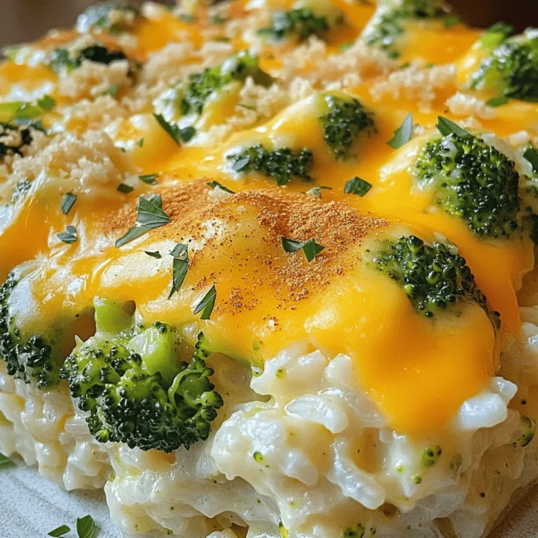 - 1 ½ cups uncooked white rice - 3 cups broccoli florets (fresh or frozen) - 2 cups shredded sharp cheddar cheese - 1 cup cream of mushroom soup - 1 cup vegetable broth - 1 small onion, finely chopped - 2 cloves garlic, minced - 1 teaspoon salt - ½ teaspoon black pepper - 1 teaspoon garlic powder - ½ teaspoon paprika - ½ cup breadcrumbs (optional for topping) Gather these ingredients before you start cooking. The rice and broccoli are the stars of this dish. I love using fresh broccoli, but frozen works just as well. The creamy mushroom soup and sharp cheddar cheese bring rich flavors that blend nicely. Don't forget the spices; they add a lovely depth to the dish. If you want some crunch, sprinkle breadcrumbs on top. This mix of ingredients makes the casserole both tasty and simple to prepare. For the full recipe, check out the details above! First, I preheat the oven to 350°F (175°C). This makes sure the casserole cooks well. Next, I grease a 9x13 inch casserole dish with non-stick spray or butter. This step helps the casserole not stick. Then, I take a large saucepan and bring 3 cups of water to a boil. I add 1 ½ cups of uncooked white rice and a pinch of salt. After that, I lower the heat to low, cover the pan, and let it simmer for about 15-20 minutes. When the water is gone, the rice will be tender. While the rice cooks, I grab a large skillet. I add the finely chopped onion and minced garlic to the skillet. I cook these over medium heat for about 3-5 minutes. I want them to be soft and clear. Next, I add 3 cups of broccoli florets to the skillet. I cook them for another 3-4 minutes. The broccoli should be tender but still bright green. This adds great color and flavor. Now, I move to a large bowl. Here, I mix the cooked rice, the sautéed broccoli, 1 cup of cream of mushroom soup, 1 cup of vegetable broth, and 1 cup of shredded sharp cheddar cheese. I also add 1 teaspoon of salt, ½ teaspoon of black pepper, 1 teaspoon of garlic powder, and ½ teaspoon of paprika. I mix it all well. Once combined, I transfer this mix to the greased casserole dish. I spread it evenly. On top, I sprinkle the rest of the cheddar cheese and ½ cup of breadcrumbs for a crunchy texture. I place the dish in the preheated oven and bake it for 30-35 minutes. I wait until the cheese bubbles and turns golden brown. After baking, I take it out and let it cool for about 5 minutes before serving. For the full details, check the Full Recipe. To get the right texture for the rice, use long-grain white rice. It cooks fluffy and separates nicely. Rinse the rice before cooking to remove excess starch. This helps prevent clumps. When you cook it, follow the package instructions. Keep an eye on it to avoid overcooking. For sautéing vegetables, use medium heat. Start with oil in your pan, then add the onion and garlic. Stir them for about 3 to 5 minutes until they turn soft. This step builds flavor. Then, add the broccoli. Cook it just long enough to stay bright green and tender. For spices and herbs, consider adding a pinch of thyme or oregano. Paprika adds color and a slight kick. You can also experiment with a dash of cayenne for heat. If you like, try adding proteins like cooked chicken or turkey for extra heartiness. You can also mix in other veggies like bell peppers or carrots for variety. To make your casserole look great, garnish with fresh parsley. It adds a pop of green and freshness. You might also sprinkle some extra cheese or crispy breadcrumbs on top. When serving, pair it with a side salad or garlic bread. This adds balance to the meal. For the full recipe, check out the complete list of ingredients and steps. {{image_2}} You can easily adapt this casserole for different diets. For gluten-free eaters, use gluten-free soup and breadcrumbs. They work well and keep the dish tasty. If you're vegan, swap the cheese for a plant-based alternative. You can also use a homemade vegan soup to keep it creamy and rich. Feel free to get creative with your veggies. Carrots or peas add a nice touch. They bring color and sweetness that blends well with the broccoli. You can also switch out the cheddar cheese. Try mozzarella or pepper jack for a twist. Each cheese offers its own flavor and texture. Want to spice things up? Incorporate flavors from other cuisines. You can make it spicy by adding jalapeños or hot sauce. For an Asian-inspired casserole, mix in soy sauce and sesame oil. If you're feeling bold, create a Mexican twist with taco seasoning and black beans. For an Italian flair, add marinara sauce and Italian herbs. Each variation offers a fun new taste to this classic dish. For the full recipe, check out the earlier sections to guide you through this delicious meal. To keep your Cheesy Broccoli Rice Casserole fresh, let it cool first. Place it in an airtight container. This method prevents moisture loss and keeps flavors intact. Store it in the fridge for up to three days. After that, it may lose its taste and texture. To freeze the casserole, first let it cool completely. Then, cut it into portions for easy use. Wrap each portion tightly in plastic wrap. Place the wrapped portions in a freezer-safe bag. This will help protect against freezer burn. The casserole stays good for up to three months. When you’re ready to eat, remove a portion from the freezer. Thaw it in the fridge overnight. You can also use the microwave for a quicker thaw. To reheat the casserole, the oven works best. Preheat your oven to 350°F (175°C). Place the casserole in a baking dish and cover it with foil. This keeps it moist as it heats. Bake for about 20-25 minutes. You can also use the microwave for quick reheating. Place a portion on a microwave-safe plate. Cover it with a damp paper towel to keep it from drying out. Heat in short bursts, stirring between each. Avoid reheating multiple times, as this can affect taste and quality. Enjoy your delicious casserole just the way it was made! Can I make this casserole ahead of time? Yes, you can! Prepare the casserole up to the baking step. Cover it and store it in the fridge for up to 24 hours. When ready to bake, just add a few minutes to the cooking time. What can I use instead of cream of mushroom soup? You can use cream of chicken soup or make your own. Blend sautéed mushrooms with heavy cream for a fresh taste. Is it possible to prepare this dish without cheese? Yes, you can skip the cheese if you want a lighter dish. Use extra broth or a creamy substitute for moisture. How can I adjust the recipe for more servings? Simply double or triple the ingredients. Use a larger baking dish to fit all the rice and broccoli. What's the best way to reheat leftovers? Reheat in the oven at 350°F (175°C) for about 15 minutes. This helps keep the cheese melty and the casserole warm. Calories per serving Each serving has about 300 calories. This number may vary based on the cheese and soup used. Breakdown of macronutrients - Carbohydrates: 40g - Protein: 10g - Fat: 12g Why is it important to sauté the onion and garlic first? Sautéing brings out the flavors in the onion and garlic. This step adds depth to your casserole. Can I use instant rice in this recipe? Yes, you can use instant rice. Just follow the package instructions and mix it in with the other ingredients. This blog post covered the key aspects of making a hearty cheesy broccoli rice casserole. We discussed main ingredients and gave step-by-step instructions for success. You learned tips and tricks to enhance flavor and texture. Additionally, we explored variations for dietary needs and storage methods. In conclusion, this dish is both simple and adaptable. It's perfect for any meal. Now, you can enjoy creating this comforting casserole at home. Happy cooking!