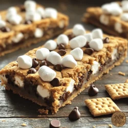 - 1 cup unsalted butter, softened - 1 cup brown sugar, packed - 1/2 cup granulated sugar - 2 large eggs - 2 teaspoons vanilla extract - 2 1/2 cups all-purpose flour - 1 teaspoon baking soda - 1/2 teaspoon salt - 1 cup graham cracker crumbs (about 8 full sheets) - 1 cup semi-sweet chocolate chips - 1 cup mini marshmallows - Extra chocolate chips and mini marshmallows for topping When baking, precise measurements matter. I recommend using measuring cups and spoons for accuracy. Level off dry ingredients with a knife for best results. For butter, let it soften at room temperature for about 30 minutes. This helps it mix well with sugars. If you are unsure about the amount, it’s always smart to weigh your ingredients. A kitchen scale can be a great help. You can switch things up with a few simple additions. Consider adding crushed nuts, like walnuts or pecans, for crunch. You can also use different types of chocolate, such as dark or white chocolate. Want a little spice? Try adding a pinch of cinnamon or a splash of almond extract. For a fruity twist, toss in some dried cherries or cranberries. These changes keep the recipe fun and allow you to enjoy it in new ways. Check out the Full Recipe for more ideas! First, you need to preheat your oven to 350°F (175°C). This heat will help your cookie bars bake evenly. Grease a 9x13 inch baking pan or line it with parchment paper. Lining the pan makes it easy to lift out the bars later. In a large bowl, cream together 1 cup of softened unsalted butter, 1 cup of packed brown sugar, and 1/2 cup of granulated sugar. Mix for about 2-3 minutes until it feels light and fluffy. Then, beat in 2 large eggs one at a time. Add 2 teaspoons of vanilla extract and mix until everything combines well. In another bowl, whisk together 2 1/2 cups of all-purpose flour, 1 teaspoon of baking soda, 1/2 teaspoon of salt, and 1 cup of graham cracker crumbs. Make sure all the dry ingredients blend evenly. This step adds flavor and helps your bars hold their shape. Gradually add the dry mixture to the wet mixture. Stir gently until just combined, being careful not to overmix. Fold in 1 cup of semi-sweet chocolate chips and 1 cup of mini marshmallows. Reserve some for topping. Spread the cookie dough into the prepared pan. Smooth the top. Sprinkle the reserved chocolate chips and marshmallows evenly on top. Bake for 25-30 minutes. The edges should turn golden and a toothpick should come out clean or with a few moist crumbs. Let the cookie bars cool completely in the pan on a wire rack. Once cool, cut them into squares. For a fun twist, serve them warm with extra chocolate chips and toasted marshmallows on top. You can also add graham crackers for that classic S'mores experience. For the complete recipe, check the Full Recipe section. To make your S'mores cookie bars soft and chewy, start with softened butter. This helps the sugar mix well. Cream the butter with the sugars until it is light and fluffy. Mix all the dry ingredients well to avoid clumps. When you combine wet and dry ingredients, stir until just mixed. Overmixing can make the bars tough, so be gentle. The perfect bake time is key. Bake until the edges are golden, but not too much in the center. One common mistake is using cold butter. It won't cream well and affects the texture. Another mistake is not measuring flour correctly. Too much flour can make the bars dry. Also, avoid opening the oven while baking. This can lower the temperature and affect how they rise. Lastly, don’t skip letting them cool in the pan. Cutting them too soon leads to a messy outcome. You can make S'mores cookie bars even better! Add a pinch of sea salt on top before baking. It enhances the sweet flavor. Use mini chocolate chips for a more chocolatey bite. You can also mix in peanut butter chips for a twist. For extra crunch, try adding chopped nuts. Experiment with different flavors, like using caramel bits or toffee pieces. You can find the Full Recipe on my website for more fun ideas! {{image_2}} You can make these bars gluten-free with a few easy swaps. Use gluten-free flour instead of all-purpose flour. Many brands offer great blends that work well in baking. Just make sure to check the label. Also, use gluten-free graham cracker crumbs. Some brands sell them, or you can crush gluten-free cookies. This way, you keep the s'mores taste while making it safe for everyone. To create vegan S'mores cookie bars, substitute dairy ingredients with plant-based options. Use a vegan butter or coconut oil in place of unsalted butter. For eggs, try using flaxseed meal or applesauce. Mix 1 tablespoon of flaxseed meal with 2.5 tablespoons of water for each egg. This creates a thick gel that works great in baking. Use dairy-free chocolate chips and check your marshmallows for gelatin-free options. Want to get creative? You can add different flavors to your cookie bars. Try adding peanut butter chips for a nutty taste. You could also mix in crushed nuts like pecans or walnuts for added crunch. For a fruity twist, add dried fruits like cherries or cranberries. A sprinkle of sea salt on top can also enhance the sweetness. These changes keep the treat fun and exciting! For the full recipe, check the earlier section! To keep your S'mores cookie bars fresh, store them in an airtight container. Make sure they cool completely before sealing. If you want to retain that gooey texture, place parchment paper between layers. This helps prevent sticking and keeps them soft. You can freeze these bars for up to three months. Cut them into squares and wrap each piece in plastic wrap. Place the wrapped bars in a freezer-safe bag. Label the bag with the date. When you want to enjoy one, just take it out and let it thaw at room temperature. For a warm treat, you can reheat S'mores cookie bars. Place them in the microwave for about 10 to 15 seconds. This will make the chocolate and marshmallows gooey again. If you want them crispy, heat your oven to 350°F (175°C) and warm them for about 5 minutes. This way, they taste fresh-baked! S'mores Cookie Bars can last about 4 to 5 days at room temperature. Store them in an airtight container. This helps keep them fresh and soft. If you want them to last longer, you can refrigerate them. They will stay good for up to a week in the fridge. Yes, you can make S'mores Cookie Bars ahead of time. Bake them and let them cool completely. Then, store them covered at room temperature. You can make them a day or two in advance. This way, they are ready for any gathering or snack time. If you don’t have chocolate chips, try using chopped chocolate bars or cocoa nibs. You can also use white chocolate chips or butterscotch chips. For a fruity twist, consider adding dried fruit or nuts. These options give new flavors to your cookie bars. To make S'mores Cookie Bars without eggs, use a flaxseed meal substitute. Mix 1 tablespoon of flaxseed meal with 2.5 tablespoons of water. Let it sit for 5 minutes until it thickens. You can also use unsweetened applesauce, using 1/4 cup for each egg. This keeps the texture soft and moist. The Full Recipe for S'mores Cookie Bars includes simple ingredients to create this treat. You need butter, sugars, eggs, vanilla, flour, baking soda, salt, graham cracker crumbs, chocolate chips, and mini marshmallows. Follow the steps to mix and bake for a delicious dessert. S'mores cookie bars are easy and fun to make. We covered all the key steps, from gathering the ingredients to baking and cooling. I shared tips to get the right texture and avoid mistakes. You can even modify the recipe for gluten-free or vegan options. Remember to store them properly or freeze for later. Enjoying these treats is simple with the right prep. Trust me, with these guidelines, you’ll impress everyone with your baking skills!