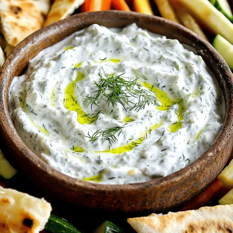 To make this easy Greek tzatziki dip, gather these ingredients: - 1 cup Greek yogurt - ½ cucumber, finely grated - 2 cloves garlic, minced - 1 tablespoon fresh lemon juice - 1 tablespoon fresh dill, chopped (or mint for a twist) - Salt and pepper to taste - 1 tablespoon olive oil (optional for richness) These simple ingredients work together to create a fresh and creamy dip. Each one adds its own unique flavor and texture. If you don’t have all the ingredients, here are some swaps you can try: - Use sour cream instead of Greek yogurt for a tangy taste. - Swap the cucumber for shredded zucchini if you want. - Garlic powder can replace fresh garlic in a pinch. - Fresh parsley can stand in for dill or mint for a different flavor. These substitutions keep the tzatziki flavorful while catering to what you have on hand. This tzatziki dip has several healthy ingredients: - Greek yogurt: High in protein and good for gut health. - Cucumber: Low in calories and hydrating. - Garlic: May boost your immune system and has anti-inflammatory properties. - Lemon juice: Packed with vitamin C, it helps your skin and immune system. - Dill (or mint): Can aid digestion and adds fresh flavor. These ingredients not only taste great but also provide health benefits. Enjoy this dip while nourishing your body! For the full recipe, check out the instructions above. To make the best tzatziki, start with the cucumber. Grate it finely using a box grater. Then, wrap the grated cucumber in a clean kitchen towel. Twist the towel tightly. This step removes excess moisture. A dry cucumber helps keep your dip thick and creamy. Next, take a mixing bowl. Add 1 cup of Greek yogurt. To that, mix in the squeezed cucumber, 2 minced garlic cloves, and 1 tablespoon of fresh lemon juice. It’s important to get all the flavors in. Now, chop your herb. You can use 1 tablespoon of fresh dill, or mint if you like a twist. Add this to the bowl. Season everything with salt and pepper to taste. If you want richness, pour in 1 tablespoon of olive oil. Finally, stir all the ingredients well. Make sure everything is mixed evenly. Cover the bowl with plastic wrap. Place it in the fridge for 30 minutes. This time helps the flavors blend together. The key to a great tzatziki is the cucumber handling. Always squeeze out the moisture. If your cucumber is too wet, the dip will be runny. Mixing the yogurt and cucumber well is also key. It creates a smooth texture. If you want it creamier, use full-fat Greek yogurt. You can even blend it for a minute if you prefer a silky dip. If you need to make more or less tzatziki, adjust the ingredients. For 2 servings, use half the amounts. For 8 servings, double everything. Remember that the key ratios stay the same. Keep the yogurt as the base and adjust the cucumber, garlic, and lemon juice accordingly. This way, you can serve the right amount for your guests. For the full recipe, check out the full recipe section. To make your tzatziki pop, use fresh ingredients. Fresh dill or mint gives it a bright taste. You can also try adding a pinch of cumin for warmth. Adjust the garlic to your liking; more garlic means a stronger flavor. For a zesty touch, add more lemon juice. Don't skip the salt; it brings out all the other flavors. Many people forget to squeeze out excess cucumber juice. This mistake makes the dip runny. Always use plain Greek yogurt for the best taste and texture. Avoid using regular yogurt; it can be too thin. Taste your tzatziki before serving. You may need to add more salt or lemon juice to balance the flavors. Serve tzatziki with warm pita bread for a classic combo. It also pairs well with fresh veggie sticks like carrots and celery. Try it as a dip for grilled meats like chicken or lamb. Tzatziki can be a great topping for gyros or falafel. For a twist, use it as a spread on sandwiches. Enjoy your tzatziki with these tasty options! {{image_2}} You can make tzatziki without dairy. Use coconut yogurt or almond yogurt. Both are creamy and tasty. They work well with the other flavors. Just follow the same steps in the full recipe. You will not miss the milk! You can change tzatziki by adding new herbs or spices. Try fresh mint for a bright twist. Chives add a mild onion taste. A pinch of smoked paprika brings warmth. You can also use oregano or parsley. Each herb gives tzatziki a unique flavor. Mix and match to find your favorite! Tzatziki is great with many foods. Serve it with pita bread or veggie sticks. It also pairs well with grilled meats. You can use it as a spread in wraps or sandwiches. For a fun twist, try it with fish tacos. Tzatziki adds a cool, creamy touch to any dish. The options are endless! To keep your tzatziki dip fresh, store it in an airtight container. This will prevent it from absorbing other smells in your fridge. If you have leftovers, make sure to cover it well. I like to use plastic wrap or a tight lid. Tzatziki dip lasts about 3 to 5 days in the fridge. To ensure it stays fresh, avoid using a dirty spoon. Always use a clean utensil each time you serve it. If you notice any changes in smell or color, it’s best to toss it. You can freeze tzatziki, but it may change texture. Freezing makes the yogurt watery when thawed. If you decide to freeze it, use a freezer-safe container. It can last up to 2 months. When ready to eat, thaw it in the fridge overnight. Stir it well before serving. For the best taste, I recommend enjoying it fresh. You can find the Full Recipe for a delicious tzatziki dip above. Tzatziki is a cool and creamy sauce from Greece. It is made with yogurt, cucumber, garlic, and herbs. You can serve tzatziki as a dip or sauce. It pairs well with pita bread, veggies, or grilled meats. This dip is fresh and perfect for summer meals. You can find tzatziki at many Greek restaurants, often served with gyros or souvlaki. It adds a refreshing flavor to any dish. Yes, you can make tzatziki ahead of time. It tastes even better after sitting in the fridge. Making it early lets the flavors mix well. I recommend making it a few hours before your meal. This way, you save time and enjoy the dip cold. Just keep it covered in the fridge until you are ready to serve. Tzatziki can last about 3 to 5 days in the fridge. Make sure to store it in an airtight container. If you notice any changes in smell or texture, it's best to toss it out. Always use clean utensils to scoop the dip. This keeps it fresh and safe to eat. Enjoy your tzatziki with your favorite dishes or as a snack. You can find the full recipe for easy Greek tzatziki dip above. In this post, we explored how to make a tasty Greek tzatziki dip. We covered important ingredients, their health benefits, and easy substitutions. I shared clear steps to prepare the dip and tips for better texture. You learned how to enhance flavor and avoid common mistakes. We also discussed cool serving ideas and how to store tzatziki for freshness. Think of tzatziki as a versatile dip for snacks or meals. Enjoy making it your own!