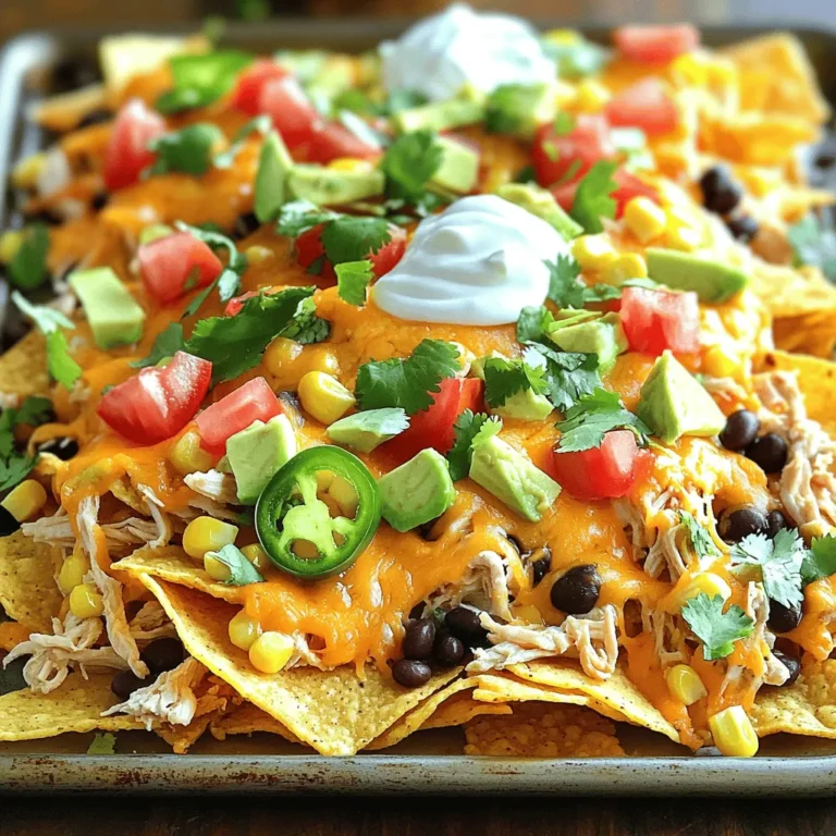 To make delicious Sheet Pan Chicken Nachos, you need some key items. Here’s what you’ll need: - 2 cups cooked chicken, shredded - 1 bag (12 oz) tortilla chips - 1 cup black beans, rinsed and drained - 1 cup corn, frozen or fresh - 1 cup jalapeños, sliced (fresh or pickled) - 2 cups shredded cheddar cheese - 1 cup diced tomatoes - 1 cup avocado, diced - ½ cup sour cream - ¼ cup fresh cilantro, chopped - 1 tablespoon olive oil - 1 teaspoon chili powder - Salt and pepper to taste These ingredients create a balance of flavors and textures in your nachos. The chicken gives the dish protein, while the cheese adds creaminess. You can get creative with toppings. Here are some fun options to try: - Sliced olives - Green onions, chopped - Salsa or pico de gallo - Hot sauce for an extra kick - Lime wedges for squeezing Feel free to mix and match these toppings. They can add new flavors and colors to your nachos. Using fresh ingredients can make a big difference. Here are some tips: - Choose ripe avocados for the best taste. - Use high-quality cheese for a richer flavor. - Try to find organic or locally sourced chicken. This can improve your dish's overall taste and nutrition. Good ingredients lead to great meals. Trust me, your nachos will shine when you use fresh and quality items. For the complete recipe, check out the Full Recipe. First, gather all your ingredients. You will need cooked chicken, tortilla chips, black beans, corn, jalapeños, cheddar cheese, tomatoes, avocado, sour cream, cilantro, olive oil, chili powder, salt, and pepper. Next, preheat your oven to 375°F (190°C). In a mixing bowl, combine the shredded chicken, black beans, corn, chili powder, olive oil, salt, and pepper. Mix well until everything is combined. This step adds great flavor to the chicken. Now, grab a large baking sheet. Spread the tortilla chips evenly across the sheet. It is key to cover the entire surface. Evenly distribute the chicken and bean mixture over the chips. This way, every bite gets tasty chicken. Next, sprinkle the sliced jalapeños on top. Don’t hold back on the cheese! Generously layer the shredded cheddar cheese over the entire sheet pan. Bake in the preheated oven for about 10-12 minutes. Look for the cheese to melt and bubble nicely. Carefully remove the sheet pan from the oven. It will be hot! Top the nachos with diced tomatoes and avocado. This adds freshness and color. Finish with dollops of sour cream and a sprinkle of fresh cilantro for garnish. For fun, serve the nachos directly on the sheet pan. You can also use a large platter. Add lime wedges and extra chopped cilantro on the side. This adds an extra burst of flavor. Enjoy your delicious Sheet Pan Chicken Nachos! For the full recipe, check the section above. To make great nachos, layer your ingredients well. Start with a solid base of tortilla chips. Use a mix of toppings to add flavor and texture. Shredded chicken adds protein, while black beans and corn give it a fresh taste. Always cover the chips evenly with toppings. This helps prevent sogginess. Preheat your oven to 375°F (190°C). Bake your nachos for about 10-12 minutes. Keep an eye on the cheese. It should melt and bubble without burning. If you want a crispy finish, bake a little longer but watch closely. One common mistake is using too many toppings. This can make your nachos soggy. Stick to a balance of toppings. Another mistake is not warming your chicken. Cold chicken can cool your nachos down fast. Finally, be careful with the cheese. Use enough to cover but not so much that it overpowers the other flavors. For the complete guide to making these delicious nachos, check out the Full Recipe. {{image_2}} To make vegetarian sheet pan nachos, swap the chicken for extra black beans or lentils. Use the same cheese and toppings for great flavor. You can add veggies like bell peppers, zucchini, or mushrooms. These add color and crunch. This option is perfect for meatless meals or when you want a lighter dish. For spicy chicken nachos, use spicy shredded chicken. You can mix in hot sauce or add diced serrano peppers for extra heat. Consider using pepper jack cheese instead of cheddar. This cheese gives a nice kick. Top with fresh salsa or spicy pickled jalapeños. These nachos will wake up your taste buds! To make low-carb nachos, replace tortilla chips with sliced bell peppers or zucchini. You can also use cheese crisps as a base. Keep the toppings similar, focusing on proteins like chicken and beans. Use full-fat cheese to stay on track with keto goals. These nachos still taste great while being healthy! For a complete guide, check out the Full Recipe. To keep your nachos fresh, store them in an airtight container. Let them cool before sealing. Place a paper towel inside to absorb moisture. This helps prevent sogginess. Store nachos in the fridge for up to three days. To reheat your nachos, preheat the oven to 350°F (175°C). Spread the nachos on a baking sheet. Heat for about 10 minutes or until warm. This restores the crispiness of the chips. You can also microwave them. Use a microwave-safe plate and heat for 30 seconds at a time. Freezing nachos is not the best option. Chips may become soggy when thawed. However, you can freeze the chicken and bean mixture. Store it in a freezer-safe container for up to three months. When ready, thaw it in the fridge overnight. Then, assemble and bake fresh nachos using the Full Recipe. Yes, you can prep your nachos ahead of time. Cook the chicken and mix it with beans and spices. Store this mix in the fridge. You can also slice your veggies. Keep the chips separate until you bake. This way, they stay crunchy. The best chips for nachos are thick tortilla chips. Look for sturdy ones that won’t break easily. Brands like Tostitos or Mission are popular choices. You want chips that hold up under the weight of toppings. Avoid thin chips, as they can get soggy. To add heat, use fresh jalapeños or spicy pickled ones. You can also try adding hot sauce or chili powder. For a smoky flavor, use chipotle peppers. Mixing in diced green chiles can also bring a nice kick. Adjust the spice to your taste. To keep nachos crispy, add toppings after baking. Avoid wet toppings until serving. Use thick dips, like guacamole, on the side. If you want to add beans or meat, drain them well. Baking the nachos at high heat helps them stay crunchy. This article covered how to make delicious sheet pan chicken nachos. We discussed key ingredients, optional toppings, and why quality matters. I shared a step-by-step guide for perfect preparation and baking. Tips and tricks helped you avoid common mistakes and master timing. Variations for different diets opened new flavor possibilities. In my experience, nachos can be fun and easy. Use fresh ingredients and keep it simple. Enjoy your tasty nachos!