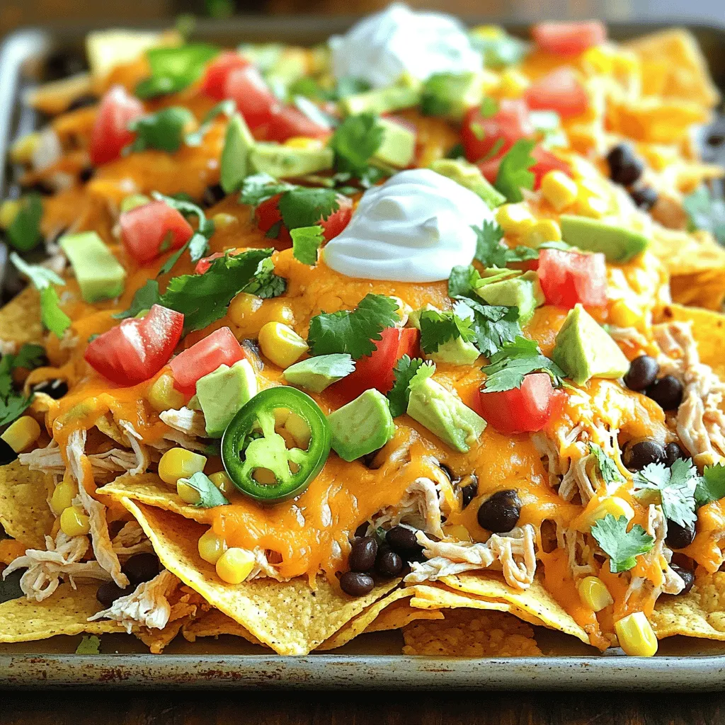 To make delicious Sheet Pan Chicken Nachos, you need some key items. Here’s what you’ll need: - 2 cups cooked chicken, shredded - 1 bag (12 oz) tortilla chips - 1 cup black beans, rinsed and drained - 1 cup corn, frozen or fresh - 1 cup jalapeños, sliced (fresh or pickled) - 2 cups shredded cheddar cheese - 1 cup diced tomatoes - 1 cup avocado, diced - ½ cup sour cream - ¼ cup fresh cilantro, chopped - 1 tablespoon olive oil - 1 teaspoon chili powder - Salt and pepper to taste These ingredients create a balance of flavors and textures in your nachos. The chicken gives the dish protein, while the cheese adds creaminess. You can get creative with toppings. Here are some fun options to try: - Sliced olives - Green onions, chopped - Salsa or pico de gallo - Hot sauce for an extra kick - Lime wedges for squeezing Feel free to mix and match these toppings. They can add new flavors and colors to your nachos. Using fresh ingredients can make a big difference. Here are some tips: - Choose ripe avocados for the best taste. - Use high-quality cheese for a richer flavor. - Try to find organic or locally sourced chicken. This can improve your dish's overall taste and nutrition. Good ingredients lead to great meals. Trust me, your nachos will shine when you use fresh and quality items. For the complete recipe, check out the Full Recipe. First, gather all your ingredients. You will need cooked chicken, tortilla chips, black beans, corn, jalapeños, cheddar cheese, tomatoes, avocado, sour cream, cilantro, olive oil, chili powder, salt, and pepper. Next, preheat your oven to 375°F (190°C). In a mixing bowl, combine the shredded chicken, black beans, corn, chili powder, olive oil, salt, and pepper. Mix well until everything is combined. This step adds great flavor to the chicken. Now, grab a large baking sheet. Spread the tortilla chips evenly across the sheet. It is key to cover the entire surface. Evenly distribute the chicken and bean mixture over the chips. This way, every bite gets tasty chicken. Next, sprinkle the sliced jalapeños on top. Don’t hold back on the cheese! Generously layer the shredded cheddar cheese over the entire sheet pan. Bake in the preheated oven for about 10-12 minutes. Look for the cheese to melt and bubble nicely. Carefully remove the sheet pan from the oven. It will be hot! Top the nachos with diced tomatoes and avocado. This adds freshness and color. Finish with dollops of sour cream and a sprinkle of fresh cilantro for garnish. For fun, serve the nachos directly on the sheet pan. You can also use a large platter. Add lime wedges and extra chopped cilantro on the side. This adds an extra burst of flavor. Enjoy your delicious Sheet Pan Chicken Nachos! For the full recipe, check the section above. To make great nachos, layer your ingredients well. Start with a solid base of tortilla chips. Use a mix of toppings to add flavor and texture. Shredded chicken adds protein, while black beans and corn give it a fresh taste. Always cover the chips evenly with toppings. This helps prevent sogginess. Preheat your oven to 375°F (190°C). Bake your nachos for about 10-12 minutes. Keep an eye on the cheese. It should melt and bubble without burning. If you want a crispy finish, bake a little longer but watch closely. One common mistake is using too many toppings. This can make your nachos soggy. Stick to a balance of toppings. Another mistake is not warming your chicken. Cold chicken can cool your nachos down fast. Finally, be careful with the cheese. Use enough to cover but not so much that it overpowers the other flavors. For the complete guide to making these delicious nachos, check out the Full Recipe. {{image_2}} To make vegetarian sheet pan nachos, swap the chicken for extra black beans or lentils. Use the same cheese and toppings for great flavor. You can add veggies like bell peppers, zucchini, or mushrooms. These add color and crunch. This option is perfect for meatless meals or when you want a lighter dish. For spicy chicken nachos, use spicy shredded chicken. You can mix in hot sauce or add diced serrano peppers for extra heat. Consider using pepper jack cheese instead of cheddar. This cheese gives a nice kick. Top with fresh salsa or spicy pickled jalapeños. These nachos will wake up your taste buds! To make low-carb nachos, replace tortilla chips with sliced bell peppers or zucchini. You can also use cheese crisps as a base. Keep the toppings similar, focusing on proteins like chicken and beans. Use full-fat cheese to stay on track with keto goals. These nachos still taste great while being healthy! For a complete guide, check out the Full Recipe. To keep your nachos fresh, store them in an airtight container. Let them cool before sealing. Place a paper towel inside to absorb moisture. This helps prevent sogginess. Store nachos in the fridge for up to three days. To reheat your nachos, preheat the oven to 350°F (175°C). Spread the nachos on a baking sheet. Heat for about 10 minutes or until warm. This restores the crispiness of the chips. You can also microwave them. Use a microwave-safe plate and heat for 30 seconds at a time. Freezing nachos is not the best option. Chips may become soggy when thawed. However, you can freeze the chicken and bean mixture. Store it in a freezer-safe container for up to three months. When ready, thaw it in the fridge overnight. Then, assemble and bake fresh nachos using the Full Recipe. Yes, you can prep your nachos ahead of time. Cook the chicken and mix it with beans and spices. Store this mix in the fridge. You can also slice your veggies. Keep the chips separate until you bake. This way, they stay crunchy. The best chips for nachos are thick tortilla chips. Look for sturdy ones that won’t break easily. Brands like Tostitos or Mission are popular choices. You want chips that hold up under the weight of toppings. Avoid thin chips, as they can get soggy. To add heat, use fresh jalapeños or spicy pickled ones. You can also try adding hot sauce or chili powder. For a smoky flavor, use chipotle peppers. Mixing in diced green chiles can also bring a nice kick. Adjust the spice to your taste. To keep nachos crispy, add toppings after baking. Avoid wet toppings until serving. Use thick dips, like guacamole, on the side. If you want to add beans or meat, drain them well. Baking the nachos at high heat helps them stay crunchy. This article covered how to make delicious sheet pan chicken nachos. We discussed key ingredients, optional toppings, and why quality matters. I shared a step-by-step guide for perfect preparation and baking. Tips and tricks helped you avoid common mistakes and master timing. Variations for different diets opened new flavor possibilities. In my experience, nachos can be fun and easy. Use fresh ingredients and keep it simple. Enjoy your tasty nachos!