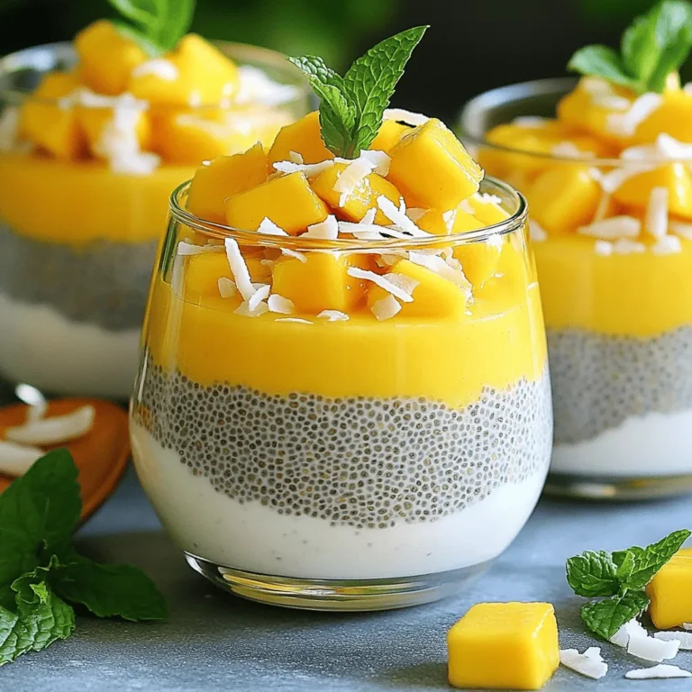 To make Mango Coconut Chia Pudding, you need simple and fresh ingredients. Here’s the list: - 1 cup coconut milk - 1/2 cup almond milk - 1/4 cup chia seeds - 2 tablespoons maple syrup or honey - 1 ripe mango, diced - 1 teaspoon vanilla extract - Pinch of salt - Toppings: toasted shredded coconut and fresh mint leaves Each ingredient plays a key role. Coconut milk gives a rich, creamy base. Almond milk adds a light touch and nutty flavor. Chia seeds are the star here. They soak up liquid and create that pudding texture we love. Maple syrup or honey sweetens the dish naturally. Fresh mango adds brightness and tropical taste. Vanilla extract enhances all the flavors. A pinch of salt balances the sweetness perfectly. When you choose your mango, look for one that is ripe. It should feel slightly soft when you press it. This ensures it’s sweet and juicy. For toppings, toasted shredded coconut adds crunch. Fresh mint leaves bring a refreshing note. This recipe is easy to prepare and perfect for any meal of the day. For the full recipe, check the instructions later on! 1. Mixing the liquid ingredients Start by taking a mixing bowl. Pour in 1 cup of coconut milk and 1/2 cup of almond milk. Add 2 tablespoons of maple syrup or honey and 1 teaspoon of vanilla extract. Sprinkle in a pinch of salt. Whisk these ingredients together until they are smooth. This blend gives your pudding a creamy base. 2. Incorporating chia seeds Next, you need to add the 1/4 cup of chia seeds. Slowly add them into the liquid mix while stirring. This step is important to prevent clumps from forming. Keep stirring until the chia seeds are evenly distributed. 3. Setting the pudding in the refrigerator Once mixed, cover the bowl with plastic wrap or transfer the mix into a jar with a lid. Place it in the refrigerator. Let it chill for at least 4 hours or overnight. This waiting time lets the chia seeds swell and thicken the pudding, creating that perfect texture. 1. Dividing pudding into bowls After chilling, take the pudding out of the fridge. Stir it gently to break up any clumps. Now, divide the pudding evenly into serving bowls or cups. 2. Adding toppings Top each bowl with diced mango and a sprinkle of toasted shredded coconut. These toppings add flavor and texture. You can also add fresh mint leaves on top for a touch of color and freshness. 1. Enhancing visual appeal To make your pudding look even more inviting, try layering the pudding with diced mango. This creates a lovely contrast of colors. You can also use clear cups so that the layers show beautifully. 2. Creative serving ideas Serve your pudding with a side of granola or yogurt. This adds crunch and creaminess. You can also make it a smoothie bowl by blending the pudding with extra fruit and serving it in a bowl. For the full recipe, refer to the Full Recipe section. Enjoy making this bright and tasty treat! Chilling time is key for great chia pudding. This allows the chia seeds to soak up the liquid and swell. Always chill it for at least four hours. If you want a smoother texture, let it sit overnight. Stirring also plays a big role. When you add chia seeds, stir them in slowly. This helps avoid clumping. If you notice clumps after chilling, give it another stir to break them up. This will give you that creamy texture you want. Using fresh mango adds a bright taste. It gives your pudding a burst of sweetness. On the other hand, frozen mango works too. Just thaw it before using. Both options can be delicious. For sweeteners, maple syrup is a great choice. If you want something different, try honey or agave. Each sweetener brings its own flavor. You can adjust the sweetness to your liking. One mistake is letting chia seeds clump together. This happens if you don’t stir them well when mixing. Always stir them in gradually. Another mistake is not chilling the pudding enough. If it's too warm, the seeds won’t thicken properly. Over-chilling can also be a problem. If you leave it too long, it may become too thick. Aim for that perfect balance for the best taste and texture. For the full recipe, refer to the earlier sections. {{image_2}} You can change up the flavor of your mango coconut chia pudding with different fruits. Pineapple adds a tropical twist, while berries bring a burst of color and taste. Just chop any fruit you like and mix it in. You can also use different nut milks. Cashew milk makes it creamy, while oat milk gives a nice flavor. This recipe is vegan-friendly. Simply use maple syrup instead of honey, and you’re set. Chia seeds are naturally gluten-free, making this dish safe for those with gluten issues. You can enjoy it without worry. You can serve your pudding in many ways. Try layering it with granola for a crunchy texture. You can also add yogurt for creaminess. If you want something new, transform it into a smoothie bowl. Just blend the pudding with a bit of extra almond milk until smooth. Pour it in a bowl and top with fruits and nuts. For the full recipe, check out the details above. To keep your mango coconut chia pudding fresh, use an airtight container. Glass jars work well. They help you see the pudding and keep it safe. Plastic containers are also fine as long as they seal well. Store the pudding in the fridge. It needs to stay cold to keep its texture. Make sure the lid is tight to prevent any smells from other foods. You can store chia pudding in the fridge for up to five days. After that, it may lose flavor and texture. Look for signs of spoilage before you eat it. If you see mold or an off smell, throw it away. If the pudding separates, a good stir can help. Yes, you can freeze chia pudding! To freeze it, place it in a freezer-safe container. Leave some space at the top for expansion. When you're ready to eat, take it out and put it in the fridge overnight to thaw. Stir it well before you enjoy it again. The texture may change a bit, but it will still taste good. For the best results, try to eat the frozen pudding within three months. For the full recipe, check out the details above. To make this tasty treat, follow these easy steps: 1. Combine 1 cup coconut milk, 1/2 cup almond milk, 2 tablespoons maple syrup, 1 teaspoon vanilla extract, and a pinch of salt in a bowl. 2. Whisk the mixture until it blends well. 3. Gradually stir in 1/4 cup chia seeds to avoid clumps. 4. Cover the bowl or transfer it to a jar. 5. Refrigerate for at least 4 hours or overnight to let it thicken. 6. Stir the pudding to mix. 7. Serve in bowls, topping with diced 1 ripe mango and toasted shredded coconut. 8. Add fresh mint leaves for extra color. For the complete recipe, check out the [Full Recipe]. Chia seeds are tiny but mighty! Here are some key health benefits: - They are high in fiber, which helps digestion. - They offer a great source of protein for energy. - They contain omega-3 fatty acids, good for heart health. - They are rich in antioxidants, which help fight free radicals. - They provide essential minerals like calcium, magnesium, and phosphorus. Adding chia seeds to your diet can really boost your health! Yes, you can make this chia pudding ahead of time! Here are some tips: - Prepare the pudding at least 4 hours before serving, or overnight for best results. - Store it in an airtight container in the fridge. - It can last for up to 5 days in the fridge. - Stir before serving to keep it creamy. This makes it perfect for meal prep! Enjoy the ease of a quick, healthy snack or breakfast. Mango Coconut Chia Pudding is a tasty and nutritious treat. We covered the key ingredients like coconut milk, chia seeds, and ripe mango. You learned how to prepare, serve, and present it. Plus, I shared tips for texture and flavor. With endless variations and smart storage tips, you're set for success. Remember, the right chilling time and stirring keep your pudding smooth. Enjoy making and sharing this delicious dessert!