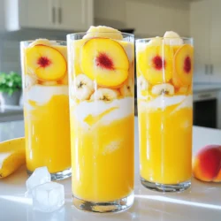 - 2 ripe peaches, pitted and sliced - 1 banana, frozen - 1 cup almond milk (or any preferred milk) - 1/2 cup Greek yogurt - 1 tablespoon honey or maple syrup (optional) - 1/2 teaspoon vanilla extract - Ice cubes (optional, for a thicker consistency) You can use other types of milk if you don’t have almond milk. Options include oat milk, soy milk, or coconut milk. Each one will add a different flavor. For Greek yogurt, regular yogurt works too. You can also try plant-based yogurt for a dairy-free version. Fresh ingredients make a big difference in taste. Ripe peaches add sweetness and flavor. Look for peaches that have a nice aroma and give slightly when pressed. Avoid hard peaches, as they won't taste as good. Choosing fresh fruit ensures your smoothie is both tasty and healthy. To make your peach smoothie, start with fresh, ripe peaches. Rinse them under cold water. Use a knife to slice them in half and remove the pit. Then, cut the peach flesh into smaller pieces. This helps them blend smoothly. For the banana, slice it into chunks before freezing. Freezing it makes the smoothie creamy. Place the banana pieces in a freezer bag. Lay them flat in the freezer. This way, they freeze evenly and are easy to grab later. When you are ready to blend, gather your ingredients. First, add the sliced peaches into the blender. Next, toss in the frozen banana. Pour in the almond milk and Greek yogurt. If you choose to add honey or maple syrup, include that too. Don’t forget the vanilla extract! Blend everything on high for about 30-45 seconds. You want it smooth, with no chunks left. If it’s too thick, add a splash more milk and blend again. If you want your smoothie thicker, add some ice cubes. Blend again until it reaches your desired thickness. Taste your smoothie to check the sweetness. If it needs more, add a little honey or syrup. Blend once more to mix it in well. Now, you have a creamy and delicious peach smoothie ready to enjoy! Blending your smoothie in stages helps you get the best texture. Start with the liquid first. This way, your blades spin freely and mix everything well. After that, add your fruits and yogurt. If your mix is too thick, you can use a tamper. This tool pushes ingredients down into the blades. It helps blend everything without adding more liquid. To make your peach smoothie stand out, try adding spices or herbs. A pinch of cinnamon adds warmth and depth. You can also sprinkle a bit of mint for a fresh twist. If you want to mix things up, add other fruits. Berries, like strawberries or blueberries, pair well with peaches. They boost the flavor and add color. If you have extra smoothie, store it in a glass jar. Make sure the jar has a tight lid. This keeps it fresh and prevents spills. Smoothies are best in the fridge for about one day. If you need to keep it longer, consider freezing it. Pour the smoothie into ice cube trays or freezer-safe containers. When you want it, just thaw it in the fridge overnight. This way, you can still enjoy your peach smoothie later. {{image_2}} You can mix it up by adding berries to your peach smoothie. Blueberries, strawberries, or raspberries add great flavor. They also give a nice color to your drink. Just toss in a handful before blending. For a tropical twist, add pineapple or mango. These fruits make the smoothie taste like summer. They blend well with peaches and create a refreshing drink. Use about half a cup of any tropical fruit for a fun change. If you want a dairy-free smoothie, try plant-based yogurt. Almond or coconut yogurt works great. This keeps the smoothie creamy without dairy. You can also use coconut milk instead of almond milk for a richer taste. For vegan diets, skip the honey and use maple syrup instead. This keeps everything plant-based and just as tasty. Always check ingredient labels to ensure they fit your dietary needs. To make your smoothie more filling, add a scoop of protein powder. Vanilla or unflavored protein works best. This gives you extra energy for your day. You can also add nut butter like almond or peanut butter. This adds creaminess and healthy fats. Seeds like chia or flax add fiber and nutrients too. Just sprinkle a tablespoon in, and blend it all together. Try these variations to create your perfect peach smoothie. For the full recipe, check out the Sunshine Peach Paradise Smoothie. You can keep your peach smoothie in the fridge for up to two days. Store it in an airtight container. This helps keep it fresh and tasty. Before drinking, give it a good shake. The ingredients may separate, but that's normal. If you want to save your smoothie for later, freezing is a great option. Pour the smoothie into ice cube trays or freezer bags. This makes it easy to use later. For best results, use freezer-safe glass or plastic containers. They prevent freezer burn and keep your smoothie fresh. To thaw your frozen smoothie, place it in the fridge overnight. This is the safest way to do it. If you're in a hurry, you can run the container under warm water. Blend it again after thawing to keep it smooth. This helps restore the creamy texture. To make your peach smoothie extra creamy, use ripe peaches. Ripe peaches have more juice and provide great texture. Here are more tips for creaminess: - Use a frozen banana. It adds thickness and smoothness. - Opt for full-fat Greek yogurt. It creates a rich, creamy base. - Add a splash of almond milk slowly. Blend until smooth to reach your desired consistency. Yes, you can prepare your smoothie ahead of time! Here are some best practices: - Blend and store the smoothie in an airtight container. - Keep it in the fridge for up to 24 hours. - Shake or stir before drinking, as it may separate. - For longer storage, freeze the smoothie in ice cube trays. Blend later for a quick treat! If you don’t have peaches, don’t worry! You can try these fruits for a similar taste: - Mangoes offer a sweet, tropical flavor. - Apricots add a nice tartness. - Berries can give a fruity kick and a vibrant color. Experiment with these options to find your favorite mix! For the full recipe, check the recipe section above. Using ripe peaches and bananas gives you a tasty smoothie. Freshness is key for great flavor. Remember, blending techniques and ingredient order make a difference. You can switch up fruits or add protein for variety. Store your smoothies wisely to keep them fresh longer. Utilize these tips to create delicious combinations every time. Enjoy experimenting with flavors and textures to find your perfect mix!