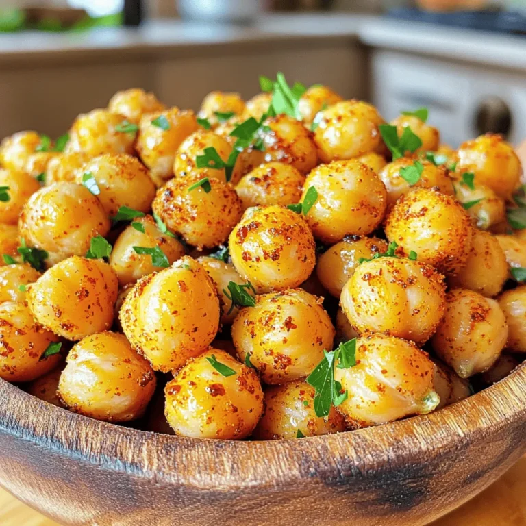 - 1 can (15 oz) chickpeas, drained and rinsed - 2 tablespoons olive oil - 1 teaspoon smoked paprika - 1 teaspoon garlic powder - ½ teaspoon cayenne pepper - ½ teaspoon ground cumin - Salt to taste - 1 tablespoon fresh lemon juice - Fresh parsley for garnish - Additional spices (e.g., chili powder, curry powder) - Nutritional yeast for a cheesy flavor - Variety of herbs for garnish - Baking sheet - Parchment paper - Mixing bowl - Kitchen towel When I create spicy roasted chickpeas, I always start with the main ingredients. The chickpeas are the stars here. They soak up flavors and get so crunchy. You want to rinse and drain them well. This helps remove any canning liquid that can make them soggy. Next, I add olive oil. It helps the spices stick and makes the chickpeas crispy. Smoked paprika gives a nice depth of flavor. Garlic powder adds a savory touch, while cayenne pepper brings the heat. You can adjust the cayenne if you prefer less spice. Ground cumin adds warmth. A pinch of salt enhances all these flavors. Lastly, I squeeze fresh lemon juice over the hot chickpeas. It brightens the flavors and adds a nice tang. For garnish, I like to add fresh parsley. It not only looks pretty but also gives a fresh taste. If you want to mix things up, consider the optional ingredients. You can add more spices like chili powder for extra kick or nutritional yeast for a cheesy flavor. Fresh herbs like thyme or rosemary can also elevate the dish. Gather these tools to make your cooking easy. A baking sheet lined with parchment paper helps with cleanup and ensures even roasting. A mixing bowl will be handy for combining the chickpeas and spices. And don't forget a kitchen towel to dry the chickpeas before you start. You can find the full recipe in the main article, where I guide you through the steps to make these crunchy snacks perfect for any time! - Preheat your oven to 400°F (200°C). - Line a baking sheet with parchment paper. - Rinse and dry the chickpeas thoroughly. - Combine chickpeas with olive oil and spices. To prepare the chickpeas, start by rinsing them under cold water. This removes any excess sodium from the can. Next, use a kitchen towel to dry them well. Drying the chickpeas is crucial. If they are wet, they will not get crunchy. Once dry, place the chickpeas in a mixing bowl. Add olive oil, smoked paprika, garlic powder, cayenne pepper, ground cumin, and salt. Mix everything together. Each chickpea should be coated with the spices. - Spread the chickpeas in a single layer on the baking sheet. - Roast for 25-30 minutes, shaking the pan halfway. When you spread the chickpeas on the baking sheet, make sure they are in a single layer. This helps them roast evenly. Place the baking sheet in the oven and set a timer for 15 minutes. At the halfway mark, shake the pan. This helps them cook well on all sides. Keep an eye on them so they don’t burn. - Drizzle lemon juice over hot chickpeas. - Garnish with chopped parsley before serving. Once the chickpeas are golden brown, take them out of the oven. Drizzle fresh lemon juice over the hot chickpeas. This adds a nice zing! Then, toss them gently to coat. Let them cool for a few minutes. They will keep getting crunchier. Finally, garnish with finely chopped parsley. This adds color and freshness to your dish. For the full recipe, check out the [Full Recipe]. To make your spicy roasted chickpeas super crunchy, start by drying them well. After rinsing, pat them with a kitchen towel. This removes moisture, which helps them crisp up in the oven. If your oven runs hot or cold, adjust the roasting time. Check them at 20 minutes. You want them golden and crunchy, not burnt. You can adjust the spice level to fit your taste. If you like it hot, add more cayenne pepper. For a milder flavor, reduce the amount. Use fresh spices when possible for the best taste. Dried spices work well too, but fresh ones give a bolder kick! Serve your chickpeas with a yogurt dip or hummus. These pairings add creaminess that contrasts nicely with the crunch. You can also sprinkle them on salads for added texture and flavor. They make a great topping that will impress your family and friends. {{image_2}} You can get creative with spicy roasted chickpeas! Try a sweet and spicy twist. Just add brown sugar or maple syrup to the mix. The sugar caramelizes while roasting, giving your chickpeas a crunchy sweetness. Another option is to use fresh herbs. Mix in rosemary or thyme for a fragrant flavor. These herbs pair well with the spices, giving you a unique snack. If you’re looking for gluten-free options, you’re in luck! Most spices are gluten-free. Just check the labels to be safe. Chickpeas are also vegan-friendly, so you can enjoy them without worry. This recipe fits into many diets, making it great for sharing. Want a quicker version? Use an air fryer! Set it to 400°F (200°C) and cook for about 15-20 minutes. Shake the basket halfway through for even cooking. You’ll get a crispy texture with less oil. If you prefer a different texture, try the stovetop method. Heat a pan over medium heat and add the chickpeas. Stir often until they are golden brown. This method gives them a slightly softer bite while still retaining some crunch. For the full recipe, refer to the section above! Store your spicy roasted chickpeas in an airtight container. This keeps them fresh and crunchy. Choose a cool, dry place for storage. Avoid humid areas, as moisture can ruin their texture. At room temperature, these chickpeas stay fresh for about three days. If you want to keep them longer, store them in the fridge. However, they may lose some crunchiness when refrigerated. To reheat, place them in the oven at a low temperature. This helps regain their crunch. You can also toss them into salads or soups for added flavor. Use them as a topping for yogurt or hummus for a tasty twist. For the full recipe, check out the link provided! You can use an air fryer or stovetop. For air frying, set it to 400°F. Cook the chickpeas for 15-20 minutes, shaking the basket halfway. On the stovetop, heat oil in a pan over medium heat. Add the chickpeas and cook until crispy, stirring often. Yes, but you need to cook them first. Soak dried chickpeas overnight. Then, boil them until soft, about 1-2 hours. After draining, you can season and roast them just like canned chickpeas. Chickpeas are high in protein and fiber. They help keep you full and aid digestion. They also provide vitamins and minerals, such as iron and folate. Eating chickpeas can support heart health and may lower cholesterol. To serve more people, simply double or triple the ingredients. If you want to make a big batch, use two or more baking sheets. Make sure to spread the chickpeas out so they can roast evenly. Yes, you can prepare them in advance. Make sure to let them cool completely before storing. Keep them in an airtight container at room temperature. They will stay crunchy for a few days, but best within 2-3 days for optimal texture. For the full recipe, check out my detailed guide! In this blog post, we covered how to make crunchy roasted chickpeas. We explored the key ingredients, tools needed, and detailed step-by-step instructions. You learned tips for flavor and crunchiness, along with storage advice and FAQs. Roasted chickpeas are easy and fun to make. They offer a delicious snack or topping for meals. Experiment with different spices and herbs to make them your own. Enjoy the health benefits and taste of this simple recipe!