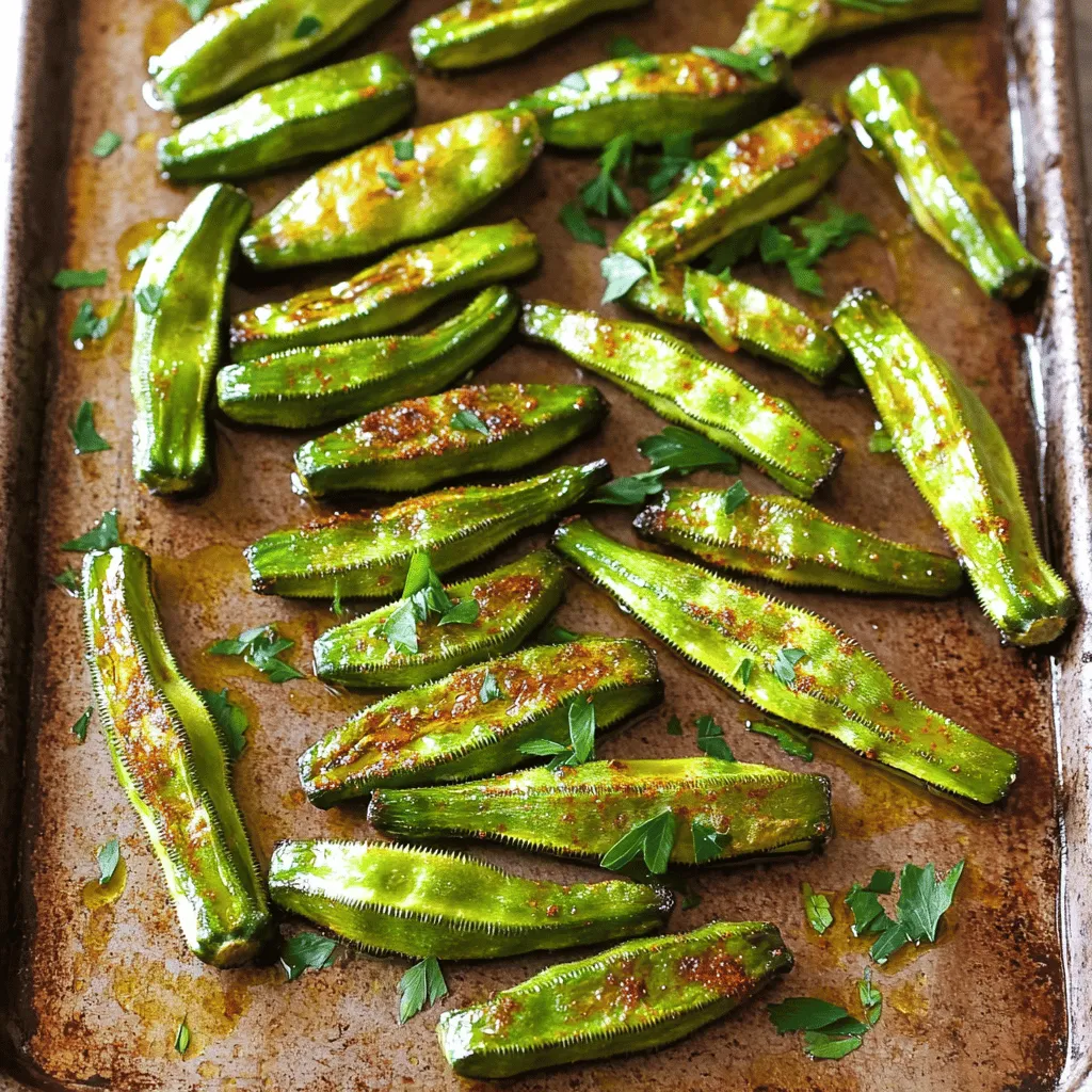 - 1 pound fresh okra, trimmed and cut in half - 2 tablespoons olive oil - 1 teaspoon smoked paprika - 1 teaspoon garlic powder - 1 teaspoon onion powder - 1/2 teaspoon cayenne pepper (optional for extra heat) - Salt and pepper to taste - Fresh parsley, chopped (for garnish) To make smoky roasted okra, you need fresh okra. Choose bright green pods, firm to the touch. Trim off both ends and cut them in half. The olive oil helps the spices stick. It also gives the okra a nice crisp. Smoked paprika adds a rich, smoky flavor. It brings warmth without heat. Garlic powder and onion powder enhance the taste too. If you like spice, sprinkle in cayenne pepper. Adjust salt and pepper to fit your taste. For garnish, fresh parsley adds color and freshness. It makes the dish look nice and bright. You can find all these ingredients at your local grocery store. This simple list helps create a flavorful side dish that everyone will enjoy. For the full recipe, check the section above. - Preheat your oven to 425°F (220°C). - In a large mixing bowl, combine 1 pound of trimmed and halved okra with 2 tablespoons of olive oil, 1 teaspoon of smoked paprika, 1 teaspoon of garlic powder, and 1 teaspoon of onion powder. If you want some heat, add 1/2 teaspoon of cayenne pepper. Season with salt and pepper to taste. Toss everything until the okra is well-coated in the spices. - Spread the seasoned okra on a baking sheet in a single layer. This helps it roast evenly. - Roast in the preheated oven for 20-25 minutes. Stir halfway through to ensure even cooking. You want the okra to be tender with a slight crisp on the edges. - Once the okra is ready, remove it from the oven. Garnish with fresh chopped parsley before serving. This adds a nice pop of color and flavor. For the complete Smoky Roasted Okra recipe, check out the [Full Recipe]. Enjoy! To pick fresh okra, look for bright green pods. They should feel firm and smooth. Avoid okra with brown spots or blemishes. The ideal size for roasting is about three to four inches long. Smaller pods tend to be more tender and less fibrous. Remember, fresh okra is key to great flavor. Smoked paprika is my go-to spice for this dish. It adds depth and warmth. You can also try smoked garlic powder for extra flavor. To enhance the smoky taste, use a splash of liquid smoke. A little goes a long way! Mix the spices well with the okra to coat every piece. Smoky roasted okra pairs well with grilled meats and rice dishes. It adds a nice crunch and flavor. You can serve it with a tangy yogurt dip or a spicy salsa. These condiments balance the smoky taste perfectly. For more ideas, check out the Full Recipe for inspiration! {{image_2}} You can change the flavor of smoky roasted okra with different spices. For a Mediterranean twist, try adding dried herbs like oregano, thyme, and rosemary. These herbs give a fresh taste and pair well with okra. You can also add lemon zest for a bright note. For a Southwestern flavor, use chili powder, cumin, and a touch of lime juice. This mix adds warmth and depth to the okra. Don't forget to adjust salt and pepper to fit your taste. If you want crispy okra fast, use an air fryer. Set it to 400°F (200°C). Spread the seasoned okra in a single layer in the air fryer basket. Cook for 12-15 minutes, shaking the basket halfway through. You'll enjoy a crispy texture without much oil. Grilling is another fun method. Preheat your grill to medium-high heat. Place skewers with the okra over direct heat. Grill for about 10 minutes, turning often. This method gives a nice smoky flavor, perfect for summer cookouts. This dish is easy to adapt for various diets. It is vegan and naturally gluten-free, making it great for many people. For those who like it spicy, simply add more cayenne pepper or fresh jalapeños. If you prefer a milder taste, skip the spicy ingredients and focus on herbs. You can enjoy smoky roasted okra in many ways. For the full recipe, see above. To keep your smoky roasted okra fresh, let it cool first. Place it in a clean, airtight container. This helps prevent moisture loss and keeps flavors strong. You can store it in the fridge for up to three days. For best taste, eat it within two days. When you reheat okra, you want it to stay crispy. The oven works best for this. Preheat it to 350°F (175°C). Spread the okra on a baking sheet and heat for about 10 minutes. Stir it halfway through to ensure even warming. The microwave is quicker but may make it soggy. If you use the microwave, heat it in short bursts, checking often. Yes, you can freeze roasted okra! Start by letting it cool completely. Place it in a freezer-safe bag, removing as much air as possible. Label the bag with the date. It can last up to three months in the freezer. When you're ready to eat, thaw it overnight in the fridge. Reheat it in the oven for the best texture. This keeps the crispy edges you love. For the full recipe, check out the Smoky Roasted Okra section. You know okra is roasted when it is tender and has a slight crisp. Look for a nice golden brown color on the edges. It should feel firm when you touch it. You can also check by poking a piece with a fork; it should slide in easily. Yes, you can use frozen okra, but it may not be as crispy. Thaw the okra first, then pat it dry with a towel. This step gets rid of excess moisture. If you use frozen okra, cook it a bit longer to get the same texture. Fresh okra has a better taste, but frozen is still good! If you don’t have smoked paprika, try regular paprika mixed with a bit of chili powder. This mix gives a nice kick and some smokiness. Another option is to use chipotle powder for a spicy twist. Each substitute adds its own unique flavor to the dish, so feel free to experiment! In this article, we explored how to make smoky roasted okra, from essential and optional ingredients to step-by-step instructions. We discussed tips on selecting the right okra, achieving smoky flavor, and serving suggestions. Variations included cooking methods and dietary adaptations. Remember, roasted okra is easy to store and reheat. Enjoy trying different spices or dips to make it your own. With these methods, you’ll create a dish that’s tasty and fun to share.