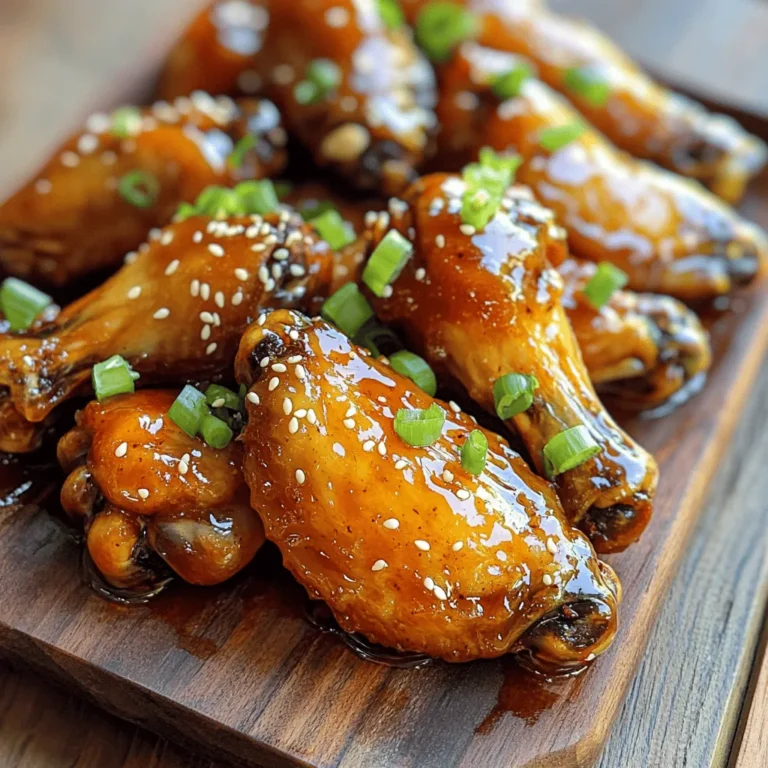 - 2 lbs chicken wings - 1/2 cup honey - 1/4 cup soy sauce (low sodium preferred) - 4 cloves garlic, minced - 1 tablespoon freshly grated ginger - 1-2 teaspoons sriracha (adjust for spice preference) - 1 tablespoon rice vinegar - 1 teaspoon sesame oil - 1/2 teaspoon black pepper - 2 green onions, sliced (for garnish) - Sesame seeds (for garnish, optional) Each ingredient plays a vital role in making these wings taste amazing. The chicken wings give a great base, while honey adds sweetness. Soy sauce brings umami, and garlic adds depth. Ginger gives a fresh bite, and sriracha adds heat. Rice vinegar balances the sweetness, and sesame oil gives a nutty finish. If you find yourself short on honey, you can use maple syrup or agave syrup. Both provide a nice sweetness. For soy sauce, try coconut aminos for a soy-free option. If you want less salt, look for low-sodium soy sauce. To change the heat level, add more or less sriracha. You can swap it with chili paste or hot sauce, too. Using fresh garlic makes a big difference. Fresh garlic gives a strong, bold flavor that dried garlic cannot match. Fresh ginger also stands out. It has a bright, zesty taste that enhances the wings. If fresh ingredients are not available, use garlic powder and ground ginger as substitutes. Just remember, the flavors will be milder. For the full recipe, check out the steps to create these delicious wings and impress your friends! First, you want to dry the wings. Drying them with paper towels helps them get crispy when cooked. If they are wet, they won’t crisp up well. After drying, place the wings in a large bowl. Next, preheat your oven to 400°F (200°C). This temperature helps the wings cook evenly and develop a nice golden color. Now, let’s mix the marinade. In a separate bowl, whisk together honey, soy sauce, minced garlic, grated ginger, sriracha, rice vinegar, sesame oil, and black pepper. This mixing technique ensures even flavor on each wing. Marinating the wings is key! Pour the marinade over the chicken wings and toss until they are well coated. Let them sit for at least 30 minutes at room temperature. For more flavor, you can marinate them in the fridge for up to 2 hours. When it’s time to bake, line a baking sheet with foil. Place a wire rack on top of the sheet. This setup allows air to circulate around the wings for even cooking. Arrange the marinated wings in a single layer on the rack. Monitor the doneness as they bake for 30-35 minutes. Flip the wings halfway through for even browning. They should be golden and crispy when done. For extra flavor, brush the remaining marinade over the wings in the last 5 minutes of baking. To get crispy wings, start by patting them dry. This step removes moisture and helps them crisp up in the oven. You can bake or fry the wings. Baking is easier and less messy, but frying gives a deep crunch. Both methods work, but I prefer baking for a healthier option. Want more heat? Add chili flakes to your marinade. This will kick up the spice level. You can also infuse flavors during marination. Let the wings soak up the marinade for at least 30 minutes. For the best taste, marinate them for up to 2 hours in the fridge. Pair your spicy honey garlic wings with dipping sauces like ranch or blue cheese. These cool sauces balance the heat. For sides, try celery sticks or a fresh salad. They add crunch and freshness to your meal. Check out the Full Recipe for more ideas on serving! {{image_2}} You can easily change the taste of your spicy honey garlic wings. One fun idea is to make citrus-infused wings. Just add orange or lemon juice to the marinade. This brightens the flavor and adds a zesty kick. You can also try Asian-inspired versions. Use different sauces like hoisin or teriyaki. These will give your wings a sweet and savory twist. A dash of sesame oil can also enhance the flavor. You have options when it comes to cooking. Grilling your wings gives them a smoky taste. You can marinate them and throw them on the grill for about 20 minutes. Just flip them halfway through. Oven baking is another great choice. It keeps the wings crispy and juicy. Follow the [Full Recipe] for oven instructions. If you want a hands-off approach, try a slow cooker. Just place the marinated wings inside and cook for 4-6 hours on low. This method keeps the meat tender and flavorful. Making diet-friendly wings is simple. For gluten-free wings, swap out the soy sauce for tamari. This keeps the flavor while making the dish safe for gluten-free diets. Looking for low-calorie alternatives? You can use less honey and add more garlic. This way, you keep the flavor while cutting calories. Another tip is to bake instead of fry, which helps reduce fat. After enjoying your spicy honey garlic wings, let them cool at room temperature. This prevents steam from building up, which can make the wings soggy. Use an airtight container to store them. Glass or plastic containers work well. Place a paper towel in the container to absorb moisture. This helps keep the wings crispy. In the fridge, your wings will last for 3 to 4 days. For the best taste, reheat your wings in the oven. Preheat the oven to 350°F (175°C). Arrange the wings on a baking sheet. Bake for about 10 to 15 minutes. This method helps regain their crispy texture. If you're in a hurry, you can use the microwave. Place the wings on a microwave-safe plate. Cover them with a damp paper towel. Heat for 1 to 2 minutes. Check if they are hot enough before serving. To freeze cooked wings, let them cool completely first. Place them in a freezer-safe bag or container. Remove as much air as possible to prevent freezer burn. You can freeze them for up to 3 months. When you're ready to eat, thaw them overnight in the fridge. Reheat in the oven as mentioned before for the best results. Enjoy your spicy honey garlic wings later without losing flavor! For the full recipe, check the section above. Yes, you can make these wings ahead of time. To prepare them, follow these steps: - Marinate the wings: Coat the wings in the marinade and let them sit in the fridge. This can last up to 2 hours for great flavor. - Store properly: If you want to keep them longer, store the marinated wings in an airtight container. They can last in the fridge for about a day. - Cook when ready: When you're ready to eat, simply bake them. This keeps the wings fresh and tasty. Several sauces work well with spicy honey garlic wings. Here are some popular choices: - Ranch dressing: Its coolness balances the spice. - Blue cheese dressing: A classic option for wing lovers. - Buffalo sauce: For those who want extra heat. - Barbecue sauce: Adds a sweet and smoky flavor. You can easily adjust the spice level in this recipe. Here’s how: - Sriracha: Start with 1 teaspoon. Add more if you like it hotter. - Chili flakes: Sprinkle in some chili flakes for extra heat. - Pepper: Use more black pepper in the marinade. Adjusting these ingredients lets you customize your wings to your taste. Yes, you can use frozen chicken wings. Here’s how to handle them: - Thaw: Always thaw chicken wings before cooking. You can do this in the fridge overnight or use a quick method by placing them in cold water for an hour. - Adjust cooking time: If using thawed wings, follow the cooking instructions in the Full Recipe. The wings should bake until crispy and golden. In this guide, we explored key ingredients for tasty chicken wings, including marinades and garnishes. We discussed how to prepare, bake, and serve them for maximum flavor and crispiness. I shared tips on ingredient substitutes, variations, and proper storage. Remember, experimenting with flavors can make these wings your own. Whether you prefer Asian-inspired or citrus-infused, there’s a wing recipe for everyone. Now, it's your turn to try these tips and enjoy delicious wings with family and friends.