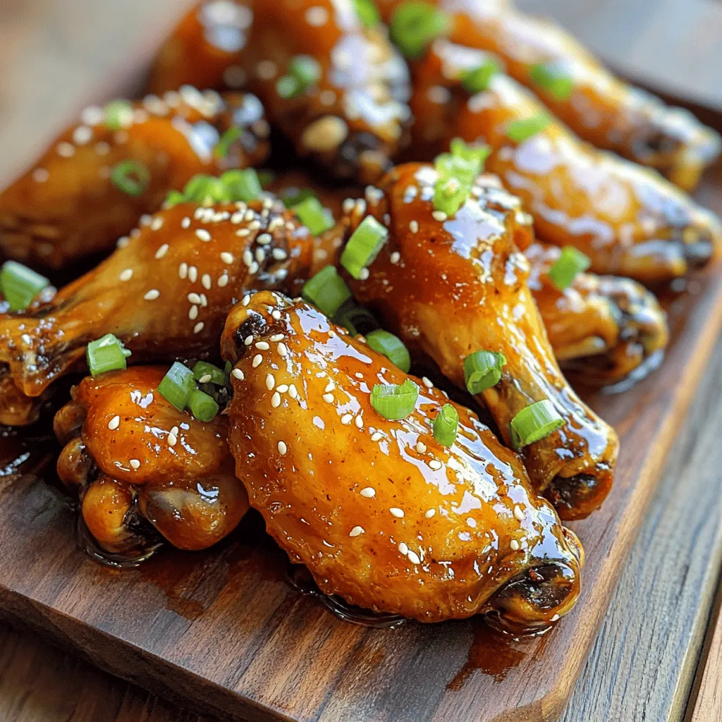 - 2 lbs chicken wings - 1/2 cup honey - 1/4 cup soy sauce (low sodium preferred) - 4 cloves garlic, minced - 1 tablespoon freshly grated ginger - 1-2 teaspoons sriracha (adjust for spice preference) - 1 tablespoon rice vinegar - 1 teaspoon sesame oil - 1/2 teaspoon black pepper - 2 green onions, sliced (for garnish) - Sesame seeds (for garnish, optional) Each ingredient plays a vital role in making these wings taste amazing. The chicken wings give a great base, while honey adds sweetness. Soy sauce brings umami, and garlic adds depth. Ginger gives a fresh bite, and sriracha adds heat. Rice vinegar balances the sweetness, and sesame oil gives a nutty finish. If you find yourself short on honey, you can use maple syrup or agave syrup. Both provide a nice sweetness. For soy sauce, try coconut aminos for a soy-free option. If you want less salt, look for low-sodium soy sauce. To change the heat level, add more or less sriracha. You can swap it with chili paste or hot sauce, too. Using fresh garlic makes a big difference. Fresh garlic gives a strong, bold flavor that dried garlic cannot match. Fresh ginger also stands out. It has a bright, zesty taste that enhances the wings. If fresh ingredients are not available, use garlic powder and ground ginger as substitutes. Just remember, the flavors will be milder. For the full recipe, check out the steps to create these delicious wings and impress your friends! First, you want to dry the wings. Drying them with paper towels helps them get crispy when cooked. If they are wet, they won’t crisp up well. After drying, place the wings in a large bowl. Next, preheat your oven to 400°F (200°C). This temperature helps the wings cook evenly and develop a nice golden color. Now, let’s mix the marinade. In a separate bowl, whisk together honey, soy sauce, minced garlic, grated ginger, sriracha, rice vinegar, sesame oil, and black pepper. This mixing technique ensures even flavor on each wing. Marinating the wings is key! Pour the marinade over the chicken wings and toss until they are well coated. Let them sit for at least 30 minutes at room temperature. For more flavor, you can marinate them in the fridge for up to 2 hours. When it’s time to bake, line a baking sheet with foil. Place a wire rack on top of the sheet. This setup allows air to circulate around the wings for even cooking. Arrange the marinated wings in a single layer on the rack. Monitor the doneness as they bake for 30-35 minutes. Flip the wings halfway through for even browning. They should be golden and crispy when done. For extra flavor, brush the remaining marinade over the wings in the last 5 minutes of baking. To get crispy wings, start by patting them dry. This step removes moisture and helps them crisp up in the oven. You can bake or fry the wings. Baking is easier and less messy, but frying gives a deep crunch. Both methods work, but I prefer baking for a healthier option. Want more heat? Add chili flakes to your marinade. This will kick up the spice level. You can also infuse flavors during marination. Let the wings soak up the marinade for at least 30 minutes. For the best taste, marinate them for up to 2 hours in the fridge. Pair your spicy honey garlic wings with dipping sauces like ranch or blue cheese. These cool sauces balance the heat. For sides, try celery sticks or a fresh salad. They add crunch and freshness to your meal. Check out the Full Recipe for more ideas on serving! {{image_2}} You can easily change the taste of your spicy honey garlic wings. One fun idea is to make citrus-infused wings. Just add orange or lemon juice to the marinade. This brightens the flavor and adds a zesty kick. You can also try Asian-inspired versions. Use different sauces like hoisin or teriyaki. These will give your wings a sweet and savory twist. A dash of sesame oil can also enhance the flavor. You have options when it comes to cooking. Grilling your wings gives them a smoky taste. You can marinate them and throw them on the grill for about 20 minutes. Just flip them halfway through. Oven baking is another great choice. It keeps the wings crispy and juicy. Follow the [Full Recipe] for oven instructions. If you want a hands-off approach, try a slow cooker. Just place the marinated wings inside and cook for 4-6 hours on low. This method keeps the meat tender and flavorful. Making diet-friendly wings is simple. For gluten-free wings, swap out the soy sauce for tamari. This keeps the flavor while making the dish safe for gluten-free diets. Looking for low-calorie alternatives? You can use less honey and add more garlic. This way, you keep the flavor while cutting calories. Another tip is to bake instead of fry, which helps reduce fat. After enjoying your spicy honey garlic wings, let them cool at room temperature. This prevents steam from building up, which can make the wings soggy. Use an airtight container to store them. Glass or plastic containers work well. Place a paper towel in the container to absorb moisture. This helps keep the wings crispy. In the fridge, your wings will last for 3 to 4 days. For the best taste, reheat your wings in the oven. Preheat the oven to 350°F (175°C). Arrange the wings on a baking sheet. Bake for about 10 to 15 minutes. This method helps regain their crispy texture. If you're in a hurry, you can use the microwave. Place the wings on a microwave-safe plate. Cover them with a damp paper towel. Heat for 1 to 2 minutes. Check if they are hot enough before serving. To freeze cooked wings, let them cool completely first. Place them in a freezer-safe bag or container. Remove as much air as possible to prevent freezer burn. You can freeze them for up to 3 months. When you're ready to eat, thaw them overnight in the fridge. Reheat in the oven as mentioned before for the best results. Enjoy your spicy honey garlic wings later without losing flavor! For the full recipe, check the section above. Yes, you can make these wings ahead of time. To prepare them, follow these steps: - Marinate the wings: Coat the wings in the marinade and let them sit in the fridge. This can last up to 2 hours for great flavor. - Store properly: If you want to keep them longer, store the marinated wings in an airtight container. They can last in the fridge for about a day. - Cook when ready: When you're ready to eat, simply bake them. This keeps the wings fresh and tasty. Several sauces work well with spicy honey garlic wings. Here are some popular choices: - Ranch dressing: Its coolness balances the spice. - Blue cheese dressing: A classic option for wing lovers. - Buffalo sauce: For those who want extra heat. - Barbecue sauce: Adds a sweet and smoky flavor. You can easily adjust the spice level in this recipe. Here’s how: - Sriracha: Start with 1 teaspoon. Add more if you like it hotter. - Chili flakes: Sprinkle in some chili flakes for extra heat. - Pepper: Use more black pepper in the marinade. Adjusting these ingredients lets you customize your wings to your taste. Yes, you can use frozen chicken wings. Here’s how to handle them: - Thaw: Always thaw chicken wings before cooking. You can do this in the fridge overnight or use a quick method by placing them in cold water for an hour. - Adjust cooking time: If using thawed wings, follow the cooking instructions in the Full Recipe. The wings should bake until crispy and golden. In this guide, we explored key ingredients for tasty chicken wings, including marinades and garnishes. We discussed how to prepare, bake, and serve them for maximum flavor and crispiness. I shared tips on ingredient substitutes, variations, and proper storage. Remember, experimenting with flavors can make these wings your own. Whether you prefer Asian-inspired or citrus-infused, there’s a wing recipe for everyone. Now, it's your turn to try these tips and enjoy delicious wings with family and friends.