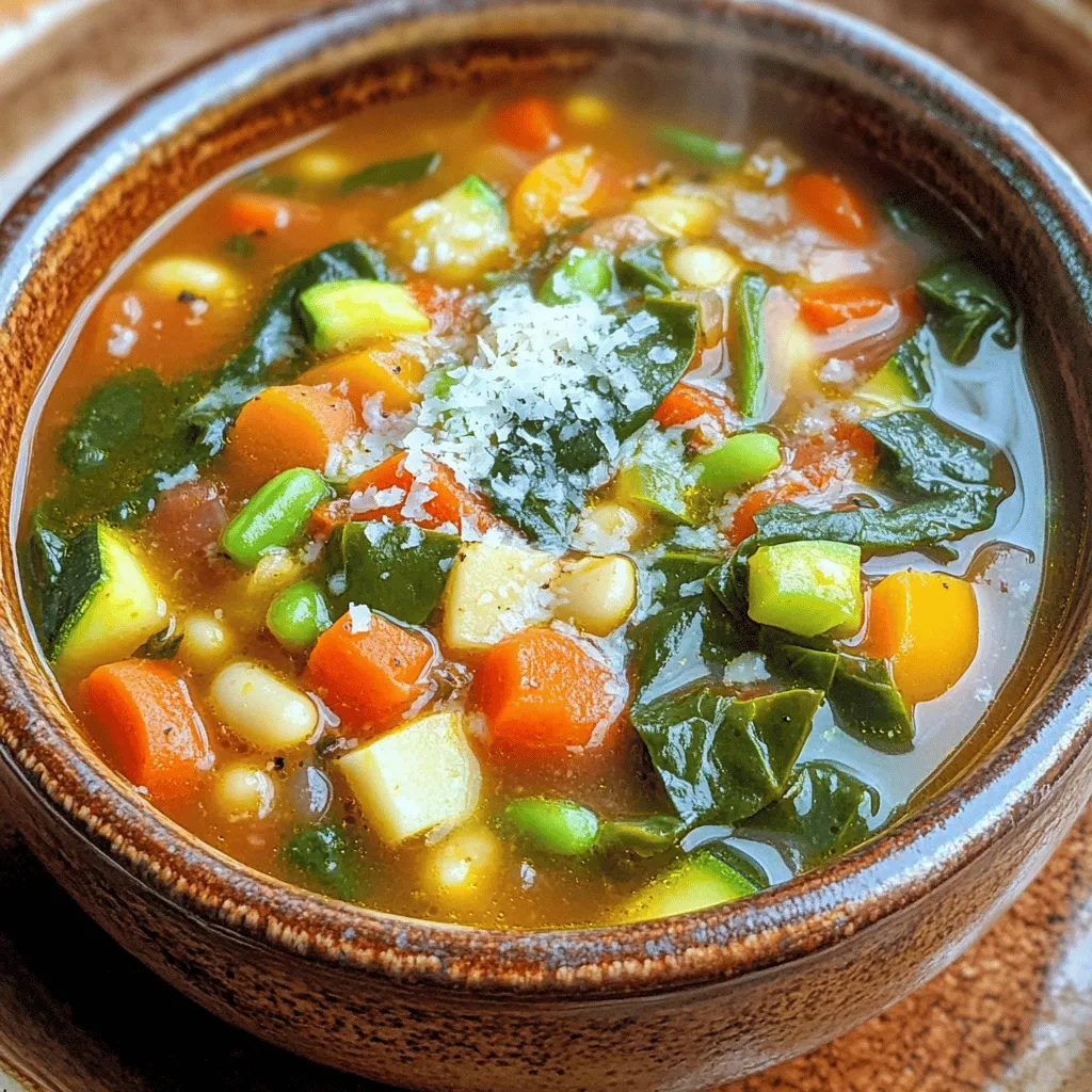 To make a hearty Veggie Packed Minestrone Soup, you need both fresh vegetables and pantry staples. Here’s a detailed list to get you started: - Fresh Vegetables: - 1 onion, diced - 2 cloves garlic, minced - 2 carrots, diced - 1 zucchini, diced - 1 cup green beans, trimmed and chopped - 1 bell pepper (any color), diced - 1 cup spinach or kale, chopped - Key Pantry Staples: - 1 can (15 oz) diced tomatoes, with juice - 4 cups vegetable broth - 1 can (15 oz) kidney beans, drained and rinsed - 1 tablespoon olive oil - 1 teaspoon dried basil - 1 teaspoon dried oregano - Salt and pepper to taste - 1 cup small pasta (like ditalini or elbow) - Optional Garnishes: - Grated Parmesan cheese for serving These ingredients bring color, flavor, and nutrition to your soup. Feel free to mix and match based on what you have at home. You can find the full recipe in our earlier sections. Enjoy crafting this delicious dish! To start, gather all your fresh vegetables. This soup is all about vibrant flavors and textures. Dice the onion, carrots, and bell pepper. Mince the garlic and chop the zucchini, green beans, and spinach or kale. I love using fresh produce, as it adds life to the soup. Cooking techniques matter. Sautéing the onion and garlic first brings out their sweetness. This step is quick, just 3-4 minutes on medium heat. Next, add the harder veggies like carrots and bell pepper. They need a bit more time to soften, so sauté them for about 5 minutes. When you add ingredients is key. First, you need the broth and tomatoes to create a base. Once that boils, reduce the heat and let everything simmer. This allows the flavors to meld together beautifully. Now, let's cook! In a large pot, heat one tablespoon of olive oil over medium heat. Add the diced onion and sauté until it’s soft. Stir in the minced garlic and cook for one more minute. Next, toss in those diced carrots, zucchini, and bell pepper. Sauté for around 5 minutes until they begin to soften. Then add the trimmed green beans, diced tomatoes (with juice), vegetable broth, kidney beans, dried basil, oregano, salt, and pepper. Bring this mixture to a boil. Once boiling, reduce the heat. Let it simmer for about 15 minutes. This cooks the veggies without losing their crunch. After that, add the chopped spinach or kale and the small pasta. I like using ditalini or elbow pasta. Cook for another 10 minutes or until the pasta is al dente. Don't forget to taste your soup! Adjust the seasoning if needed. Serve it hot, and feel free to sprinkle some grated Parmesan on top if you like. For the full recipe, check above. Enjoy your delicious and nutritious veggie packed minestrone soup! You can easily change this soup to fit your taste. Start by swapping in seasonal vegetables. If you have fresh zucchini in summer, use it! In fall, try adding sweet potatoes or butternut squash. These changes keep your soup exciting and fresh. Adjusting for dietary preferences is simple. This soup can be vegan by using vegetable broth and skipping the cheese. If you need it gluten-free, choose gluten-free pasta. There are many options available today that work great in this recipe. For flavor-boosting tips, think about herbs and spices. Fresh herbs like basil or parsley can add a nice touch. Try adding a pinch of red pepper flakes for heat. You can also squeeze in some lemon juice for brightness. Each of these ideas makes your soup more flavorful. Avoid overcooking your vegetables. If you cook them too long, they turn mushy. Keep them slightly firm for the best texture. Choosing the wrong pasta can also ruin your soup. Small pasta shapes like ditalini work well. Larger pasta can make the soup too heavy and less enjoyable. Not seasoning the soup properly is a big mistake. Always taste as you go. Add salt and pepper to enhance the flavors. You can adjust the seasoning based on your preference, ensuring a delicious bowl every time. For more details on making this delightful soup, check out the Full Recipe. {{image_2}} You can easily swap ingredients in your Veggie Packed Minestrone Soup. Here are some fun ideas: - Different beans or legumes: Instead of kidney beans, try black beans or chickpeas. Each option adds a unique taste and texture. - Using different leafy greens: Spinach works great, but you can also use kale or Swiss chard. They all add nutrients and flavor. - Adding protein sources: If you want more protein, add cooked chicken or Italian sausage. This makes the soup heartier and adds a savory kick. You can also give your minestrone soup a global flair. Here are some ways to do that: - Italian-inspired variations: Keep it classic with extra Parmesan cheese and fresh basil. You might also add some Italian sausage for a rich flavor. - Mediterranean flair: Add olives and feta cheese for a salty bite. You can also use chickpeas for a Mediterranean twist. - Adapting for Asian influences: For a unique take, try adding bok choy and miso paste. These ingredients bring warmth and depth to the soup. Feel free to explore these variations as you make your Veggie Packed Minestrone Soup. For the complete recipe, check out the Full Recipe section. To keep your minestrone soup fresh, use an airtight container. Place it in the fridge within two hours of cooking. This helps prevent bacteria growth. Make sure to let the soup cool down before sealing it. For long-term storage, you can freeze the soup. Just use freezer-safe bags or containers. Leave some space at the top for expansion. When you want to eat it again, thaw the soup in the fridge overnight. In the fridge, your veggie packed minestrone soup lasts about 3 to 5 days. If you freeze it, it can stay good for up to 3 months. Check for signs of spoilage. If you see mold or it smells sour, it's time to toss it. Always trust your senses; they will guide you. You can add many vegetables to your minestrone soup. Some great options include: - Peas - Corn - Potatoes - Leeks - Cabbage - Celery For seasonal choices, consider adding: - Butternut squash in fall - Asparagus in spring - Fresh tomatoes in summer These additions bring new flavors and nutrients. You can mix and match based on what you like! Yes, you can make this soup ahead of time. To do this: - Cook the soup as directed and let it cool. - Store it in airtight containers in the fridge. For reheating, follow these tips: - Heat on the stove over low heat. - Add a splash of broth or water if it thickens. - Stir often to prevent sticking. This will keep your flavors fresh and vibrant! Minestrone soup is very healthy. It is packed with vegetables, beans, and whole grains. Here are some benefits: - High in fiber and protein. - Low in fat and calories. - Rich in vitamins and minerals. When you compare it to other soups, minestrone often has more nutrients. Creamy soups can be high in fat. Minestrone is a great choice for a nutritious meal. In this blog post, we covered how to make a veggie-packed minestrone soup. You learned about essential ingredients and effective cooking steps. Customization tips help you match the soup to your tastes. We also highlighted common mistakes to avoid and varied ingredients to try. In the end, minestrone soup is a versatile meal. It’s healthy and easy to adapt. Enjoy making your own tasty versions!