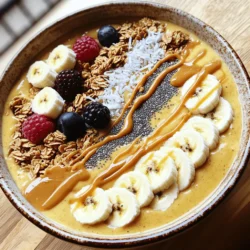 - 2 ripe bananas, frozen - 1 cup almond milk (or milk of choice) - 3 tablespoons peanut butter - 1 tablespoon honey or maple syrup (optional) - 1/2 teaspoon vanilla extract - Toppings: Sliced bananas, granola, chia seeds, shredded coconut, fresh berries To make a Peanut Butter Banana Smoothie Bowl, you need simple ingredients. Each one adds flavor and nutrition. I love using frozen bananas because they make the smoothie cold and thick. Fresh bananas won't give you the same creamy texture. Almond milk or any milk you like works well. The peanut butter brings in a rich taste and healthy fats. If you want some sweetness, add honey or maple syrup. You can skip it if you prefer less sugar. The vanilla extract adds a nice touch. For toppings, I suggest sliced bananas for a fresh bite, crunchy granola for texture, and chia seeds for extra nutrition. Shredded coconut and fresh berries add color and flavor. You can mix and match these as you like! If you want to make it even more special, check out the Full Recipe for complete details. 1. Combine ingredients in blender: Start by adding the frozen bananas, almond milk, peanut butter, honey or maple syrup, and vanilla extract into your blender. 2. Blend until smooth and creamy: Blend on high speed. Keep blending until the mixture is smooth and creamy. If it gets too thick, add a little more almond milk. 3. Pour into a bowl: Once blended to your liking, carefully pour the smoothie into a bowl. - Arrange sliced bananas: Place a few slices of fresh bananas on top of your smoothie. This adds sweetness and color. - Add granola, chia seeds, and shredded coconut: Sprinkle a handful of crunchy granola on top. Then add some chia seeds and shredded coconut for extra texture. - Top with fresh berries and optional extra peanut butter drizzle: Finish with fresh berries for a burst of flavor. If you love peanut butter, drizzle some extra on top for a tasty touch. These steps make your Peanut Butter Banana Smoothie Bowl look amazing and taste even better. Enjoy this energizing delight! For the full recipe, check the earlier section. To make a great smoothie bowl, start with the right thickness. If you want a thicker bowl, use less almond milk. It creates a creamy base. If it's too thick, just add a splash more almond milk. For frozen bananas, look for ripe ones with brown spots. They are sweeter and blend better. Slice your ripe bananas before freezing to speed up the blending. To avoid clumps, blend your ingredients in stages. Start with just the bananas and almond milk. Once they're smooth, add the peanut butter and other ingredients. This method helps create a silky texture. You can switch up the nut butter if you want. Almond butter or sunflower seed butter works great too. Each adds a unique flavor. For sweetness, try honey, agave, or maple syrup. Each sweetener brings a different taste to your bowl. Toppings can also change with the seasons. In fall, add sliced apples and cinnamon. In summer, use fresh berries and peaches. The possibilities are endless! For the full recipe, check the earlier section. Enjoy your smoothie bowl adventures! {{image_2}} You can have fun with your Peanut Butter Banana Smoothie Bowl by adding new flavors. Here are some tasty ideas: - Chocolate Peanut Butter Banana Smoothie Bowl: Add 2 tablespoons of cocoa powder to the mix. This gives a rich, chocolatey taste. You get the same creamy texture with a sweet twist. - Green Protein Smoothie Bowl with spinach: Toss in a handful of fresh spinach. It blends well and adds nutrients. You won't even taste the spinach, but you'll get a healthy boost. - Tropical Twist with pineapple and coconut: Swap the almond milk for coconut milk. Add pineapple chunks for a tropical flavor. This bowl will remind you of a sunny beach. You can easily adjust the recipe to fit your dietary needs: - Vegan adaptations: If you want a vegan bowl, just skip the honey. Use maple syrup instead. It adds sweetness without any animal products. - Gluten-free options: All the ingredients are gluten-free. Just make sure your granola is also gluten-free. - Nut-free alternatives for allergies: If you can't have nuts, use sunflower seed butter. It gives a similar taste without the nuts. You can still enjoy a creamy and delicious bowl. You can prep your Peanut Butter Banana Smoothie Bowl ahead. Just make the base and store it. Put it in an airtight container in the fridge. This way, you save time during busy mornings. When you have leftovers, refrigerate them right away. Use a sealed jar or container. Enjoy your smoothie bowl within two days for the best taste. If you want to store it longer, freeze the smoothie base. Pour it into ice cube trays for easy use later. You can store your smoothie bowl in the fridge for up to two days. This helps keep it fresh and tasty. To keep your toppings fresh, add them right before serving. If you mix them in too soon, they might get soggy. Store toppings separately in small containers. This way, you can enjoy the crunch and flavor. If you want the full recipe, check out the Peanut Butter Banana Smoothie Bowl recipe above. How can I make my smoothie bowl thicker? You can make your smoothie bowl thicker by adding less liquid. Use only enough almond milk to blend smoothly. You can also add more frozen bananas. This will give you a rich and creamy texture. Can I use fresh bananas instead of frozen? Yes, you can use fresh bananas. However, the smoothie bowl will be thinner and less cold. If you want a chill, add some ice cubes. This will help cool your bowl down. What are the health benefits of peanut butter and banana? Peanut butter is full of protein and healthy fats. It helps keep you full longer. Bananas are rich in fiber and potassium. They give you energy and help with digestion. Together, they make a great snack or meal. What can you serve with a smoothie bowl? You can serve your smoothie bowl with various toppings. Fresh fruit like berries or sliced kiwi works well. Granola adds a nice crunch. Chia seeds and shredded coconut are also tasty choices. How many servings does the recipe make? This recipe makes about 1 to 2 servings. If you want to share, you might want to double it. Can I double the recipe for more servings? Yes, you can double the recipe. Just increase the ingredients accordingly. This way, you can serve more people or enjoy a larger bowl yourself. For the full recipe, check the main section. This blog post detailed how to make a delicious smoothie bowl. You learned the key ingredients, simple steps, and helpful tips for blending. We explored fun variations and dietary adjustments. I also covered storage tips to keep your bowl fresh. Now you can enjoy a tasty and healthy treat any time. Get creative with your toppings and flavors. Smoothie bowls are not just fun; they are also good for you!