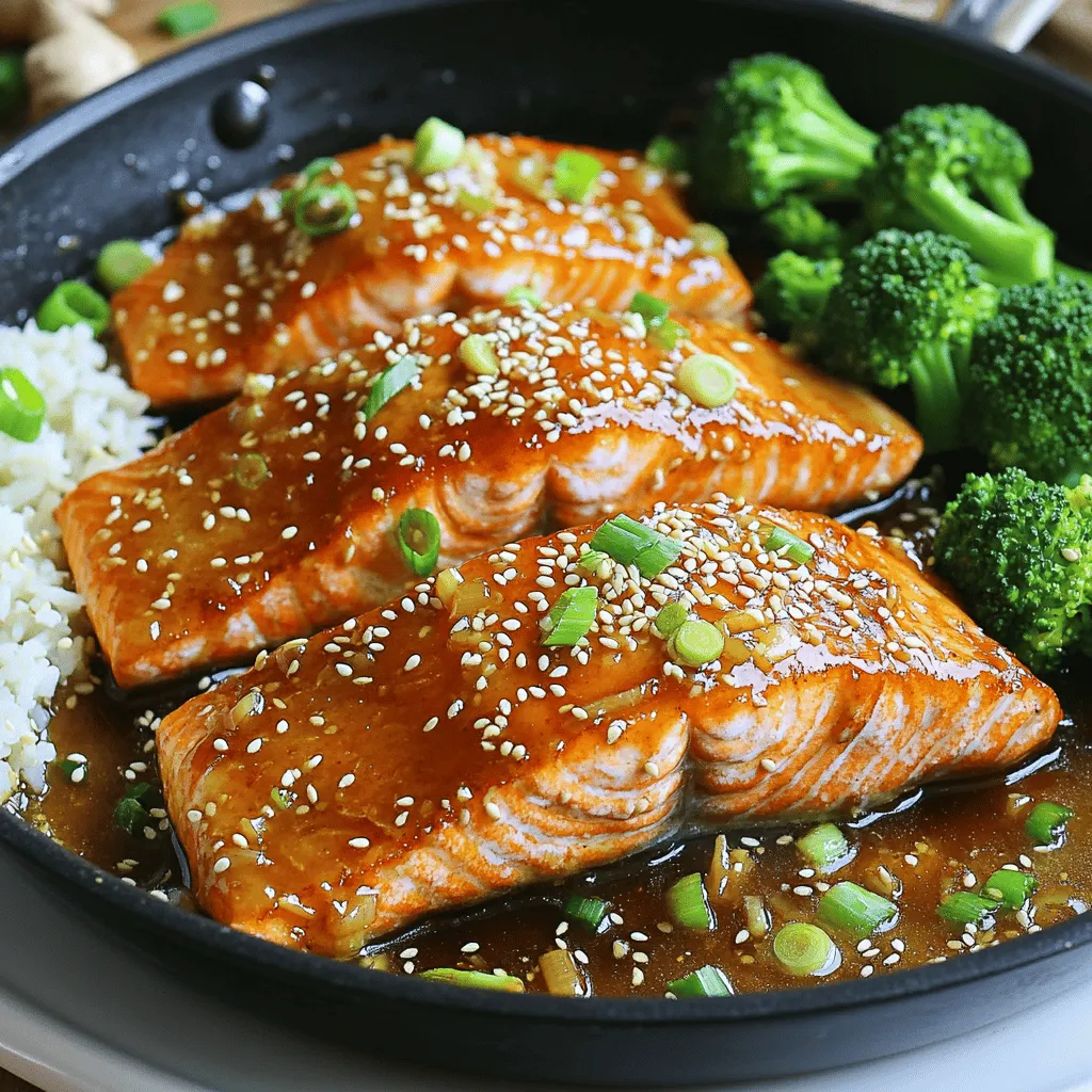 - 4 salmon fillets - 1/4 cup honey - 1/4 cup soy sauce - 4 cloves garlic, minced - 1 teaspoon fresh ginger, grated - 1 tablespoon olive oil - 1 tablespoon sesame seeds - 2 green onions, chopped - Salt and pepper to taste When I make honey garlic glazed salmon, I focus on fresh flavors and easy prep. Each ingredient plays a key role in making this dish shine. The salmon fillets are the star. They should be thick and fresh. Honey adds sweetness, while soy sauce brings depth. Minced garlic makes everything pop with flavor. Fresh ginger adds a hint of spice, making the glaze bright and zesty. I use olive oil to cook the salmon. It helps achieve a golden-brown crust. The sesame seeds and green onions add a lovely crunch and color when serving. Don't forget to season with salt and pepper to enhance all the flavors. This recipe is simple, yet the taste is complex. You can find the full recipe to create this delightful dish. Enjoy cooking! - Whisk together honey, soy sauce, garlic, and ginger. - Season salmon fillets with salt and pepper. Start by mixing the honey, soy sauce, minced garlic, and grated ginger in a bowl. Make sure you blend them well. This mixture makes the glaze sweet and savory. Next, sprinkle salt and pepper on both sides of the salmon fillets. This step adds flavor and helps the salmon taste great. - Heat olive oil and cook salmon skin-side down. - Flip the salmon and add the honey-garlic mixture. Heat olive oil in a large skillet over medium-high heat. When the oil is hot, place the salmon fillets skin-side down in the skillet. Cook them for about 4-5 minutes until the skin gets crispy. This gives the fish a nice texture. Carefully flip the salmon over. Lower the heat to medium and pour the honey-garlic mix over the salmon. Cook for another 4-5 minutes while spooning the sauce over the top. This step allows the flavors to soak into the fish. - Let salmon rest and thicken sauce in the skillet. - Serve with sesame seeds and chopped green onions. After cooking, remove the salmon from the skillet and let it rest for a minute. This helps keep it moist. In the same skillet, let the sauce simmer for 2-3 minutes to thicken. This makes the sauce even more delicious. Finally, serve the salmon topped with the thickened sauce, sesame seeds, and chopped green onions. This recipe is great for a quick and tasty dinner. For the full recipe, check the section above. The best cooking temperature for salmon is around 125°F for medium-rare. To check for doneness, use a fork to gently flake the thickest part. If it flakes easily and is opaque, it's ready. Salmon cooks quickly, so watch it closely. To boost the flavor, try adding spices like paprika, black pepper, or cayenne. Fresh herbs like cilantro or basil can also add a nice touch. For honey, use a light floral variety like clover or wildflower. These honey types add sweetness without overpowering the dish. For a beautiful plate, garnish with sesame seeds and chopped green onions. A drizzle of the honey garlic sauce adds shine. Pair the salmon with steamed broccoli and jasmine rice for color and balance. The white plate makes the vibrant salmon stand out beautifully. {{image_2}} You can swap salmon for other fish like trout or tilapia. These fish also soak up the honey garlic glaze well. If you prefer meat, try chicken. The glaze gives chicken a sweet and savory kick. For a plant-based option, use firm tofu. Just press the tofu to remove water, then cut it into slices. The glaze will stick nicely to tofu, and it will taste fantastic. Adding citrus can brighten the dish. Mix in some fresh lemon or lime juice to the honey garlic sauce. This adds a zesty touch that pairs well with the rich salmon. If you want some heat, sprinkle chili flakes over the salmon. Sriracha is another great option. Just a dash adds a nice spicy zing without overpowering the dish. For a gluten-free version, simply use tamari instead of soy sauce. Tamari gives the same umami flavor without gluten. If you’re watching carbs, reduce the amount of honey. You can also use a sugar substitute that fits your diet. This keeps the dish tasty while making it low-carb. For the full recipe, check out the detailed steps provided earlier! To store leftover salmon, first let it cool down. Place the salmon in an airtight container. Make sure to seal the lid tightly. Store it in the fridge for up to three days. If you want to keep it longer, freeze the salmon. Use freezer-safe bags or containers. This way, it can last for up to three months. Reheating salmon can be tricky. You want to keep it moist. The best way is to use the oven. Preheat it to 275°F (135°C). Put the salmon on a baking dish and cover it with foil. Heat for about 15 minutes. This method keeps the salmon juicy. You can also use the microwave. Place the salmon on a plate and cover it with a damp paper towel. Heat in short bursts of 30 seconds. This helps keep the glaze and flavor intact. Check often to avoid drying it out. Following these tips will help you enjoy your honey garlic glazed salmon even after the first meal. How long can honey garlic glazed salmon be stored in the refrigerator? You can store honey garlic glazed salmon in the fridge for about three days. Place it in an airtight container to keep it fresh. If you want it to last longer, consider freezing it. Can I make honey garlic glaze ahead of time? Yes, you can prepare the honey garlic glaze ahead of time. Just mix the honey, soy sauce, garlic, and ginger in a bowl. Store it in the fridge for up to a week. Is it necessary to marinate salmon before cooking? No, marinating salmon is not required. The honey garlic glaze adds plenty of flavor during cooking. However, if you have time, a short marinade can enhance the taste. What side dishes pair well with honey garlic glazed salmon? Honey garlic glazed salmon goes well with many sides. I recommend steamed broccoli, jasmine rice, or a light salad. These dishes balance the rich flavor of the salmon and add freshness. Can I cook honey garlic glazed salmon on the grill? Absolutely! Grilling honey garlic glazed salmon adds a delicious smoky flavor. Just make sure to use a grill mat or foil to prevent sticking. Can I use maple syrup instead of honey? Yes, maple syrup can work as a substitute for honey. It gives a different taste but still adds sweetness. Just use the same amount as honey in the recipe. What is a good substitute for soy sauce? If you need a soy sauce alternative, use tamari or coconut aminos. Both options offer a similar flavor without gluten, making them great substitutes for those with dietary needs. Honey garlic glazed salmon is simple and tasty. We covered key ingredients, like salmon, honey, and garlic. I shared step-by-step instructions for cooking and tips for perfecting the dish. You can adapt the recipe with different proteins and flavors, too. Remember, quality ingredients make a big difference in taste. Store leftovers properly, and you can enjoy this dish later. With these tips, you'll create a meal that impresses. Enjoy your cooking and keep experimenting!