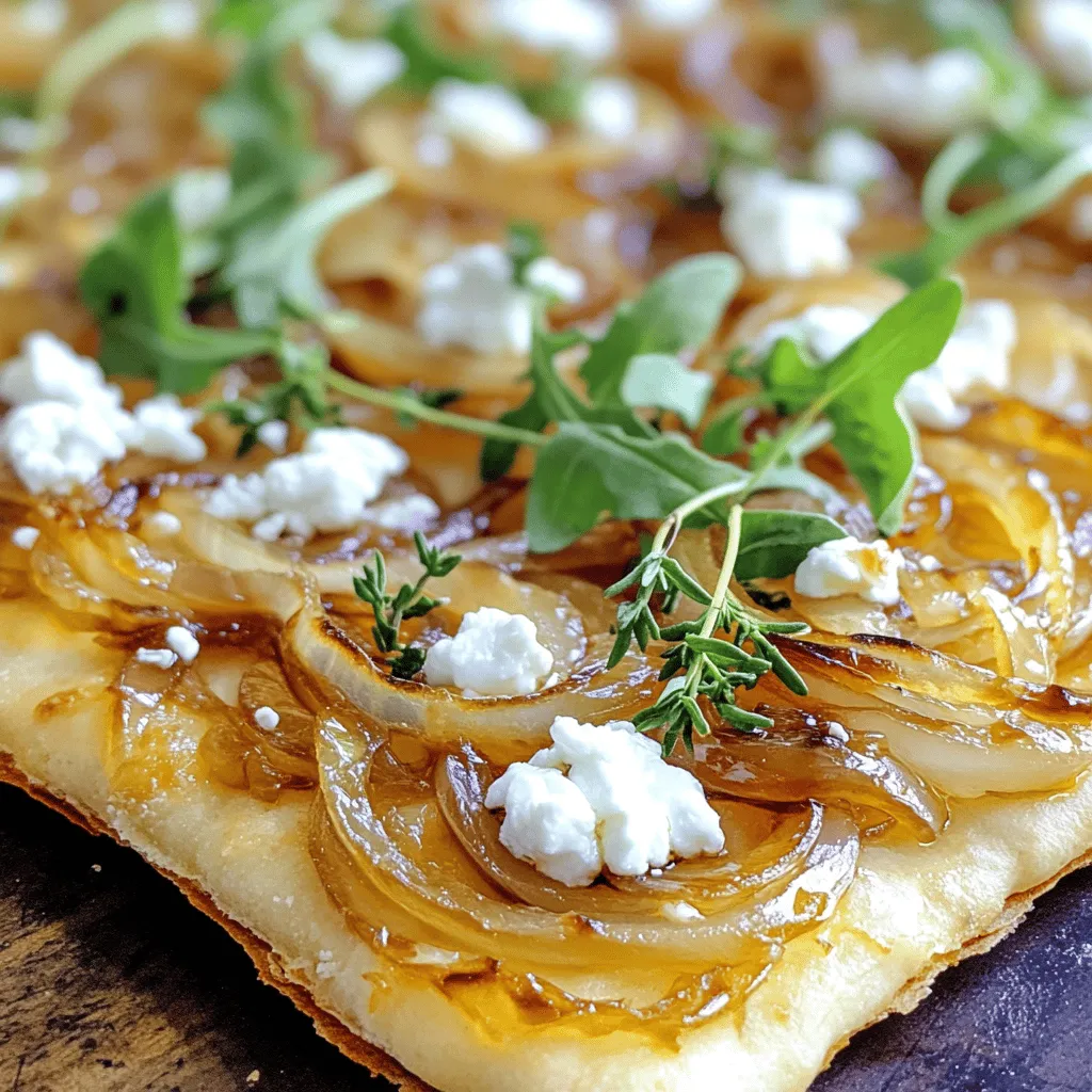 To make this tasty flatbread, you need the following ingredients: - 1 pre-made flatbread or pizza dough - 2 large onions, thinly sliced - 2 tablespoons olive oil - 1 tablespoon balsamic vinegar - 4 ounces goat cheese, crumbled - 1 tablespoon fresh thyme leaves (or 1 teaspoon dried thyme) - Salt and pepper to taste - Optional: 1/4 cup fresh arugula for topping Each ingredient plays a vital role in bringing flavors together. The onions provide sweetness when caramelized. Goat cheese adds creaminess and tang. Olive oil helps cook the onions and crisp the dough. If you can't find goat cheese, use feta or ricotta. Both cheeses offer a nice taste. For the dough, you can use pita bread or naan. They make great bases. If you lack fresh thyme, dried herbs or Italian seasoning work too. These swaps keep the dish delicious while adding your twist. To add more flavor, consider these toppings: - Sliced mushrooms for earthiness - Cherry tomatoes for a pop of color - Crushed red pepper for some heat - Fresh basil or parsley for a bright finish These options help you personalize your flatbread. Mix and match to find your favorite. You can explore even more ideas in the Full Recipe. To start, grab two large onions. Thinly slice them and set them aside. Heat two tablespoons of olive oil in a skillet over medium heat. Next, add the sliced onions and a pinch of salt. Stir them occasionally for about 15 to 20 minutes. You want the onions to soften and turn golden brown. After that, pour in one tablespoon of balsamic vinegar. Cook for an extra 2 to 3 minutes. This will reduce the vinegar and coat the onions nicely. Once done, remove the skillet from the heat and let the onions cool. While the onions cool, preheat your oven to 450°F (232°C). If you use store-bought flatbread, you can skip this step. If you prefer pizza dough, roll it out on a floured surface. Make it the size and thickness you like. Ensure it fits your baking sheet or pizza stone. Once your flatbread is ready, place it on your baking sheet or pizza stone. Now, spread the caramelized onions evenly over the flatbread. Next, sprinkle four ounces of crumbled goat cheese on top. Add one tablespoon of fresh thyme or one teaspoon of dried thyme. Make sure to distribute everything evenly. Bake the flatbread in your preheated oven for about 10 to 12 minutes. You want the edges to be crispy and the cheese slightly melted. If you like, top it with fresh arugula after baking for a peppery crunch. Slice it into pieces and serve warm. For the full recipe, check the details in the earlier section. Caramelizing onions takes time, but it’s worth it. Start with fresh onions. Slice them thinly for even cooking. Use a large skillet to give them space. Heat the olive oil over medium heat. Add a pinch of salt to help draw out moisture. Stir the onions every few minutes. This keeps them from burning. Cook for about 15-20 minutes. Look for a deep golden color. If they stick, add a splash of water. Don’t rush the process; patience makes them sweet. For a crispy flatbread, preheat your oven to 450°F (232°C). Use a baking sheet or pizza stone, but make sure it’s hot. If using dough, roll it out evenly. Aim for a thin base for extra crispiness. Spread the caramelized onions evenly across the surface. Crumble the goat cheese on top; it melts beautifully. Bake for 10-12 minutes. Check for golden edges and melted cheese. Let it cool for a minute before slicing. To add more depth, consider using different herbs. Fresh rosemary or oregano can elevate the taste. A drizzle of honey can add sweetness to contrast the tangy goat cheese. Want some heat? A sprinkle of red pepper flakes will do the trick. For a fresh finish, add arugula after baking. It gives a nice peppery crunch. Try different cheeses, like feta or mozzarella, for unique flavors. For the full recipe, check the details above. Each addition can make this flatbread your own. {{image_2}} You can easily make this flatbread vegetarian. Replace the goat cheese with feta or ricotta. Both cheeses add a nice creamy texture. You can also use vegan cheese for a plant-based option. It melts well and tastes great. For a gluten-free flatbread, use a gluten-free pizza crust. Many stores sell these ready-made. You can also make your own using almond flour or cauliflower. Just ensure you have the right mix to hold it together. You can play with flavors to suit your taste. Add sliced mushrooms for an earthy touch. Caramelized apples can give a sweet, fruity flavor. For a spicy kick, sprinkle red pepper flakes on top. You can also mix in herbs like basil or rosemary for freshness. Don’t forget to check the Full Recipe for more ideas! To keep your leftover flatbread fresh, place it in an airtight container. You can also wrap it in plastic wrap. Make sure to store it in the fridge. Leftover flatbread is best eaten within 2-3 days. Keeping it sealed helps it stay soft and tasty. When reheating, use the oven for the best taste. Preheat your oven to 350°F (175°C). Place the flatbread on a baking sheet. Heat it for about 5-10 minutes or until warm. This method keeps the flatbread crisp. You can also use a skillet on low heat. Just flip it carefully to warm evenly. If you want to save flatbread for later, freezing is a great option. First, let it cool completely. Wrap the flatbread tightly in plastic wrap. Then place it in a freezer bag or container. It can last up to 3 months in the freezer. To use it, thaw it overnight in the fridge before reheating. Enjoy your flatbread any time! For more details on making this dish, check out the Full Recipe. You will know your onions are ready when they turn a deep golden brown. They should feel soft and have a sweet smell. This process takes about 15-20 minutes. Stir them often to avoid burning. If they brown too fast, lower the heat. The key is patience; take your time for rich flavor. Yes, you can use other cheeses. Feta, mozzarella, or ricotta work well. Each cheese brings a unique taste. Feta adds a salty kick, while mozzarella melts nicely. Ricotta offers a creamy texture. Try what you like best. Mix and match for fun flavors! This flatbread pairs well with many sides. A fresh salad with greens and a light dressing is great. You can also serve it with a warm soup. For a snack, try it with olives or a cheese platter. Each option enhances the flatbread's taste. Enjoy your meal! This blog post covered how to make a delicious caramelized onion and goat cheese flatbread. We discussed key ingredients, cooking steps, and valuable tips. You learned about variations and storage methods to keep your flatbread fresh. In closing, this flatbread is more than just a meal; it’s a tasty way to impress. With these simple steps and options, you can customize it to fit your style. Enjoy creating your own version!