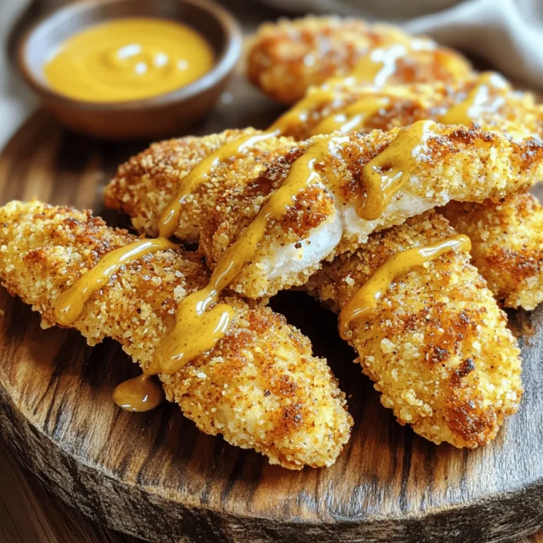 To make tasty honey mustard chicken tenders, gather these ingredients: - 1 pound chicken tenderloins - 1/3 cup honey - 1/3 cup Dijon mustard - 1 tablespoon apple cider vinegar - 1 teaspoon garlic powder - 1 teaspoon onion powder - 1/2 teaspoon paprika - Salt and pepper to taste - 1 cup breadcrumbs (panko for extra crunch) - 1/2 cup all-purpose flour - 2 eggs, beaten These ingredients create the perfect blend of sweet and tangy. Chicken tenderloins are the star, offering a juicy bite. The honey and Dijon mustard make a rich sauce that’s both sweet and savory. The seasonings add depth, while the coating gives a nice crunch. You can find the full recipe in the earlier section. Enjoy the process of preparing these delicious tenders! - Preheat the Oven: Start by preheating your oven to 400°F (200°C). This step helps cook the chicken evenly. - Prepare the Baking Sheet: Line a baking sheet with parchment paper or lightly grease it. This keeps the tenders from sticking. - Whisking the Ingredients: In a bowl, combine honey, Dijon mustard, apple cider vinegar, garlic powder, onion powder, paprika, salt, and pepper. Mix until smooth. - Dividing the Sauce: Set aside half of the sauce for later use. This will be your drizzle for serving. - The Triple Dipping Method: Get three bowls ready. Fill one with flour, the second with beaten eggs, and the third with breadcrumbs. - Dip each chicken tender in the flour first. Shake off the extra flour. - Next, dip it into the eggs. Let any excess drip off. - Finally, coat it in breadcrumbs. Press gently so they stick well. - Arranging on the Baking Sheet: Place the coated tenders in a single layer on the prepared baking sheet. Do not overcrowd them. - Drizzling with Sauce: Drizzle a small amount of your honey mustard sauce over the top of the tenders. This adds flavor while they bake. - Baking Time and Internal Temperature: Bake the tenders for 15-20 minutes. They should be golden brown. Check that they reach an internal temperature of 165°F (74°C). - Cooling the Tenders: Once cooked, take them out of the oven and let them cool for a couple of minutes. This helps keep them juicy. You can find the full recipe for Honey Mustard Chicken Tenders in the earlier sections. Enjoy making this tasty dish! Ensuring Even Cooking To cook your chicken tenders evenly, cut them into similar sizes. This helps them cook at the same rate. For the best results, use tenderloins instead of larger cuts. They cook faster and stay juicy. Adjusting Cooking Time Cooking time may vary based on your oven. Keep an eye on your chicken tenders. They should bake for about 15 to 20 minutes. Look for a golden brown color and an internal temperature of 165°F (74°C). Additional Seasonings to Try You can easily boost the flavor of your tenders. Consider adding cayenne pepper for heat or dried herbs like thyme for an earthy touch. A bit of lemon zest can also brighten the dish. Marinating Options For extra flavor, marinate your chicken before cooking. Mix honey, mustard, and some garlic. Let the chicken soak in this mix for at least 30 minutes. This step adds depth to the taste. Best Accompaniments Honey mustard chicken tenders pair well with fresh veggies. Try serving them with carrot sticks or cucumber slices. They also go great with a creamy coleslaw or a light salad. Pairing with Sides For sides, think about crispy fries or roasted potatoes. Mac and cheese is a fun choice too! You can even serve them with rice or a grain salad for a filling meal. For the complete recipe, visit the [Full Recipe]. {{image_2}} You can change the flavor of your honey mustard chicken tenders by using different mustards. Try using whole grain mustard for a nutty taste. Yellow mustard gives a classic flavor. Spicy brown mustard adds a kick. Each type brings a new twist to the dish. For a gluten-free version, swap all-purpose flour with almond flour or a gluten-free blend. Use gluten-free breadcrumbs for crunch. This way, everyone can enjoy these tasty tenders without worry. The air fryer cooks tenders quickly and gives them a nice crunch. Preheat your air fryer to 400°F (200°C). Cook the chicken tenders in a single layer for about 10-12 minutes. Flip them halfway for even cooking. They’ll be crispy and delicious! For a pan-fried version, heat oil in a skillet over medium heat. Cook the tenders for about 5-7 minutes on each side. This method will give them a golden, crispy exterior. Be sure not to crowd the pan so they cook evenly. If you like it spicy, add cayenne pepper or chili powder to the breadcrumbs. You can also stir crushed red pepper into the honey mustard sauce. This adds a fiery flavor that balances the sweetness. Mix honey with sriracha or hot sauce for a sweet and spicy dip. This combo enhances the flavor profile and makes each bite exciting. You can also drizzle a bit of chili-infused honey over the cooked tenders for extra zing. For the full recipe, check out the [Full Recipe]. To store leftover chicken tenders, let them cool first. Place them in an airtight container. They can last in the fridge for up to four days. Make sure to keep them away from strong-smelling foods to avoid flavor changes. If you want to freeze the tenders, wrap each piece tightly in plastic wrap. Then, place them in a freezer bag. They will stay good for up to three months in the freezer. To reheat, bake them at 375°F (190°C) for about 15-20 minutes. This method keeps them crispy and tasty. For the best quality, eat the chicken tenders within the recommended time. After four days in the fridge, the taste and texture may change. For frozen tenders, use them within three months for the best flavor. Always check for any signs of spoilage before eating. To make honey mustard chicken tenders, follow these key steps: - Prep your ingredients: Preheat your oven to 400°F (200°C). Line a baking sheet with parchment paper. - Make the sauce: Whisk together honey, Dijon mustard, apple cider vinegar, and spices. Set aside half for later. - Coat the chicken: Dip each tenderloin in flour, then eggs, and finally breadcrumbs. - Bake: Arrange on the baking sheet and drizzle with sauce. Bake for 15-20 minutes until golden. These steps ensure your chicken is tasty and crispy. You can find the full recipe for more details. Yes, you can use chicken breasts instead of tenderloins. Just cut the breasts into strips. Ensure they are about the same size as tenderloins for even cooking. The cooking time may vary slightly, so check for an internal temperature of 165°F (74°C). These chicken tenders go well with many sides. Here are some popular options: - French fries - Coleslaw - Green salad - Mashed potatoes - Steamed vegetables You can also serve them with dipping sauces like ranch or barbecue for extra flavor. Bake the chicken tenders for 15-20 minutes. You want them to be golden brown. Always check that they reach an internal temperature of 165°F (74°C) for safety. If they are not done, bake a few more minutes and check again. Yes, you can make this recipe gluten-free. Use gluten-free flour and gluten-free breadcrumbs instead of regular ones. Ensure all other ingredients are labeled gluten-free. This way, you can enjoy the same great taste without the gluten. In this post, we covered everything about making honey mustard chicken tenders. We discussed the key ingredients and shared easy steps to prepare and bake them. I also shared tips for enhancing flavor and variations to try. Remember to store leftovers properly for the best taste. This dish is versatile and great for any meal. Enjoy creating tasty chicken tenders that you and your family will love. Happy cooking!