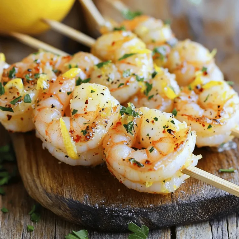 - 1 pound large shrimp, peeled and deveined - 3 tablespoons olive oil - 3 cloves garlic, minced Lemon garlic shrimp skewers shine with fresh flavors. The shrimp brings sweetness, while garlic adds a bold punch. Olive oil gives it a lovely, rich base. - Zest and juice of 2 lemons - 1 teaspoon red pepper flakes (optional) - Salt and pepper to taste The zest and juice of lemons brighten the dish. They add a tangy kick that makes each bite refreshing. Red pepper flakes bring heat. You can skip them if you prefer mild flavors. Salt and pepper help balance all the tastes. - Wooden or metal skewers (instructions for prepping wooden skewers) - Fresh parsley for garnish For skewers, you can choose wood or metal. If you use wooden skewers, soak them in water for 30 minutes. This step prevents burning on the grill. Fresh parsley adds a pop of color and taste. It brightens the dish and makes it look more inviting. For the full recipe, check out the Lemon Garlic Shrimp Skewers recipe. First, I mix the olive oil, minced garlic, lemon zest, and lemon juice in a medium bowl. This mix becomes the heart of the dish. Next, I add red pepper flakes, salt, and pepper. This blend brings a warm kick that pairs well with the shrimp's natural flavor. Now, I coat the shrimp in the marinade. I make sure each piece gets a good cover. Then, I place the shrimp in the fridge. I recommend letting them marinate for 30 minutes to 1 hour. This time allows the flavors to soak in, making the shrimp very tasty. Next, I prepare the grill. I preheat it on medium-high heat. I use wooden skewers, so I soak them in water for 30 minutes. This step prevents them from burning. Then, I thread the marinated shrimp onto the skewers, about 4 to 5 shrimp per skewer. Once the grill is ready, I place the skewers on it. I cook the shrimp for 2 to 3 minutes on each side. I watch them closely. They turn pink and opaque when done. After grilling, I let them rest for a couple of minutes. Finally, I garnish with fresh parsley before serving. For more details, check out the Full Recipe. To get those great grill marks, heat your grill to medium-high. This gives the shrimp a nice sear. Place the skewers on the grill and let them cook. Flip them after 2 to 3 minutes. This timing helps create those beautiful grill lines. To keep shrimp tender, avoid overcooking. Shrimp cook fast, so watch them closely. They turn pink and opaque when done. This usually takes about 2 to 3 minutes per side. Remove them from the heat as soon as they are ready. Pair your lemon garlic shrimp skewers with fresh salads or garlic bread. A cool dip, like tzatziki, can add a nice touch. For plating, arrange the skewers on a large platter. A sprinkle of fresh parsley on top makes it look fancy. Serve with lemon wedges to enhance the flavor. You can find the full recipe above for more details. {{image_2}} You can change up the flavors in many ways. Citrus fruits, like lime or orange, can add zest. Fresh herbs, such as basil or cilantro, provide depth. You can also adjust the spice level. Add more red pepper flakes for heat or leave them out for a milder taste. Don't be afraid to experiment! If you can't grill, don’t worry! You can bake lemon garlic shrimp skewers in the oven. Preheat your oven to 400°F (200°C). Place the skewers on a baking sheet lined with foil. Bake for about 10-12 minutes. This method gives a nice, roasted flavor too. Another option is stovetop cooking. Heat a grill pan over medium-high heat. Cook the shrimp skewers for 2-3 minutes on each side. This works well when you want that grilled taste indoors. Lemon garlic shrimp skewers are great in salads or pasta dishes. Toss them into a fresh salad with greens and a light dressing. You can also add them to pasta, making a delightful, quick meal. Serving with rice or quinoa is another tasty option. The shrimp pairs well with these grains. They soak up the lemony garlic flavors, making each bite a delight. For a complete meal, try using the [Full Recipe] for perfect results. To keep your Lemon Garlic Shrimp Skewers fresh, store leftovers in the fridge. Place them in an airtight container. This method helps maintain flavor and texture. Try to eat them within two days for the best taste. When you are ready to enjoy your leftovers, reheating is key. The best way to warm shrimp is in a skillet. Heat it over medium-low heat and add a splash of olive oil. This method helps keep the shrimp moist. Avoid the microwave, as it can make shrimp rubbery. If you want to freeze your skewers, wrap them tightly in plastic wrap. Then, place them in a zip-top freezer bag. This prevents freezer burn. For best results, use them within three months. When you're ready to eat, thaw them in the fridge overnight. This ensures even thawing and keeps the shrimp tasty. I recommend using large shrimp, around 16 to 20 per pound. This size holds up well on the grill. Look for shrimp that are fresh, firm, and have a slight sea smell. If you can, choose wild-caught shrimp for better taste and quality. Yes, you can use frozen shrimp. Just make sure to thaw them first. To do this, place the shrimp in a bowl of cold water for about 15 to 20 minutes. Change the water halfway through. Once thawed, pat them dry with a paper towel before marinating. Cooked shrimp turn pink and opaque. They should curl into a C shape. If they curl into an O shape, they might be overcooked. Typically, shrimp take about 2 to 3 minutes per side on the grill. Yes, you can make the marinade a day ahead. Just store it in an airtight container in the fridge. When you are ready to use it, give it a quick stir before adding your shrimp. This helps keep the flavors fresh. Lemon garlic shrimp skewers are easy, tasty, and fun to make. With fresh shrimp, a zesty marinade, and simple grilling tips, you can create a delicious dish for any occasion. Remember to avoid overcooking the shrimp for the best results. You can also try different flavors or cooking methods to suit your taste. Enjoy your meal with great sides and garnishes. These skewers are perfect for sharing and impressing your friends and family. Happy grilling!