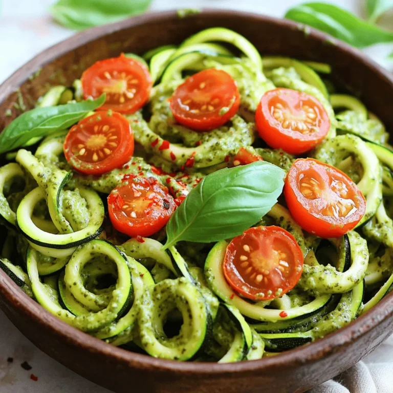 - Zucchini: Use 4 medium zucchinis. They are the star of this dish. - Basil leaves: You need 1 cup of fresh basil. This gives the pesto its bold flavor. - Garlic: Use 2 cloves of garlic. Garlic adds a nice kick to the pesto. - Pine nuts: Use 1/4 cup of toasted pine nuts. They bring a nutty taste. - Parmesan cheese: You can use 1/4 cup of grated Parmesan cheese, or nutritional yeast for a vegan option. Both will give great flavor. - Olive oil: You’ll need 1/2 cup of extra virgin olive oil. This makes the pesto creamy. - Cherry tomatoes: Halve some cherry tomatoes for freshness. They add color and taste. - Crushed red pepper flakes: Add a pinch for heat. This is optional. - Salt and pepper: Season to taste. These basic spices enhance all flavors. For the full recipe, check out the complete guide. Enjoy making your meal! First, you need to make your zucchini noodles. You can use a spiralizer or a vegetable peeler for this. A spiralizer gives you fun, long noodles. A peeler makes flat, wide ribbons. Both work well, so choose what you like best. After you cut the zucchini, it is important to drain the moisture. Place the noodles in a colander and let them sit for about 10 minutes. This helps keep your dish from getting soggy later. Next, let’s make the pesto. Start by combining the fresh basil leaves, toasted pine nuts, grated Parmesan cheese, and garlic in a food processor. Pulse these ingredients until they are finely chopped. Then, while the processor runs, slowly drizzle in the olive oil. This makes the pesto smooth and creamy. Taste it and add salt and pepper as needed. You want it to be bright and fresh, so don’t skip this step! Now, it’s time to cook the zucchini noodles. Heat a bit of olive oil in a large skillet on medium heat. Add the zucchini noodles and sauté for 2-3 minutes. You want them tender but still a little crunchy. Once they are cooked, remove the skillet from heat. Toss the hot noodles with the pesto until they are well coated. This step combines all the flavors beautifully. Serve your zucchini noodles in bowls, and top with halved cherry tomatoes. Add crushed red pepper flakes if you want some heat. For the complete recipe, be sure to check the Full Recipe section. Enjoy your fresh and flavorful meal! To create perfect zucchini noodles, use a spiralizer or a vegetable peeler. This helps you make long, thin strands. Make sure to slice evenly for the best texture. After slicing, place the noodles in a colander. Let them sit for a few minutes to drain excess moisture. Too much moisture can make your dish watery. To boost the flavor of your pesto, you can adjust the ingredients. For a richer taste, add more garlic or a squeeze of lemon juice. You can also play with the nuts; try walnuts instead of pine nuts for a different twist. For extra kick, sprinkle in some red pepper flakes. This adds a nice heat to your pesto. When serving your pesto zucchini noodles, use a large bowl to show off the colors. Top with halved cherry tomatoes for a fresh look. You can sprinkle some extra Parmesan cheese or nutritional yeast on top. For a fun twist, add fresh basil leaves as a garnish. This not only looks good but also enhances the flavor. For the full recipe, check out the section above! {{image_2}} To make a vegan version of pesto zucchini noodles, you can swap out the cheese. Use nutritional yeast instead of Parmesan. Nutritional yeast adds a cheesy flavor without dairy. For nuts, pine nuts are traditional, but you can also use walnuts or cashews. These nuts make for a rich and tasty pesto. If you want to boost your meal with proteins, grilled chicken or shrimp are great choices. They add flavor and make the dish more filling. If you're looking for a plant-based option, try firm tofu. Just press it to remove excess moisture, then cube and sauté it until golden. Tofu soaks up flavors well, making it a perfect match for pesto. To keep your dish fresh, add seasonal vegetables. In the summer, try cherry tomatoes or bell peppers. These veggies add color and crunch. In the fall, consider roasted butternut squash or broccoli. They will add a lovely depth of flavor. Don't forget to mix in different herbs too! Try parsley or cilantro for a twist. For the full recipe, click here. Store leftovers in an airtight container. This keeps them fresh and safe. If you have extra zucchini noodles, place them in the fridge. They stay good for up to three days. To keep them crisp, avoid mixing them with pesto until you are ready to eat. You can freeze zucchini noodles, but they will change texture. To freeze, lay them flat in a single layer on a baking sheet. Once frozen, transfer to a freezer bag. This way, you can grab just what you need later. When ready to use, thaw them in the fridge overnight. Keep pesto fresh by storing it in a jar with a layer of olive oil on top. This prevents air from reaching it. Homemade pesto lasts about a week in the fridge. If you want it to last longer, freeze it in ice cube trays. This makes it easy to use later. Each cube is a perfect portion for your zucchini noodles. For the full recipe of Pesto Zucchini Noodles, check out the detailed instructions above. You can make zucchini noodles using a few simple tools. A vegetable peeler works well. Just peel the zucchini into long strips. You can also use a box grater. Grate the zucchini lengthwise to get thin noodles. Both methods create tasty noodles without needing fancy tools. Yes, store-bought pesto is a quick option. It saves time and effort. However, fresh pesto has more flavor. Store-bought versions may contain preservatives. Choose one with minimal ingredients for the best taste. You can also mix store-bought pesto with fresh herbs to enhance its flavor. Zucchini noodles last about 2-3 days in the fridge. To store them, place them in an airtight container. Keep them dry to avoid sogginess. You can layer paper towels in the container to absorb excess moisture. This keeps them fresh and tasty longer. Pesto zucchini noodles pair well with many dishes. Try grilled chicken or shrimp for protein. A side salad adds freshness. Roasted vegetables bring more flavor and texture. You can also serve garlic bread to round out the meal. These options make a complete and satisfying dinner. Yes, you can eat zucchini noodles raw. Raw zucchini is crunchy and refreshing. It keeps more nutrients compared to cooked. Enjoy them in salads or with dips. Toss them with lemon juice and olive oil for a light snack. Raw zucchini noodles are a healthy choice. This blog covers how to make delicious zucchini noodles and pesto. Fresh ingredients, pantry staples, and optional garnishes bring flavor and fun to your dish. The step-by-step instructions make the process easy, from spiralizing to cooking. With helpful tips and tasty variations, you can customize this meal any way you like. Enjoy experimenting with new flavors and ingredients. Remember, these dishes are not only tasty but also healthy. Gather your ingredients and start cooking! You’ll love the results.