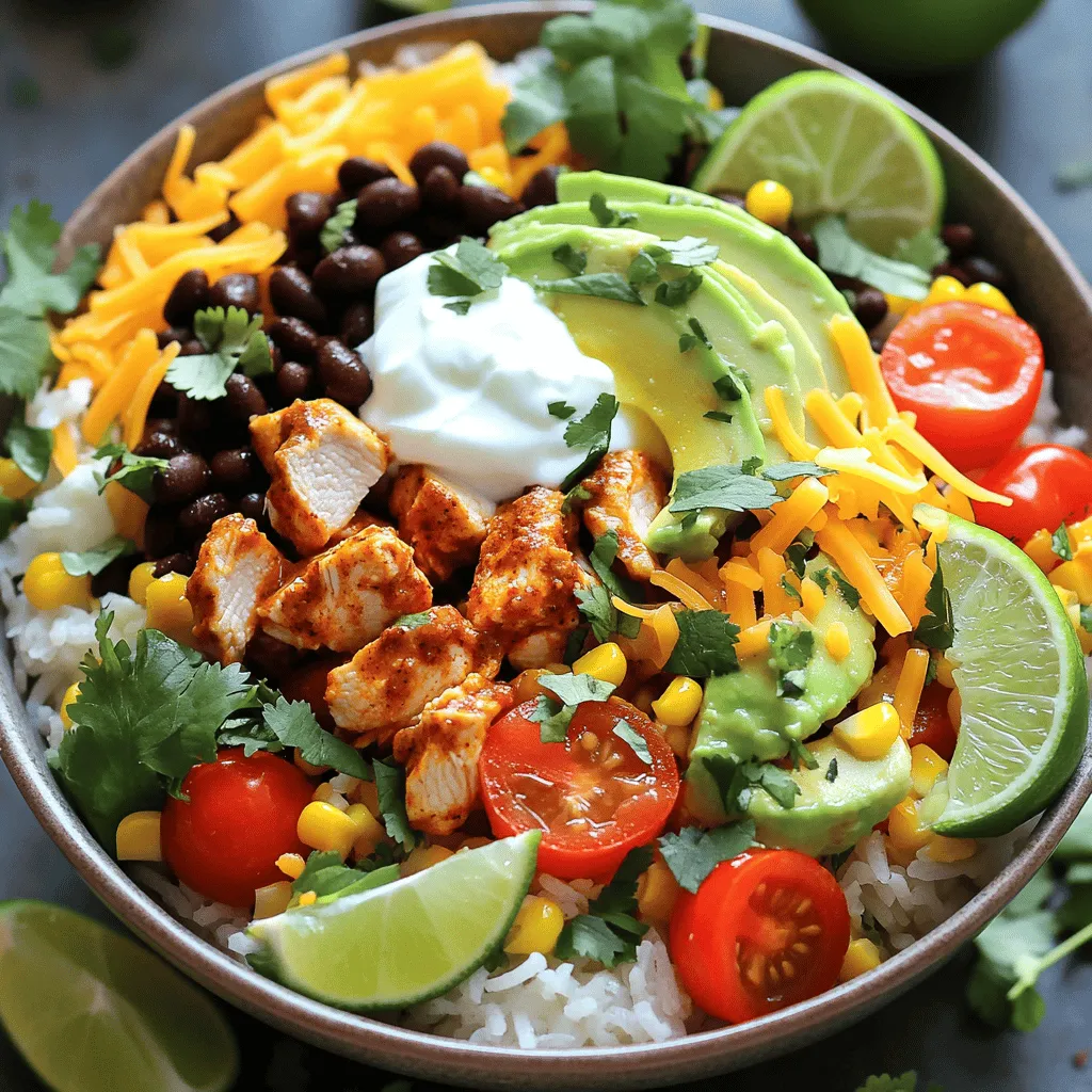 To make the Chipotle Chicken Burrito Bowl, you will need these items: - 2 cups cooked jasmine rice - 1 lb chicken breast, diced - 2 tablespoons chipotle powder - 1 teaspoon garlic powder - 1 teaspoon cumin - 1 teaspoon paprika - 1 tablespoon olive oil - 1 can black beans, drained and rinsed - 1 cup corn kernels (fresh or frozen) - 1 cup cherry tomatoes, halved - 1 avocado, sliced - 1/2 cup shredded cheddar cheese - 1/4 cup fresh cilantro, chopped - Salt and pepper to taste - 2 tablespoons lime juice - 1/4 cup plain Greek yogurt or sour cream (for serving) This dish is not only tasty but also packs a healthy punch. Each serving provides: - Calories: Approximately 550 - Protein: 35g - Carbohydrates: 60g - Fat: 20g - Fiber: 10g This bowl is full of protein and fiber, which help you feel full longer. The fresh veggies add vitamins and minerals, making it a balanced meal. You can modify the recipe based on what you have at home. Here are some easy swaps: - Chicken: Use turkey or tofu for a different protein. - Rice: Quinoa or brown rice can replace jasmine rice. - Beans: Try pinto beans or lentils instead of black beans. - Corn: Canned corn or even peas can work in a pinch. - Cheese: Swap cheddar for Monterey Jack or leave it out for a dairy-free option. These substitutions keep the spirit of the dish while fitting your taste and pantry. You can find the Full Recipe for a step-by-step guide. To start, gather your chicken and spices. In a small bowl, mix chipotle powder, garlic powder, cumin, paprika, salt, and pepper. This spice mix gives the chicken its bold flavor. Next, take your diced chicken breast and toss it with olive oil. Make sure to coat it well with the spice mix. This step is key for flavor. Heat a large skillet on medium heat. Once hot, add the chicken. Cook for about 6-8 minutes, stirring occasionally. The chicken should be cooked through and nicely browned. While the chicken is cooking, prepare the jasmine rice. Follow the package instructions for cooking. Typically, you will need to rinse the rice first. This helps remove extra starch. Then, add water and rice to a pot. Bring it to a boil, then cover and simmer until tender. Once cooked, fluff it with a fork. For a zesty touch, stir in some lime juice. This adds a fresh flavor to the rice. Now, it's time to build your burrito bowl. Start with a base of jasmine rice in each bowl. Next, add a generous scoop of the chipotle chicken on top. Then, layer black beans and corn for some texture. Add halved cherry tomatoes and sliced avocado for freshness. Finish the bowl with shredded cheddar cheese. To top it off, add a dollop of Greek yogurt or sour cream and sprinkle with fresh cilantro. This mix of flavors and colors makes the dish fun and inviting. For an extra zest, drizzle more lime juice over the top. Enjoy your meal! For the full recipe, check out the [Full Recipe]. Cooking chicken for your burrito bowl is simple. First, cut the chicken into small pieces. This helps it cook evenly. Always use a hot skillet. A hot skillet gives nice color and flavor. Cook the chicken for about 6-8 minutes. Make sure it is no longer pink inside. Use a meat thermometer if you want to be sure. It should reach 165°F. Letting it rest for a few minutes makes it juicy. Marinades can take your chicken to the next level. Use the spice mix from the recipe. Combine chipotle powder, garlic powder, and cumin. Add a little olive oil for moisture. Let the chicken sit in the marinade for at least 30 minutes. If you have more time, marinate it overnight. This will give the chicken a richer flavor. You can also add lime juice to brighten it up. A great-looking burrito bowl makes it more fun to eat. Start with a base of jasmine rice. Then layer the chicken, beans, and corn. Add colorful toppings like cherry tomatoes and avocado. Make it pop with shredded cheese and fresh cilantro. For a fresh touch, drizzle extra lime juice on top. Serve in colorful bowls for a fun vibe. A lime wedge on the side adds a nice touch. For the full recipe, check the recipe section above. {{image_2}} You can easily make a vegetarian burrito bowl. Replace the chicken with sautéed veggies. Bell peppers, zucchini, and mushrooms work well. You can also use tofu or tempeh for protein. Season them with the same spices to keep the flavors rich. Add more beans for extra protein and fiber. The toppings are where you can get creative. You can add your favorite ingredients. Try using pico de gallo, jalapeños, or diced green onions. For a crunch, add tortilla strips or crushed chips. The more color, the better! This makes your burrito bowl fun and inviting. If you want to switch up proteins, there are great options. Grilled shrimp or beef can replace chicken. You can also use pulled pork for a tasty twist. For a lighter choice, try blackened fish. Each option brings a new flavor to your bowl. Mix and match until you find your favorite! For the full recipe, check out the Spicy Chipotle Chicken Burrito Bowl! You can store your Chipotle chicken burrito bowl in the fridge. Place it in an airtight container. It will stay fresh for up to four days. Make sure it cools down before sealing. If you store the components separately, they will last longer. You can freeze parts of your burrito bowl. Cooked chicken, rice, and beans freeze well. Use freezer-safe bags or containers. Label them with the date. They will last for about three months. When ready to eat, thaw in the fridge overnight. To reheat, use the microwave or stovetop. If using a microwave, place the bowl in for about 2-3 minutes. Stir halfway through. If using the stovetop, heat on low until warm. Add a splash of water if needed to keep it moist. Enjoy your flavorful meal again! For the full recipe, check out the spicy Chipotle chicken burrito bowl! To make Chipotle-style rice, start with jasmine rice. Cook it according to the package. After cooking, fluff the rice with a fork. Add lime juice and cilantro to the rice for flavor. This gives it a fresh taste. You can also add a pinch of salt for extra flavor. The lime and cilantro boost the taste, making it just like Chipotle. Yes, you can use brown rice. It has more fiber and nutrients. Brown rice takes longer to cook, so plan for that. The texture will be a bit chewier than jasmine rice. This swap keeps the dish healthy while adding a nutty flavor. Just remember to adjust cooking time for brown rice. Popular toppings include: - Sliced jalapeños - Shredded lettuce - Salsa or pico de gallo - Guacamole - Sour cream or Greek yogurt - Extra cheese - Chopped green onions These toppings add color and flavor to your bowl. You can mix and match to suit your taste. Get creative and try new combinations! To make this dish healthier, consider these tips: - Use brown rice instead of jasmine rice. - Add more veggies like bell peppers or spinach. - Use grilled chicken or tofu instead of fried proteins. - Skip the cheese or use a lighter version. - Serve with a smaller portion of rice. These changes keep the flavors while making your meal better for you. Enjoy your delicious, healthy burrito bowl! This article covered how to make a tasty burrito bowl. We explored the ingredients, including swaps for your diet. I shared steps to prepare chicken and cook jasmine rice. You learned tips to enhance flavor and present your dish well. I also discussed variations for dietary needs and storage advice. In conclusion, make this dish your own. Enjoy the process and get creative with flavors!