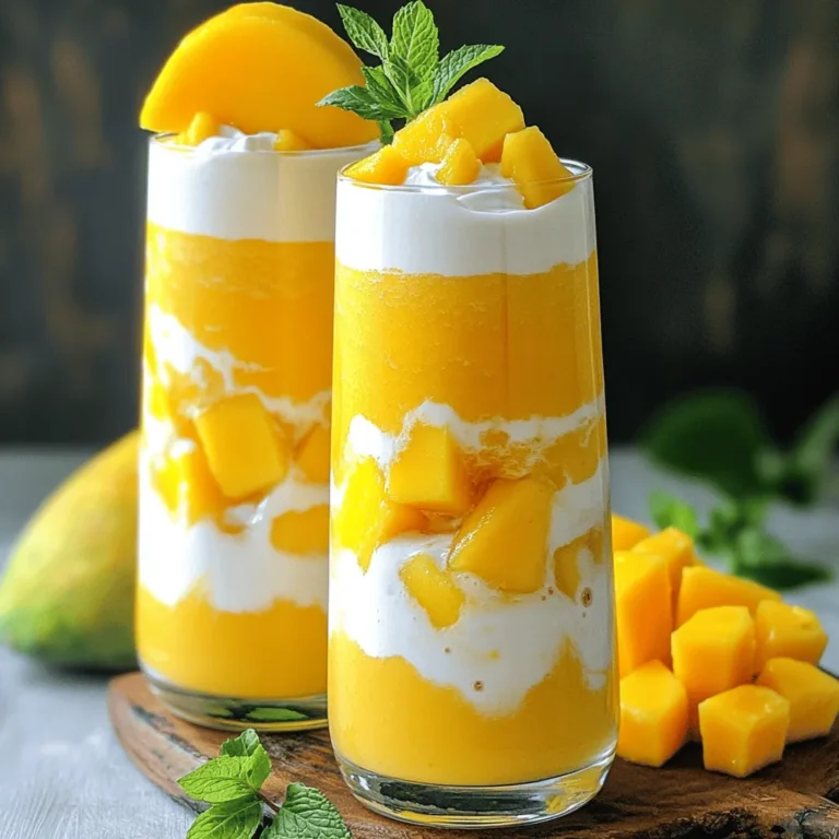 For the best Tropical Mango Pineapple Smoothie, gather these key ingredients: - 1 ripe mango, peeled and diced - 1 cup fresh pineapple chunks - 1 banana, peeled - 1 cup coconut milk - 1/2 cup Greek yogurt - 1 tablespoon honey or agave syrup (optional) - 1/2 teaspoon grated fresh ginger - 1 cup ice cubes Each ingredient adds a special touch. The mango gives sweetness and a smooth texture. Pineapple brings brightness and a tropical flair. The banana adds creaminess and makes it filling. Coconut milk makes it rich and tropical. Greek yogurt boosts protein and adds creaminess. Ginger offers a zing that wakes up your taste buds. You can sweeten it with honey or agave syrup if you like. And don’t forget the ice; it keeps your smoothie cold and refreshing. For the full recipe, be sure to check out the instructions after this section! Making a Tropical Mango Pineapple Smoothie is easy and fun! Follow these simple steps to create a refreshing drink that bursts with flavor. 1. Combine fresh fruits in a blender Start by adding the ripe mango, fresh pineapple chunks, and banana into your blender. Make sure to peel and chop the fruits for a smooth blend. 2. Add coconut milk and Greek yogurt Next, pour in the coconut milk and scoop in the Greek yogurt. This will give your smoothie a creamy texture. 3. Sweeten with honey or agave syrup If you prefer a sweeter drink, add honey or agave syrup. Just one tablespoon should do. You can always taste it later to see if you want more. 4. Incorporate grated ginger For a zesty kick, add the grated ginger. This spice adds warmth and a hint of spice to your smoothie. 5. Add ice and blend until smooth Toss in the ice cubes to make your smoothie cold and refreshing. Blend on high speed until everything is smooth and creamy. 6. Taste and adjust sweetness if necessary Once blended, taste your smoothie. If it needs more sweetness, add a bit more honey or agave, and blend again briefly. 7. Serve and enjoy! Pour your smoothie into tall glasses. You can garnish with a slice of fresh mango and a sprig of mint for a lovely finish. Enjoy your Tropical Mango Pineapple Smoothie! These steps will guide you to a delicious drink in just about 10 minutes. For the complete recipe, check the [Full Recipe]. Choosing the right mango and pineapple is key. A ripe mango should feel slightly soft when you press it. It should smell sweet at the stem end. For pineapple, look for a sweet smell and a golden color. The fruit should have some give when squeezed gently. To achieve the right consistency and thickness, balance is vital. Use coconut milk for creaminess and Greek yogurt for a thicker texture. Adjust the amount of coconut milk to get your desired thickness. You may want it thin for sipping or thick for a spoonable treat. Using frozen fruit can add extra coldness. Frozen mango or pineapple keeps your smoothie icy and refreshing. If you use fresh fruit, add more ice cubes to chill it down. This step is great for hot days when you want a cool drink. Experimenting with ingredient ratios can lead to new flavors. You can start with the basic recipe and adjust it to your taste. Add more mango for sweetness or more ginger for zing. Do not hesitate to try different fruits or liquids. Each tweak can make your tropical smoothie unique and fun. For the full recipe, check the section above. Enjoy blending! {{image_2}} You can make your Tropical Mango Pineapple Smoothie even more fun with a few easy tweaks. Here are some great ideas: - Adding spinach or kale for a green boost: Tossing in some spinach or kale adds vibrant color and nutrients. You won't taste them much, but your smoothie gets a healthy kick. - Using different non-dairy milk options: If you want to change things up, try almond, oat, or soy milk. Each milk brings a unique flavor and texture to your drink. - Incorporating other fruits like papaya or passion fruit: You can mix in papaya or passion fruit for extra tropical flair. These fruits add new tastes and make the smoothie even more exciting. - Creating a protein-packed version with protein powder: For a protein boost, add some protein powder. This makes the smoothie great for a post-workout treat or a filling breakfast. These variations keep your Tropical Mango Pineapple Smoothie fresh and fun! For the full recipe, follow the detailed steps above. You might have some smoothie left after making your Tropical Mango Pineapple Smoothie. To keep it fresh, store it in a glass jar or airtight container. Try to leave some space at the top. This way, the smoothie doesn't expand and spill. It will stay good in the fridge for up to 24 hours. If you want to save it for a longer time, freeze your smoothie. Pour it into ice cube trays or freezer bags. This method helps you make single servings later. When you're ready to enjoy, just blend the frozen cubes with a little coconut milk or water. Sometimes, you may find a smoothie that has sat in the fridge. It might separate a bit. No worries! Just give it a quick shake or stir. You can also blend it again for a smooth texture. Enjoying your smoothie later is just as good as when you first made it! Can I make this smoothie ahead of time? Yes, you can make this smoothie ahead of time. Blend your ingredients and store them in the fridge for up to 24 hours. Just remember to shake or stir it well before serving. What is the best way to blend a smoothie? To blend a smoothie well, add liquids first. This helps the blades move freely. Next, add soft fruits, then hard ones like ice. Blend on high until smooth. Stop to scrape the sides if needed. How can I make it vegan-friendly? To make this smoothie vegan, simply replace Greek yogurt with a plant-based yogurt. Also, use agave syrup instead of honey. Coconut milk is already vegan, so you are good there! Can I add supplements like protein or fiber? Yes, you can add protein powder or fiber to your smoothie. Just mix in a scoop of your favorite protein powder or a tablespoon of chia seeds. This boosts nutrition and keeps you full longer. For the full recipe, check out the Tropical Mango Pineapple Smoothie section above. This article shared the key ingredients and steps to create a tasty Tropical Mango Pineapple Smoothie. You learned how to pick fresh fruits, blend them well, and store your creations. Remember, experimenting with ingredients can lead to your perfect drink. Enjoy the cooling, yummy refreshment. It's easy to make and offers great flavor. Use these tips to spark your creativity in the kitchen. Make this smoothie your own!