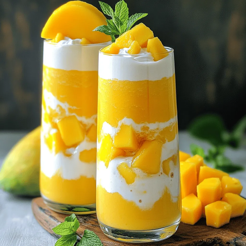 For the best Tropical Mango Pineapple Smoothie, gather these key ingredients: - 1 ripe mango, peeled and diced - 1 cup fresh pineapple chunks - 1 banana, peeled - 1 cup coconut milk - 1/2 cup Greek yogurt - 1 tablespoon honey or agave syrup (optional) - 1/2 teaspoon grated fresh ginger - 1 cup ice cubes Each ingredient adds a special touch. The mango gives sweetness and a smooth texture. Pineapple brings brightness and a tropical flair. The banana adds creaminess and makes it filling. Coconut milk makes it rich and tropical. Greek yogurt boosts protein and adds creaminess. Ginger offers a zing that wakes up your taste buds. You can sweeten it with honey or agave syrup if you like. And don’t forget the ice; it keeps your smoothie cold and refreshing. For the full recipe, be sure to check out the instructions after this section! Making a Tropical Mango Pineapple Smoothie is easy and fun! Follow these simple steps to create a refreshing drink that bursts with flavor. 1. Combine fresh fruits in a blender Start by adding the ripe mango, fresh pineapple chunks, and banana into your blender. Make sure to peel and chop the fruits for a smooth blend. 2. Add coconut milk and Greek yogurt Next, pour in the coconut milk and scoop in the Greek yogurt. This will give your smoothie a creamy texture. 3. Sweeten with honey or agave syrup If you prefer a sweeter drink, add honey or agave syrup. Just one tablespoon should do. You can always taste it later to see if you want more. 4. Incorporate grated ginger For a zesty kick, add the grated ginger. This spice adds warmth and a hint of spice to your smoothie. 5. Add ice and blend until smooth Toss in the ice cubes to make your smoothie cold and refreshing. Blend on high speed until everything is smooth and creamy. 6. Taste and adjust sweetness if necessary Once blended, taste your smoothie. If it needs more sweetness, add a bit more honey or agave, and blend again briefly. 7. Serve and enjoy! Pour your smoothie into tall glasses. You can garnish with a slice of fresh mango and a sprig of mint for a lovely finish. Enjoy your Tropical Mango Pineapple Smoothie! These steps will guide you to a delicious drink in just about 10 minutes. For the complete recipe, check the [Full Recipe]. Choosing the right mango and pineapple is key. A ripe mango should feel slightly soft when you press it. It should smell sweet at the stem end. For pineapple, look for a sweet smell and a golden color. The fruit should have some give when squeezed gently. To achieve the right consistency and thickness, balance is vital. Use coconut milk for creaminess and Greek yogurt for a thicker texture. Adjust the amount of coconut milk to get your desired thickness. You may want it thin for sipping or thick for a spoonable treat. Using frozen fruit can add extra coldness. Frozen mango or pineapple keeps your smoothie icy and refreshing. If you use fresh fruit, add more ice cubes to chill it down. This step is great for hot days when you want a cool drink. Experimenting with ingredient ratios can lead to new flavors. You can start with the basic recipe and adjust it to your taste. Add more mango for sweetness or more ginger for zing. Do not hesitate to try different fruits or liquids. Each tweak can make your tropical smoothie unique and fun. For the full recipe, check the section above. Enjoy blending! {{image_2}} You can make your Tropical Mango Pineapple Smoothie even more fun with a few easy tweaks. Here are some great ideas: - Adding spinach or kale for a green boost: Tossing in some spinach or kale adds vibrant color and nutrients. You won't taste them much, but your smoothie gets a healthy kick. - Using different non-dairy milk options: If you want to change things up, try almond, oat, or soy milk. Each milk brings a unique flavor and texture to your drink. - Incorporating other fruits like papaya or passion fruit: You can mix in papaya or passion fruit for extra tropical flair. These fruits add new tastes and make the smoothie even more exciting. - Creating a protein-packed version with protein powder: For a protein boost, add some protein powder. This makes the smoothie great for a post-workout treat or a filling breakfast. These variations keep your Tropical Mango Pineapple Smoothie fresh and fun! For the full recipe, follow the detailed steps above. You might have some smoothie left after making your Tropical Mango Pineapple Smoothie. To keep it fresh, store it in a glass jar or airtight container. Try to leave some space at the top. This way, the smoothie doesn't expand and spill. It will stay good in the fridge for up to 24 hours. If you want to save it for a longer time, freeze your smoothie. Pour it into ice cube trays or freezer bags. This method helps you make single servings later. When you're ready to enjoy, just blend the frozen cubes with a little coconut milk or water. Sometimes, you may find a smoothie that has sat in the fridge. It might separate a bit. No worries! Just give it a quick shake or stir. You can also blend it again for a smooth texture. Enjoying your smoothie later is just as good as when you first made it! Can I make this smoothie ahead of time? Yes, you can make this smoothie ahead of time. Blend your ingredients and store them in the fridge for up to 24 hours. Just remember to shake or stir it well before serving. What is the best way to blend a smoothie? To blend a smoothie well, add liquids first. This helps the blades move freely. Next, add soft fruits, then hard ones like ice. Blend on high until smooth. Stop to scrape the sides if needed. How can I make it vegan-friendly? To make this smoothie vegan, simply replace Greek yogurt with a plant-based yogurt. Also, use agave syrup instead of honey. Coconut milk is already vegan, so you are good there! Can I add supplements like protein or fiber? Yes, you can add protein powder or fiber to your smoothie. Just mix in a scoop of your favorite protein powder or a tablespoon of chia seeds. This boosts nutrition and keeps you full longer. For the full recipe, check out the Tropical Mango Pineapple Smoothie section above. This article shared the key ingredients and steps to create a tasty Tropical Mango Pineapple Smoothie. You learned how to pick fresh fruits, blend them well, and store your creations. Remember, experimenting with ingredients can lead to your perfect drink. Enjoy the cooling, yummy refreshment. It's easy to make and offers great flavor. Use these tips to spark your creativity in the kitchen. Make this smoothie your own!