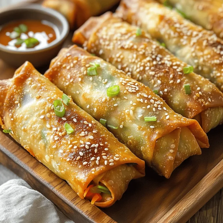 To make easy air fryer veggie egg rolls, gather these fresh ingredients. They create a tasty filling that packs a crunch. - 1 cup shredded cabbage - 1 cup shredded carrots - 1/2 cup bell pepper, finely chopped - 1/4 cup green onions, sliced - 2 cloves garlic, minced - 1 teaspoon ginger, grated - 1 tablespoon soy sauce - 1 tablespoon sesame oil - 1 teaspoon rice vinegar - 1 package egg roll wrappers - Cooking spray or oil for brushing - Salt and pepper to taste These ingredients work together to create a vibrant and healthy filling. The cabbage adds crunch, while the carrots and bell pepper give sweetness. Green onions provide a fresh bite, and garlic and ginger bring warmth and depth of flavor. The sauces enhance the taste, making them rich and savory. Using egg roll wrappers helps hold all the goodness inside. With cooking spray or oil, you ensure they fry up to a beautiful golden color. This balance of flavors makes for a delightful dish you can share or enjoy all by yourself. For the complete guide, check the Full Recipe. Start by gathering your veggies. You will need: - 1 cup shredded cabbage - 1 cup shredded carrots - 1/2 cup bell pepper, finely chopped - 1/4 cup green onions, sliced - 2 cloves garlic, minced - 1 teaspoon ginger, grated In a large mixing bowl, combine all these veggies. Mixing them well is key. This ensures every bite is full of flavor. Next, it's time to add your seasonings. Pour in: - 1 tablespoon soy sauce - 1 tablespoon sesame oil - 1 teaspoon rice vinegar - Salt and pepper to taste Mix everything together. The soy sauce adds depth, while sesame oil gives a lovely aroma. Now, let’s wrap our egg rolls! Take an egg roll wrapper and lay it flat. Place it so a point faces you. Spoon about 2 tablespoons of the veggie filling in the center. Here’s how to wrap it correctly: 1. Fold the bottom corner over the filling. 2. Fold the sides in tightly. 3. Roll it up towards the top corner. To seal the egg roll, dampen the top corner with a bit of water. This helps it stick together well. Repeat this with all the wrappers until your filling is gone. Preheat your air fryer to 400°F (200°C). This step is important for crispiness. Lightly spray the basket with cooking spray to prevent sticking. Place 4-5 egg rolls in the air fryer basket. Make sure they don’t touch each other. This allows hot air to circulate and cook evenly. Lightly brush the tops with oil or cooking spray. Cook the egg rolls for 12-15 minutes. Flip them halfway through to ensure they are golden brown and crispy. Once done, remove them and let them cool slightly before serving. For the full recipe, check out the detailed instructions above. Enjoy your tasty, crunchy veggie egg rolls! To avoid soggy egg rolls, use the right amount of filling. If you overstuff, they won’t cook evenly. Keep the filling light, about two tablespoons per roll. Make sure the egg rolls are dry before you air fry them. Water from the veggies can cause sogginess. After wrapping, let them sit for a few minutes to help them firm up. For correct timing and temperature, always preheat your air fryer to 400°F (200°C). This step helps the egg rolls to cook evenly. Cook for 12-15 minutes, flipping halfway. This ensures a golden and crispy finish all around. For dipping sauces, I love sweet chili sauce or soy sauce. These add great flavor and a nice touch to your egg rolls. You can also sprinkle sesame seeds and chopped green onions on top for a fun look. Pair your egg rolls with a fresh salad or steamed rice. This combination makes for a balanced meal. You can also serve them as a tasty appetizer at your next gathering. Enjoy every crunchy bite! {{image_2}} You can change the veggies in your egg rolls easily. Try using these options: - Broccoli florets - Zucchini, grated - Mushrooms, finely chopped - Spinach or kale If you want a vegan option, skip the egg roll wrappers made with eggs. Use wrappers made from rice or wheat that are labeled vegan. Adding spices or herbs can make your egg rolls pop with flavor. Here are some ideas: - Add chili flakes for heat. - Mix in chopped cilantro or basil for freshness. - Try a dash of cumin or paprika for warmth. For sauces, think outside the box! Instead of just soy sauce, consider: - Sweet chili sauce for a sweet kick. - Teriyaki sauce for a rich glaze. - Peanut sauce for a nutty twist. Feel free to get creative with your flavors. Each change can lead to a new favorite! For the full recipe, check out the detailed list of ingredients and instructions. To keep your veggie egg rolls fresh, store them in the fridge. Place them in an airtight container. They stay good for about 3 days. If you want them to last longer, freeze them. Wrap each egg roll in plastic wrap. Then, place them in a freezer bag. They can last for up to 3 months in the freezer. Remember to label the bag with the date. This way, you know when to use them. To reheat your egg rolls, keep them crispy. The best method is to use your air fryer. Preheat the air fryer to 350°F (175°C). Place the egg rolls in the basket in a single layer. Heat them for about 5-7 minutes. This will help them regain their crunch. You can also use the oven. Preheat it to 375°F (190°C). Bake them on a baking sheet for 10-15 minutes. Flip them halfway through. This will keep them nice and crispy. Enjoy your egg rolls just like when they were fresh! Yes, you can prepare veggie egg rolls ahead of time. To do this, follow these steps: - Assemble: Wrap the egg rolls as you normally would. - Storage: Place them in a single layer on a baking sheet. Cover with plastic wrap to keep them fresh. - Refrigerate: They can stay in the fridge for up to 24 hours. - Freeze: For longer storage, freeze the wrapped egg rolls. Use an airtight container or freezer bag. They can last up to three months. When you're ready to cook, just air fry from frozen. You may need to add a few extra minutes to the cooking time. The best temperature for air frying veggie egg rolls is 400°F (200°C). This high heat gives them a nice crispy texture. Here are some tips for cooking: - Preheat: Always preheat your air fryer before adding the egg rolls. This helps them cook evenly. - Batch Cooking: Cook in small batches. Do not overcrowd the basket. This ensures all sides crisp up nicely. - Cooking Time: Air fry for 12-15 minutes. Flip them halfway for an even crunch. You can easily make these egg rolls gluten-free. Here’s how: - Egg Roll Wrappers: Use gluten-free egg roll wrappers, which you can find in stores or online. - Soy Sauce Substitute: Instead of regular soy sauce, opt for gluten-free tamari or coconut aminos. - Check Labels: Always check ingredient labels for hidden gluten in sauces and seasonings. These swaps keep the flavor while making the dish suitable for gluten-free diets. You can enjoy the full recipe without worry! In this post, we covered how to make delicious egg rolls from scratch. We explored the ingredients needed, from fresh veggies to flavorful seasonings. You learned step-by-step instructions for preparation, wrapping, and air frying. I shared tips for the best crispiness and tasty serving ideas. Plus, we discussed variations and storage tips to enjoy later. These egg rolls are easy to customize and perfect for any meal. With practice, you’ll master this fun recipe and impress everyone!