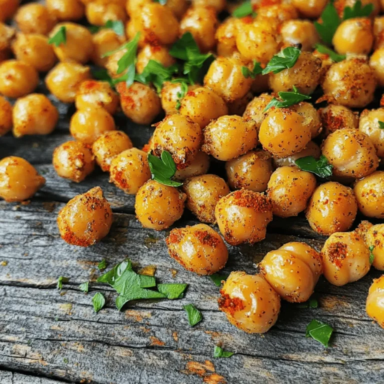 To make easy roasted chickpeas, you need a few simple items. Here’s what you will need: - 1 can (15 oz) chickpeas, drained and rinsed - 2 tablespoons olive oil - 1 teaspoon garlic powder - 1 teaspoon smoked paprika - ½ teaspoon cumin - ½ teaspoon chili powder - Salt to taste These ingredients create the base for a crunchy, tasty snack. The chickpeas provide protein and fiber, making them a healthy choice. Olive oil helps them crisp up nicely in the oven. For great flavor, use the seasonings listed above. Garlic powder adds a nice savory taste. Smoked paprika gives it a rich, smoky element. Cumin and chili powder add warmth and depth. You can adjust the amounts based on your preference. If you like heat, add more chili powder. If you prefer a milder flavor, reduce the amount of cumin. To make your roasted chickpeas look even better, consider adding fresh parsley. Just chop some and sprinkle it on top after roasting. This adds a pop of color and a fresh taste. You can also serve them in a bowl or on a nice plate for a fun snack. If you want to impress guests, this small touch makes a big difference. For the full recipe, check out the details above! First, take a can of chickpeas. You need 15 ounces for this recipe. Drain the chickpeas and rinse them under cold water. This step removes extra salt and helps them taste fresh. Next, spread the chickpeas on a clean towel or paper towels. Pat them dry gently. This is key to getting crispy chickpeas. If they are moist, they won’t crisp up well. Now, it’s time to add flavor. In a large bowl, combine the dry chickpeas with 2 tablespoons of olive oil. The oil helps the spices stick. Add 1 teaspoon of garlic powder, 1 teaspoon of smoked paprika, and ½ teaspoon each of cumin and chili powder. Don’t forget to sprinkle in some salt to taste. Toss everything together until the chickpeas are well-coated. Each chickpea should be covered in spices for the best flavor. Preheat your oven to 400°F (200°C). Line a baking sheet with parchment paper. This makes cleanup easy. Spread the seasoned chickpeas in a single layer on the sheet. Make sure they are not crowded. Roast them in the oven for 25 to 30 minutes. Shake the baking sheet halfway through. This step helps them cook evenly. Watch closely so they don’t burn. Once they turn golden brown and crispy, take them out. Let them cool a bit before serving. Toss with extra salt and garnish with fresh parsley if you like. Enjoy your crunchy snack! For the full recipe, check the previous section. To get perfectly crispy roasted chickpeas, start with dry chickpeas. After rinsing, pat them dry. Any moisture will make them soggy. Use enough olive oil to coat them well. The oil helps them crisp up in the oven. Bake at 400°F for 25 to 30 minutes. Shake the pan halfway through for even cooking. Watch them closely to avoid burning. One big mistake is not drying the chickpeas enough. Moisture will ruin the crunch. Another mistake is overcrowding the baking sheet. If they are too close, they will steam instead of roast. Always use a single layer on the sheet. Lastly, don’t skip the seasoning. It adds great flavor that makes them tasty. For even cooking, shake the baking sheet halfway through. This ensures all sides get heat. Also, make sure your oven is preheated. A hot oven helps with crispiness. Rotate the baking sheet if your oven has hot spots. This way, every chickpea gets a fair chance to roast well. Following these tips will give you the best crunchy snack. For the complete process, check the Full Recipe. {{image_2}} You can change the flavor of your roasted chickpeas easily. Here are some ideas: - Sweet: Use cinnamon and brown sugar for a sweet snack. - Savory: Try adding onion powder or Italian herbs. - Spicy: Use cayenne pepper or hot sauce for heat. - Tangy: Add lemon zest or a splash of vinegar for a fresh kick. These changes let you enjoy different tastes each time you make them. You can make roasted chickpeas in different ways. Here are two methods: - Air Fryer: Preheat your air fryer to 390°F (200°C). Toss the chickpeas with oil and spices. Cook for about 15 to 20 minutes. Shake the basket halfway through for even cooking. - Stovetop: Heat a pan over medium heat. Add oil, then toss in the seasoned chickpeas. Stir often for 10 to 15 minutes until they are golden and crispy. Both methods give you a tasty crunch without the oven. Roasted chickpeas work well with many foods. Here are a few ideas: - Salads: Add crunchy chickpeas to salads for extra texture. - Bowls: Use them in grain bowls with rice or quinoa. - Snacks: Mix with nuts and dried fruit for a perfect trail mix. Combining them with other ingredients makes your meals more exciting. Check the Full Recipe for great ideas on how to prepare these tasty chickpeas! To store leftover roasted chickpeas, let them cool completely. Place them in an airtight container. This helps keep them fresh and crunchy. You can store them at room temperature for up to three days. If you want them to last longer, store them in the fridge for up to a week. The best containers for storing roasted chickpeas are glass or plastic containers with tight lids. You can also use resealable bags. Just make sure to squeeze out extra air before sealing. This helps prevent moisture, which can make them soft. To reheat roasted chickpeas, spread them in a single layer on a baking sheet. Preheat your oven to 350°F (175°C). Bake them for about 10 minutes. This will help them regain their crispiness. You can also use an air fryer. Set it to 350°F (175°C) and heat for about 5 minutes. Enjoy them warm and crunchy. For the full recipe, check out the details above! It takes about 25 to 30 minutes to roast chickpeas. You should preheat your oven to 400°F (200°C) first. Spread the chickpeas in a single layer on a baking sheet. Shake the sheet halfway through to help them cook evenly. Keep an eye on them as they roast. You want them golden brown and crispy. Yes, you can use dried chickpeas, but they need a little extra work. First, soak them overnight in water. This softens them and helps with cooking. After soaking, boil them until they are tender. Drain and dry them well before roasting. This extra step ensures they get crispy in the oven. You can use many seasonings for roasted chickpeas. My favorites are garlic powder, smoked paprika, and cumin. These give a nice flavor that pairs well with chickpeas. If you like heat, add chili powder. You can also try different spices like curry powder or Italian herbs. Mix and match to find your favorite combo! For the full recipe, check out the Crispy Spiced Roasted Chickpeas section. In this post, we covered how to make roasted chickpeas easy and tasty. We explored essential ingredients, step-by-step instructions, and tips for crispiness. We also discussed variations and how to store leftovers properly. Roasted chickpeas are healthy and versatile snacks. You can play with flavors and cooking methods to suit your taste. Enjoy experimenting and making your perfect batch!