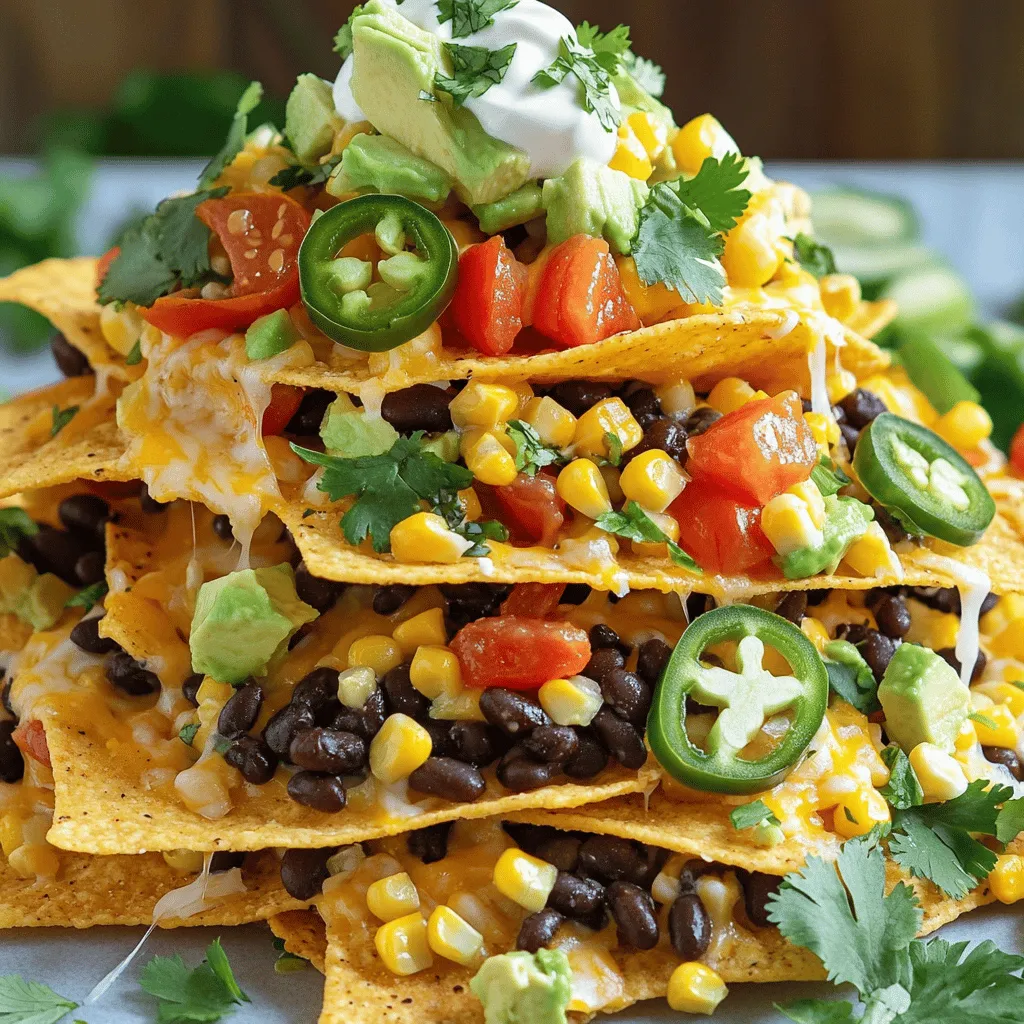 - 1 bag of tortilla chips - 1 cup black beans, drained and rinsed - 1 cup corn kernels, fresh or frozen - 1 medium bell pepper, diced (any color) - 1 small red onion, diced - 1 cup cherry tomatoes, halved - 1 ripe avocado, diced - 1 cup shredded cheese (cheddar or a blend) - 2 tablespoons olive oil - 1 teaspoon cumin - 1 teaspoon smoked paprika - 1 teaspoon chili powder - Salt and pepper to taste - Fresh cilantro, chopped (for garnish) - Jalapeño slices (optional, for heat) - Sour cream (for serving) You can add more to your nachos for a flavor boost. Consider these options: - Black olives, sliced - Green onions, chopped - Lime juice, for a zesty kick - Hot sauce, for those who love spice One serving of loaded veggie nachos provides: - Calories: 350 - Protein: 12g - Carbohydrates: 45g - Dietary Fiber: 10g - Total Fat: 15g - Saturated Fat: 6g This recipe is not just tasty; it’s also packed with nutrients. You can enjoy delicious nachos without the guilt. For the full recipe, check the details above. Start by preheating your oven to 375°F (190°C). This helps the cheese melt just right. While the oven heats, grab a large bowl. Combine the black beans, corn, bell pepper, red onion, cherry tomatoes, avocado, olive oil, cumin, smoked paprika, chili powder, salt, and pepper. Mix everything well. You want the flavors to blend nicely. Next, spread the tortilla chips on a large baking sheet or an oven-safe platter. Make sure they cover the surface evenly. Then, layer the veggie mix over the chips. It should be spread out well. This helps each chip get some tasty toppings. Finally, sprinkle the shredded cheese on top of the loaded nachos. Layering is key for great nachos. Start with a solid base of chips. This gives you a good foundation. Then, add your veggie mix. Distribute it evenly across the chips. This ensures every bite is flavorful. Remember to save some cheese for the top. A good cheese layer helps bind everything together. If you like, you can add jalapeño slices for heat before baking. Just keep in mind how spicy you want them. Once your nachos are layered, place them in the oven. Bake for about 10-15 minutes. You want to watch for the cheese to melt and bubble. When it is melted, take them out. Let the nachos cool for a minute. Garnish with fresh cilantro and any extra toppings you like. Serve hot with sour cream on the side. For the full recipe, check the detailed instructions above. Enjoy your delicious Loaded Veggie Nachos! You can make loaded veggie nachos your own with fun twists. Try different veggies like mushrooms, zucchini, or spinach. Swap the cheese for a dairy-free option if needed. If you like heat, add more jalapeños or hot sauce. You can also use different beans like pinto or refried beans. Mix in some olives for a salty kick. The key is to layer flavors you love. To get the best nachos, bake them, not microwave them. Baking gives you crispy chips and gooey cheese. Preheat your oven to 375°F (190°C) for even cooking. Spread chips on a baking sheet and layer veggies on top. Use a generous amount of cheese for a melty texture. Watch the nachos closely. They only need 10-15 minutes in the oven. Remove them when the cheese is bubbly and golden. Loaded veggie nachos are perfect for parties. Serve them on a large platter for sharing. You can set up a toppings bar with sour cream, guacamole, and salsa. This lets everyone customize their nachos. Pair them with refreshing drinks like lemonade or iced tea. For a fun touch, use colorful plates or bowls. This makes the dish pop and draws attention. Try to serve as soon as they come out of the oven for the best experience. You can find the full recipe to get started right away. {{image_2}} You can easily make loaded veggie nachos vegan. Just swap out the cheese for a plant-based option. There are many vegan cheeses available today. Look for ones made from nuts or soy. You can also make a creamy avocado sauce. Just blend ripe avocados with lime juice and a pinch of salt. This adds a fresh, zesty flavor to your nachos. If you want to add protein, try tofu or quinoa. Tofu absorbs flavors well. You can sauté it with the spices from the recipe. This gives your nachos a nice kick. Quinoa is another great option. Cook it separately, then sprinkle it on top. It adds protein and a nice crunch. Both options keep your nachos filling and delicious. For a low-carb version, use veggie chips or sliced bell peppers. You can slice bell peppers into thick strips to replace chips. They add a sweet crunch and keep the nacho vibe. Cauliflower chips are another tasty substitute. They are low in carbs and high in flavor. You can find them in stores or make your own at home. Just roast cauliflower florets with a bit of oil and spices until crispy. Enjoy these alternatives for a healthier twist! After you enjoy your loaded veggie nachos, you might have some left. To store them, gently transfer the nachos to an airtight container. Keep the toppings separate, like avocado and sour cream. This keeps everything fresh. Store in the fridge for up to three days. The chips might get soft, but the flavors stay tasty. To reheat your nachos and keep them crispy, use the oven. Preheat your oven to 350°F (175°C). Spread the nachos on a baking sheet. Heat for about 10 minutes. This helps the cheese melt again and the chips crisp up. You can also use a microwave, but the chips may lose their crunch. If you do, heat them in short bursts to avoid sogginess. Freezing nachos can be tricky, but you can freeze the veggie mix. Place it in a freezer bag and remove as much air as possible. It will last for about three months. When you’re ready to enjoy, thaw it in the fridge overnight. Then, layer it on fresh tortilla chips and bake. This way, you get a fresh and tasty meal without extra work. For the full recipe, check above. To heat up your Loaded Veggie Nachos, add jalapeño slices. You can mix them in with the other veggies. If you want more heat, use fresh diced chili peppers or hot sauce. Another option is to sprinkle some cayenne pepper on top before baking. Adjust the spice level to fit your taste. Yes, you can prep some parts ahead of time. Chop the veggies and mix the black beans and corn. Store them in the fridge until you are ready to bake. Just layer the chips and toppings before baking. This saves time and makes it easy for last-minute gatherings. There are many tasty topping options for Loaded Veggie Nachos. Here are a few ideas: - Greek yogurt or plant-based yogurt - Fresh salsa or pico de gallo - Sliced olives for a briny kick - Fresh herbs like parsley or chives - Pickled onions for tanginess - Roasted red peppers for sweetness Feel free to mix and match to find your favorite flavors! For the full recipe, check out the main section. Loaded veggie nachos are fun and tasty. This post gave you all you need to make them. You learned about the ingredients, cooking steps, and tips for great flavors. We explored fun variations like vegan options and storage tips. Now, you can create perfect nachos for any gathering. I hope this inspires you to try your own twists. Enjoy your nacho-making journey and share with friends!