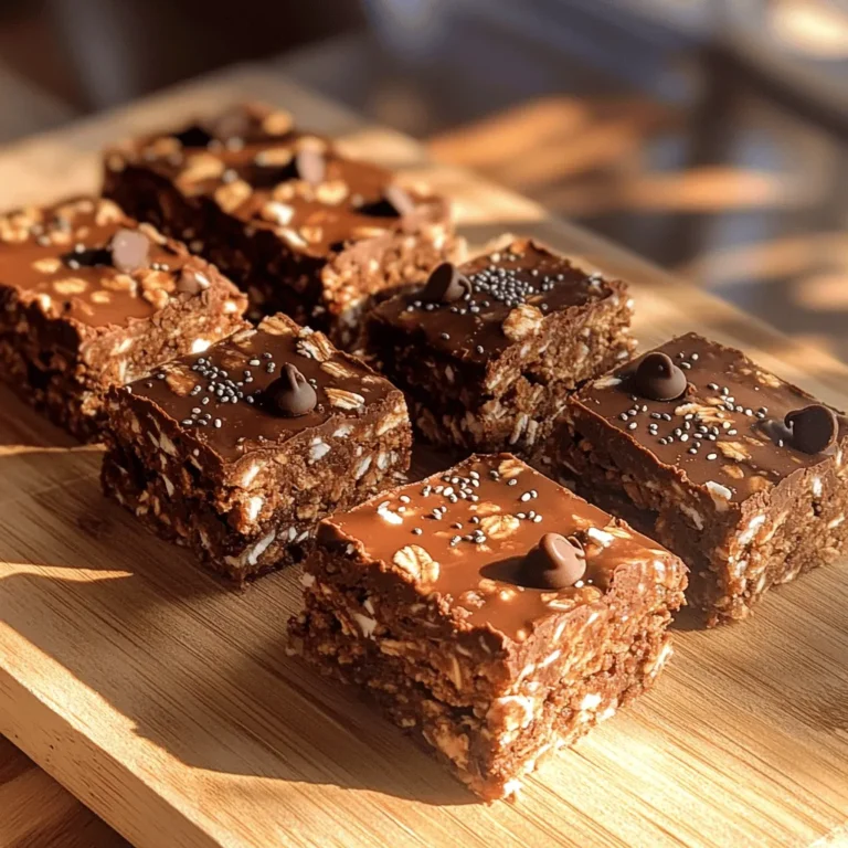 To make these tasty bars, gather the following ingredients: - 2 cups rolled oats - 1 cup unsweetened shredded coconut - 1/2 cup almond butter or peanut butter - 1/3 cup honey or maple syrup - 1/4 cup cocoa powder - 1/2 cup mini chocolate chips - 1/4 cup chia seeds (optional) - 1/4 teaspoon sea salt - 1 teaspoon vanilla extract These simple ingredients blend well. Each item adds flavor and nutrition. Rolled oats give a hearty base. Shredded coconut adds a sweet, chewy texture. Nut butter binds the bars and gives healthy fat. Honey or maple syrup sweetens and helps everything stick. Cocoa powder brings rich chocolate flavor. Mini chocolate chips melt in your mouth. Chia seeds add a boost of omega-3s if you choose to include them. Sea salt enhances all the flavors, while vanilla adds warmth. These bars are packed with nutrients. Oats provide fiber, which helps keep you full. They also help with heart health. Coconut is rich in healthy fats and can boost energy. Cocoa powder has antioxidants and can improve mood. If you use chia seeds, they add protein and omega-3 fatty acids. These nutrients support brain health and digestion. You can easily swap some ingredients. If you need a nut-free option, try sunflower seed butter. For sweeteners, agave syrup or brown rice syrup works well. If you want gluten-free granola bars, ensure your oats are certified gluten-free. You can also use puffed rice or quinoa for a different crunch. These swaps keep the bars delicious and cater to various tastes. First, gather all your ingredients. You will need rolled oats, shredded coconut, almond butter, honey, cocoa powder, and mini chocolate chips. If you want, add chia seeds for extra nutrition. Start by preheating your oven to 350°F (175°C). This step is key for even baking. Next, line an 8x8 inch baking dish with parchment paper. Leave some paper hanging over the edges. This will help you lift the bars out later. In a large mixing bowl, combine the rolled oats, shredded coconut, cocoa powder, chia seeds, and sea salt. Mix these dry ingredients well. This ensures every bite has a great flavor. Once your mixture is ready, it's time to make the sticky part. In a small saucepan, heat the almond butter and honey over low heat. Stir this mix for about 2-3 minutes until smooth. Remove it from the heat and add the vanilla extract. Now pour this warm mixture over your dry ingredients. Stir well until everything is coated. Then, fold in the mini chocolate chips. Transfer the mixture to your prepared baking dish. Use a spatula to press it down firmly. Make sure it's even across the bottom. Bake in your preheated oven for 20-25 minutes. Look for the edges to turn slightly golden and the center to set. This will give you a nice texture. After baking, let your granola bars cool in the pan for at least 15 minutes. This time allows them to firm up. Once cool, use the parchment paper to lift them out of the pan. To cut the bars, use a sharp knife. This helps you get clean edges without crumbling. You can slice them into any size you like. Store your chocolate coconut granola bars in an airtight container. They stay fresh at room temperature for a week. If you want them to last longer, put them in the fridge. For the full recipe, check the details above. Enjoy your tasty snack! To avoid crumbly bars, make sure to use enough binding ingredients. Almond butter or peanut butter plays a key role. When mixing, stir until all dry ingredients coat well. This step ensures a firmer texture. Press the mixture firmly into the baking dish. Use a spatula to push it down evenly. This helps the bars hold together when cut. If you find the bars still crumble, try adding a bit more nut butter next time. Store your homemade granola bars in an airtight container. This keeps them fresh and tasty. You can leave them at room temperature for up to a week. For longer freshness, place them in the fridge. To maximize freshness, consider wrapping each bar in plastic wrap. This way, they stay moist and flavorful. You can customize your bars with different mix-ins. Try adding nuts like almonds or cashews for a crunchy bite. Dried fruits like cranberries or raisins also add sweetness. If you want a tropical twist, include more coconut or even some pineapple bits. The options are endless, so feel free to experiment! For the full recipe, check out the Chocolate Coconut Granola Bars section. {{image_2}} You can easily make these bars vegan and gluten-free. To do this, simply use maple syrup instead of honey. This swap keeps the bars sweet and plant-based. For the oats, make sure you choose certified gluten-free oats. These oats ensure no cross-contamination occurs. You can still enjoy the same tasty flavor without worry. If you want to try different flavors, go for it! A peanut butter chocolate version is one of my favorites. Just swap almond butter for creamy peanut butter. You can also add some chopped peanuts for crunch. Another option is coconut almond. Replace half the cocoa powder with almond extract for a nutty twist. You can even mix in dried fruit or seeds to change things up. The possibilities are endless! When comparing homemade and store-bought chocolate coconut granola bars, homemade bars win in many ways. They are fresh, free of preservatives, and you can control the taste. Store-bought bars can be convenient, but they often have extra sugar and unhealthy fats. Some brands do offer decent options, so check the labels. Look for bars with minimal ingredients that match the full recipe. This approach will help you find tasty and healthy choices. To keep your Chocolate Coconut Granola Bars fresh longer, store them in an airtight container. This helps prevent them from getting stale. You can keep them at room temperature for up to a week. If you live in a humid area, consider refrigerating them. This extra step can help maintain their texture and taste. Always use parchment paper to separate layers if you stack them. This avoids sticking and ensures easy access. Homemade granola bars can last a while if stored right. In an airtight container at room temperature, they last about a week. If you refrigerate them, you can enjoy them for up to two weeks. Freezing extends their life even more. If frozen, they can last up to three months. Just make sure to wrap them well to prevent freezer burn. Freezing your granola bars is easy and a great way to keep them fresh. First, let the bars cool completely. Then, wrap each bar in plastic wrap. Place them in a freezer-safe bag or container. Label the bag with the date. When you want to eat one, just take it out and let it thaw at room temperature. Enjoy your tasty snack anytime! You can easily change these bars to fit your taste. Here are some fun ideas: - Add-ins: Try mixing in dried fruits like cranberries or apricots. Seeds like pumpkin or sunflower can add crunch. - Flavors: Swap cocoa powder for carob or add spices like cinnamon or nutmeg. - Sweeteners: Use agave syrup or brown rice syrup instead of honey for a different sweetness. Yes, you can make nut-free granola bars! Here are some options: - Use sunflower seed butter instead of almond or peanut butter. - If you want a creamy texture, try tahini. It’s made from sesame seeds and is nut-free. - Make sure to check all labels to avoid any nut contamination. Cutting granola bars can be tricky. Here’s how to do it right: - Let the bars cool completely before cutting. This helps them hold together better. - Use a sharp knife for clean cuts. A serrated knife works well too. - To avoid crumbling, press down firmly but gently as you slice. These granola bars stay fresh for about a week at room temperature. Here are some tips: - Store them in an airtight container to keep them soft. - If you want them to last longer, put them in the fridge. They can last up to two weeks there. - You can freeze them for up to three months. Just wrap each bar in plastic wrap before freezing. You’ve learned how to make chocolate coconut granola bars from scratch. The main ingredients, like oats and honey, provide nutrients and great taste. I shared tips to avoid crumbly bars and keep them fresh. Remember, you can customize these bars with your favorite flavors or dietary needs. Homemade granola bars are simple, tasty, and healthy snacks. Enjoy making your own at home, and feel free to experiment with different ingredients!