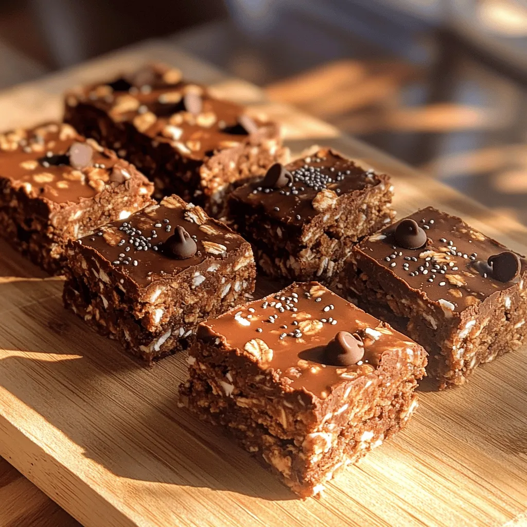 To make these tasty bars, gather the following ingredients: - 2 cups rolled oats - 1 cup unsweetened shredded coconut - 1/2 cup almond butter or peanut butter - 1/3 cup honey or maple syrup - 1/4 cup cocoa powder - 1/2 cup mini chocolate chips - 1/4 cup chia seeds (optional) - 1/4 teaspoon sea salt - 1 teaspoon vanilla extract These simple ingredients blend well. Each item adds flavor and nutrition. Rolled oats give a hearty base. Shredded coconut adds a sweet, chewy texture. Nut butter binds the bars and gives healthy fat. Honey or maple syrup sweetens and helps everything stick. Cocoa powder brings rich chocolate flavor. Mini chocolate chips melt in your mouth. Chia seeds add a boost of omega-3s if you choose to include them. Sea salt enhances all the flavors, while vanilla adds warmth. These bars are packed with nutrients. Oats provide fiber, which helps keep you full. They also help with heart health. Coconut is rich in healthy fats and can boost energy. Cocoa powder has antioxidants and can improve mood. If you use chia seeds, they add protein and omega-3 fatty acids. These nutrients support brain health and digestion. You can easily swap some ingredients. If you need a nut-free option, try sunflower seed butter. For sweeteners, agave syrup or brown rice syrup works well. If you want gluten-free granola bars, ensure your oats are certified gluten-free. You can also use puffed rice or quinoa for a different crunch. These swaps keep the bars delicious and cater to various tastes. First, gather all your ingredients. You will need rolled oats, shredded coconut, almond butter, honey, cocoa powder, and mini chocolate chips. If you want, add chia seeds for extra nutrition. Start by preheating your oven to 350°F (175°C). This step is key for even baking. Next, line an 8x8 inch baking dish with parchment paper. Leave some paper hanging over the edges. This will help you lift the bars out later. In a large mixing bowl, combine the rolled oats, shredded coconut, cocoa powder, chia seeds, and sea salt. Mix these dry ingredients well. This ensures every bite has a great flavor. Once your mixture is ready, it's time to make the sticky part. In a small saucepan, heat the almond butter and honey over low heat. Stir this mix for about 2-3 minutes until smooth. Remove it from the heat and add the vanilla extract. Now pour this warm mixture over your dry ingredients. Stir well until everything is coated. Then, fold in the mini chocolate chips. Transfer the mixture to your prepared baking dish. Use a spatula to press it down firmly. Make sure it's even across the bottom. Bake in your preheated oven for 20-25 minutes. Look for the edges to turn slightly golden and the center to set. This will give you a nice texture. After baking, let your granola bars cool in the pan for at least 15 minutes. This time allows them to firm up. Once cool, use the parchment paper to lift them out of the pan. To cut the bars, use a sharp knife. This helps you get clean edges without crumbling. You can slice them into any size you like. Store your chocolate coconut granola bars in an airtight container. They stay fresh at room temperature for a week. If you want them to last longer, put them in the fridge. For the full recipe, check the details above. Enjoy your tasty snack! To avoid crumbly bars, make sure to use enough binding ingredients. Almond butter or peanut butter plays a key role. When mixing, stir until all dry ingredients coat well. This step ensures a firmer texture. Press the mixture firmly into the baking dish. Use a spatula to push it down evenly. This helps the bars hold together when cut. If you find the bars still crumble, try adding a bit more nut butter next time. Store your homemade granola bars in an airtight container. This keeps them fresh and tasty. You can leave them at room temperature for up to a week. For longer freshness, place them in the fridge. To maximize freshness, consider wrapping each bar in plastic wrap. This way, they stay moist and flavorful. You can customize your bars with different mix-ins. Try adding nuts like almonds or cashews for a crunchy bite. Dried fruits like cranberries or raisins also add sweetness. If you want a tropical twist, include more coconut or even some pineapple bits. The options are endless, so feel free to experiment! For the full recipe, check out the Chocolate Coconut Granola Bars section. {{image_2}} You can easily make these bars vegan and gluten-free. To do this, simply use maple syrup instead of honey. This swap keeps the bars sweet and plant-based. For the oats, make sure you choose certified gluten-free oats. These oats ensure no cross-contamination occurs. You can still enjoy the same tasty flavor without worry. If you want to try different flavors, go for it! A peanut butter chocolate version is one of my favorites. Just swap almond butter for creamy peanut butter. You can also add some chopped peanuts for crunch. Another option is coconut almond. Replace half the cocoa powder with almond extract for a nutty twist. You can even mix in dried fruit or seeds to change things up. The possibilities are endless! When comparing homemade and store-bought chocolate coconut granola bars, homemade bars win in many ways. They are fresh, free of preservatives, and you can control the taste. Store-bought bars can be convenient, but they often have extra sugar and unhealthy fats. Some brands do offer decent options, so check the labels. Look for bars with minimal ingredients that match the full recipe. This approach will help you find tasty and healthy choices. To keep your Chocolate Coconut Granola Bars fresh longer, store them in an airtight container. This helps prevent them from getting stale. You can keep them at room temperature for up to a week. If you live in a humid area, consider refrigerating them. This extra step can help maintain their texture and taste. Always use parchment paper to separate layers if you stack them. This avoids sticking and ensures easy access. Homemade granola bars can last a while if stored right. In an airtight container at room temperature, they last about a week. If you refrigerate them, you can enjoy them for up to two weeks. Freezing extends their life even more. If frozen, they can last up to three months. Just make sure to wrap them well to prevent freezer burn. Freezing your granola bars is easy and a great way to keep them fresh. First, let the bars cool completely. Then, wrap each bar in plastic wrap. Place them in a freezer-safe bag or container. Label the bag with the date. When you want to eat one, just take it out and let it thaw at room temperature. Enjoy your tasty snack anytime! You can easily change these bars to fit your taste. Here are some fun ideas: - Add-ins: Try mixing in dried fruits like cranberries or apricots. Seeds like pumpkin or sunflower can add crunch. - Flavors: Swap cocoa powder for carob or add spices like cinnamon or nutmeg. - Sweeteners: Use agave syrup or brown rice syrup instead of honey for a different sweetness. Yes, you can make nut-free granola bars! Here are some options: - Use sunflower seed butter instead of almond or peanut butter. - If you want a creamy texture, try tahini. It’s made from sesame seeds and is nut-free. - Make sure to check all labels to avoid any nut contamination. Cutting granola bars can be tricky. Here’s how to do it right: - Let the bars cool completely before cutting. This helps them hold together better. - Use a sharp knife for clean cuts. A serrated knife works well too. - To avoid crumbling, press down firmly but gently as you slice. These granola bars stay fresh for about a week at room temperature. Here are some tips: - Store them in an airtight container to keep them soft. - If you want them to last longer, put them in the fridge. They can last up to two weeks there. - You can freeze them for up to three months. Just wrap each bar in plastic wrap before freezing. You’ve learned how to make chocolate coconut granola bars from scratch. The main ingredients, like oats and honey, provide nutrients and great taste. I shared tips to avoid crumbly bars and keep them fresh. Remember, you can customize these bars with your favorite flavors or dietary needs. Homemade granola bars are simple, tasty, and healthy snacks. Enjoy making your own at home, and feel free to experiment with different ingredients!