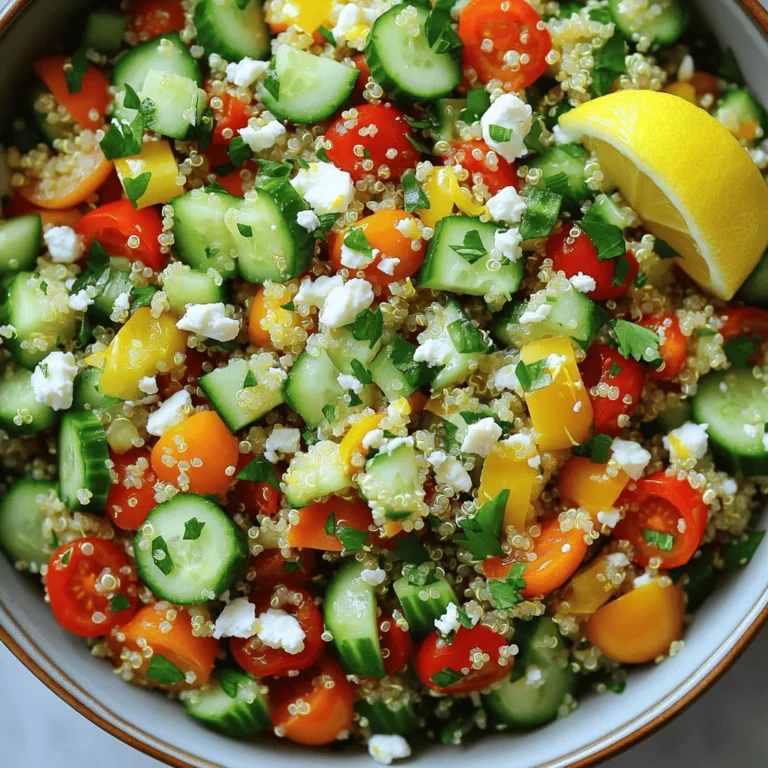 - 1 cup quinoa, rinsed - 2 cups vegetable broth or water - 1 cup cherry tomatoes, halved - 1 cucumber, diced - 1 bell pepper (any color), diced - 1/4 red onion, finely chopped - 1/4 cup fresh parsley, chopped - 1/4 cup fresh mint, chopped Quinoa is the star of this salad. It brings a nutty flavor and a fluffy texture. I always rinse it first to remove any bitter taste. Fresh herbs like parsley and mint add zest. They make each bite fresh and bright. Cherry tomatoes and cucumbers add crunch and sweetness. Bell peppers bring color and flavor. Red onion gives a slight bite that balances the dish. - 1/4 cup feta cheese, crumbled (optional) - Alternative dressings Feta cheese is a great addition if you love a creamy touch. It adds a rich flavor that pairs well with the herbs. If you want to switch up the dressing, try tahini or yogurt. These options can change the taste while keeping it fresh. - 3 tablespoons olive oil - Juice of 1 large lemon - Zest of 1 lemon - Salt and pepper to taste Olive oil is my go-to for dressings. It adds smoothness and flavor. Fresh lemon juice and zest bring brightness. They make the salad taste lively. Salt and pepper help to enhance all the flavors. Just a pinch can make a big difference. For the full recipe, check out the [Full Recipe]. To start, rinse the quinoa under cold water. This removes any bitter taste. Next, in a medium saucepan, bring 2 cups of vegetable broth or water to a boil. Once it boils, add the rinsed quinoa. Reduce the heat to low and cover the pot. Let it simmer for about 15 minutes. The quinoa will absorb the liquid and become fluffy. After cooking, remove it from heat and let it cool. While the quinoa cools, chop your vegetables. You will need cherry tomatoes, cucumber, bell pepper, and red onion. Cut the cherry tomatoes in half. Dice the cucumber and bell pepper into small pieces. For the red onion, chop it finely. Once chopped, place all the veggies in a large mixing bowl. This bowl will hold your salad. Now it’s time to add flavor! Toss in the chopped parsley and mint into the bowl with the veggies. If you like cheese, sprinkle in some crumbled feta cheese. In a separate small bowl, whisk together 3 tablespoons of olive oil, the juice of 1 lemon, and the lemon zest. Add salt and pepper to taste. Pour this dressing over the salad and mix gently. Make sure everything is coated well. Your Lemon Herb Quinoa Salad is almost ready! To get that perfect fluffy texture, rinse your quinoa well in cold water. This removes any bitter taste. After cooking, let it sit covered for five minutes. Then, fluff it with a fork to separate the grains. For cooling, spread the quinoa on a large plate. This helps it cool faster. You can also cover it with a clean towel to keep it warm if needed. To boost the flavor, try adding garlic powder or smoked paprika. These spices add a nice kick. You can also mix in some chopped olives or sun-dried tomatoes for extra taste. If you have dietary needs, swap the feta for avocado for creaminess. You can use a balsamic vinaigrette instead of the lemon dressing if you prefer a sweeter flavor. For a beautiful presentation, serve the salad in a large bowl. Garnish it with more herbs and lemon wedges for color. This makes it look fresh and inviting. Pair this salad with grilled chicken or fish for a complete meal. It also works great as a side dish for barbecues or picnics. Enjoy this fresh and flavorful salad for lunch or dinner. You can find the full recipe [here](#). {{image_2}} You can swap quinoa for other grains. Brown rice or farro work well. These grains add a different taste and texture. Both are gluten-free options. They are perfect for those with gluten allergies. You can also try millet or amaranth. These grains are nutritious and easy to find. Using seasonal vegetables makes this salad even better. In spring, add asparagus or peas. In summer, try corn or zucchini. Fall brings butternut squash, while winter can use roasted carrots. Fresh herbs also change with the seasons. Basil or dill can replace parsley or mint in summer. If you follow a vegan or vegetarian diet, this salad fits well. Simply skip the feta cheese. Add more veggies or nuts for protein. For low-carb options, reduce the quinoa. You can replace it with cauliflower rice. This keeps the dish light and healthy. To keep your Lemon Herb Quinoa Salad fresh, use an airtight container. Glass or plastic containers work well. Make sure to seal the lid tightly. If you want to freeze it, place the salad in a freezer-safe bag. Squeeze out any air before sealing. This helps prevent freezer burn. For the best taste, eat the salad within 3 to 5 days. Store it in the fridge for freshness. If you see any signs of spoilage, such as an off smell or slimy texture, throw it away. Always trust your senses; they guide you well in the kitchen. You can enjoy this salad cold or warm. If you choose to reheat, do so gently. Warm it in a pan over low heat. Add a splash of olive oil to keep it moist. If you prefer it cold, serve it straight from the fridge. The flavors stay bright and zesty that way. For the full recipe, visit the recipe section above. To cook quinoa, rinse it first. Rinsing removes the bitter coating. You can boil it in water or broth for added flavor. Use a two-to-one ratio of liquid to quinoa. Bring the liquid to a boil, then lower the heat and cover it. Simmer for about 15 minutes until the quinoa is fluffy. Common mistakes include not rinsing the quinoa or using too much water. Both can lead to a mushy texture. Also, don't forget to fluff the quinoa after it cooks. This step makes it light and airy. Yes, you can make this salad in advance. It works great for meal prep. Just prepare the salad, but keep the dressing separate until you serve it. This helps keep the salad fresh and crunchy. For best storage, use an airtight container. It will last in the fridge for up to three days. If you want to keep it longer, you can freeze the quinoa. Just thaw it in the fridge before serving. You can easily customize this salad to fit your taste. Add your favorite veggies like carrots, spinach, or bell peppers. You can also try different herbs, like basil or cilantro. For more flavor, consider adding nuts or seeds. Toasted pine nuts or sunflower seeds add a nice crunch. If you want a protein boost, you can add chickpeas or grilled chicken. Experiment with these options to find your perfect mix! For the full recipe, check the section above. In this post, we covered how to make a Lemon Herb Quinoa Salad. We explored the main ingredients, optional additions, and seasonings that bring flavor to the dish. You learned step-by-step instructions, including cooking quinoa and preparing vegetables. We also shared tips for perfecting your salad and variations for different diets. Finally, we looked at how to store leftovers and addressed common FAQs. Enjoy making this tasty salad and feel free to get creative with your ingredients!