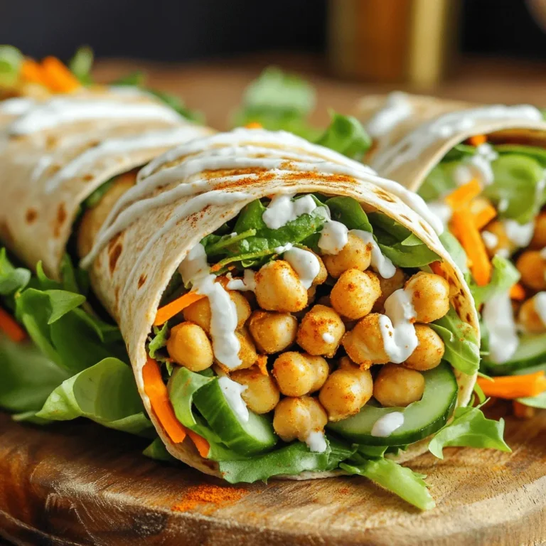 - 1 can (15 oz) chickpeas, drained and rinsed - 1/4 cup hot sauce (adjust to taste) - 1 tablespoon olive oil - 1 teaspoon garlic powder - 1 teaspoon onion powder - 1/2 teaspoon smoked paprika - Salt and pepper to taste - 4 large whole wheat tortillas or wraps - 1 cup mixed greens (spinach, arugula, or lettuce) - 1/2 cup carrot, shredded - 1/2 cup cucumber, thinly sliced - 1/4 cup vegan ranch dressing (optional) Chickpeas are the star of this dish. They give a great base and pack protein. I usually use canned chickpeas because they save time. Rinsing them helps remove excess salt. You can also use fresh chickpeas if you prefer. Just cook them before mashing. Hot sauce adds that spicy kick we love. You can use any brand you like. I enjoy a classic buffalo sauce, but you can try sriracha for a twist. Adjust the amount based on your spice tolerance. Olive oil keeps everything moist. Garlic powder and onion powder bring flavor without being overpowering. Smoked paprika adds a nice depth. The whole wheat tortillas are healthy and sturdy. They hold all the fillings well. The mixed greens, carrots, and cucumbers add crunch and freshness. If you like creamy toppings, vegan ranch dressing is a great choice. It cools the heat from the hot sauce. You can skip it if you want fewer calories. For the full recipe, check the detailed instructions so you can enjoy these wraps at home. 1. Start with the chickpeas. Grab a medium bowl. Open your can of chickpeas, drain, and rinse them well. Use a fork or potato masher to mash the chickpeas. Aim for a slightly chunky texture. This adds a nice bite to your wraps. 2. Time to flavor the chickpeas! Add 1/4 cup of hot sauce, 1 tablespoon of olive oil, 1 teaspoon of garlic powder, 1 teaspoon of onion powder, and 1/2 teaspoon of smoked paprika to the bowl. Don’t forget to sprinkle in a bit of salt and pepper. Mix everything well until the chickpeas are fully coated. 3. Now, heat a non-stick skillet over medium heat. Once hot, add your chickpea mixture. Cook for about 5-7 minutes. Stir occasionally to ensure even heating. The goal is to warm the mixture and blend the flavors well. 4. While your chickpeas are cooking, prepare your wraps. Lay one large tortilla flat on a clean surface. 5. In the center of your tortilla, add a handful of mixed greens. You can use spinach, arugula, or any lettuce you like. Then, add a generous amount of shredded carrots and thin cucumber slices. 6. Spoon the buffalo chickpea mixture on top of the veggies. Make sure each wrap gets a good amount of that delicious filling. 7. If you want, drizzle some vegan ranch dressing over the chickpeas. It adds a creamy touch that pairs well with the spice. 8. Now, fold in the sides of your tortilla. Roll it up tightly from the bottom to form a wrap. 9. Repeat these steps for the remaining tortillas. 10. Finally, cut each wrap in half diagonally. Serve them right away for the best taste and freshness. Follow this full recipe and enjoy a tasty meal that’s easy to make! To get the best flavor from your Vegan Buffalo Chickpea Wraps, use good seasonings. Garlic powder, onion powder, and smoked paprika add depth. They enhance the chickpeas' taste and create a rich flavor. Start by mixing these spices well with the chickpeas. This step makes the flavors blend nicely. If you want more heat, adjust the hot sauce. Start with a small amount and add more until it suits your taste. You can also try different hot sauces. Some are milder, while others pack a punch. Choose one that fits your spice level. Proper tortilla folding is key for a secure wrap. Place the filling in the center of your tortilla. Fold in the sides first, then roll from the bottom up. This method keeps the filling inside and makes it easy to eat. If your wrap feels loose, it may fall apart. A tight roll keeps it together. For a complete guide on making these wraps, check the Full Recipe. {{image_2}} You can make this dish even more exciting by changing a few ingredients. Start with the greens. Instead of mixed greens, try kale or collard greens for a heartier bite. These options add vitamins and a nice crunch. You can also use shredded cabbage or bell peppers for a colorful twist. Next, consider the buffalo sauce. If you want a milder flavor, try using barbecue sauce or a sweet chili sauce. This change gives a different taste while still keeping it fun. You can even make your own sauce with vinegar, hot sauce, and spices for a personal touch. For a lighter wrap, swap out the vegan ranch dressing. You can use a squeeze of lemon juice or plain yogurt. Both add flavor without the extra calories. Experiment with these options to find what you love best. These changes keep your wraps fresh and fun. You can mix and match based on what you have at home. Enjoy the process and make the wraps your own! To keep your wraps fresh, store leftovers in an airtight container. This helps prevent them from drying out. You can place a damp paper towel in the container to maintain moisture. For reheating, use a microwave or a skillet. If using a microwave, heat for about 30 seconds. For the skillet, warm on medium heat for about 2-3 minutes on each side. This helps keep the wrap soft and warm. If you want to make these wraps ahead of time, freezing is a great option. Wrap each prepared wrap in plastic wrap, then place them in a freezer bag. They can last up to three months in the freezer. When ready to eat, thaw overnight in the fridge and reheat as mentioned before. By following these simple steps, you can enjoy your Vegan Buffalo Chickpea Wraps at their best! For the full recipe, check out the details above. To make vinegar-based buffalo sauce, mix equal parts hot sauce and vinegar. You can use apple cider vinegar or white vinegar. Add melted vegan butter for creaminess, if you wish. Taste the sauce and adjust the heat with more hot sauce. This mix gives a tangy kick that pairs well with chickpeas. Yes, you can make this recipe gluten-free easily. Use gluten-free tortillas instead of whole wheat ones. Check the hot sauce label to ensure it’s gluten-free. Chickpeas, veggies, and vegan ranch are naturally gluten-free. This way, everyone can enjoy these wraps! Chickpeas are packed with protein and fiber. They help keep you full and satisfied. Eating chickpeas can improve gut health too. They are low in fat and high in vitamins. Adding chickpeas to your diet benefits overall health. For the full recipe, be sure to check out the [Full Recipe]. In this post, I covered the key ingredients for delicious chickpea wraps, from fresh versus canned chickpeas to choosing hot sauce. I shared a clear, step-by-step guide for preparation and cooking, ensuring you get the best texture. Tips on flavor and tortilla folding can help you create a perfect wrap. I also explored variations and storage methods for easy meal prep. Overall, this recipe offers both tasty and healthy options. Enjoy making your wraps and have fun customizing them to your taste!