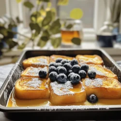 - 1 loaf of brioche or challah bread, cut into 1-inch cubes - 6 large eggs - 2 cups milk (whole or dairy-free) - 1/2 cup heavy cream (or replace with additional milk for a lighter option) - 1/2 cup granulated sugar - 1 tablespoon vanilla extract - 1 teaspoon ground cinnamon - 1/4 teaspoon nutmeg (optional) - 1 cup blueberries (fresh or frozen) - 1/2 cup maple syrup (for drizzling) - Powdered sugar (for dusting) For this recipe, the bread choice is key. I love using brioche or challah bread because they are soft and sweet. They soak up the egg mixture well and create a rich texture. Using eggs and milk makes the base creamy and delicious. The sugar adds sweetness, while cinnamon and nutmeg give it a warm touch. Blueberries add a fruity burst, making every bite special. - Maple syrup and powdered sugar - Fresh fruits and whipped cream Toppings can elevate your dish. I suggest drizzling warm maple syrup over the bake. It adds sweetness and flavor. A light dusting of powdered sugar gives a nice finish. You can also add fresh fruits, like strawberries or bananas, for color and taste. Whipped cream can make it feel like dessert. - Dairy-free options - Sugar replacements If you want dairy-free, use almond milk or oat milk instead of regular milk. You can skip heavy cream entirely or swap it with more milk. For sugar, try honey or a sugar substitute, like stevia. These changes keep the taste great while meeting dietary needs. 1. First, preheat your oven to 350°F (175°C). This helps the dish cook evenly. 2. Next, grease a 9x13-inch baking dish with butter or non-stick spray. This keeps the bake from sticking. 3. Now, take your loaf of brioche or challah bread and cut it into 1-inch cubes. 4. Place the bread cubes evenly in the baking dish. Make sure they fit snugly together. 5. Sprinkle 1 cup of blueberries over the bread cubes. You can use fresh or frozen blueberries. 1. In a large mixing bowl, crack 6 large eggs. 2. Add 2 cups of milk, along with 1/2 cup of heavy cream. This adds a rich taste. 3. Next, incorporate 1/2 cup of granulated sugar, 1 tablespoon of vanilla extract, 1 teaspoon of ground cinnamon, and 1/4 teaspoon of nutmeg (if you want). 4. Whisk everything together until smooth. Make sure there are no lumps. 1. Pour the custard mixture evenly over the bread and blueberries. 2. Gently press down on the bread. This helps it soak up the custard. 3. Cover the dish with aluminum foil and let it rest in the fridge for at least 30 minutes. If you can, let it sit overnight for the best flavor. 4. When you are ready to bake, remove the foil. 5. Place the dish in the preheated oven and bake for 30 minutes. It should look golden brown and puffed. 6. When it's done, take it out and let it cool for 5-10 minutes. You can find the full recipe [here](#). Soaking your bread is key for great texture. Aim for a soak time of at least 30 minutes. This allows the bread cubes to absorb the custard fully. For even better flavor, try using almond milk or coconut milk instead of regular milk. You can also add a splash of orange juice for a citrus twist. To ensure even baking, cover the dish with foil for the first half of baking. This keeps moisture in and helps the bread cook through. After 15 minutes, remove the foil to let the top get golden brown. Check for doneness by inserting a knife in the center. If it comes out clean, you’re ready to serve. When serving, drizzle with warm maple syrup for added sweetness. You can dust with powdered sugar for a fancy touch. Arrange fresh berries on the side to make the plate pop. For a fun twist, add some whipped cream on top right before serving. This adds both flavor and a nice look. {{image_2}} You can make your classic French toast bake even better with fun flavors. Adding fresh fruits like strawberries or bananas brings bright taste and color. You can also use flavored extracts. Almond or orange extracts can add a nice twist to your dish. Want to try something new? Make it savory! You can mix in cheese and herbs like thyme or chives for a unique flavor. Adding bacon or sausage gives it a hearty touch. These changes make the dish perfect for brunch or a cozy dinner. Switching up the bread can change the whole dish. You can use sourdough or whole-grain bread for a different texture and taste. Artisan breads like focaccia also work well. Each type of bread adds its own charm to your bake. For the full recipe, check out the Classic French Toast Bake section. After cooking, let your French toast bake cool. Place leftovers in an airtight container. It keeps well in the fridge. Store it for up to three days. This way, you can enjoy it later without losing flavor. You can freeze your French toast bake before or after baking. If you freeze before, wrap it tightly in plastic wrap. Then put it in a freezer-safe bag. It can last up to two months. If you freeze after baking, let it cool first. Wrap it well and store it. To thaw, move it to the fridge overnight. This helps keep the texture nice. You can also thaw it in the microwave on low. Reheat leftovers in the oven for the best taste. Preheat the oven to 350°F (175°C). Place the French toast bake in a baking dish. Cover it with foil to keep moisture in. Heat for about 15-20 minutes. If you’re short on time, use the microwave. Heat in short bursts of 30 seconds. Check if it's warm enough before serving. This method works but may not keep the crust crispy. Enjoy your Classic French Toast Bake again! For the full recipe, check out the recipe section. You can tell the French toast bake is done when it turns golden brown on top. The edges should look puffy and firm. If the center jiggles too much, it needs more time. A toothpick inserted in the center should come out clean. Yes, you can prepare this dish in advance. I recommend soaking it overnight for the best flavor. To do this, mix the bread and custard, then cover and refrigerate. This allows the bread to soak up all the tasty flavors. If you do not have time for overnight soaking, aim for at least 30 minutes. Each serving of Classic French Toast Bake has about 300-350 calories. It contains around 10 grams of protein and 15 grams of fat. The sugar content is about 20 grams per serving. For lighter options, you can use dairy-free milk and reduce the sugar. Always check the exact values based on the ingredients you use. For the full recipe, refer to the earlier section. This blog post covered how to make a tasty French toast bake. We discussed key ingredients like brioche, eggs, and sugar, plus great toppings and dietary swaps. You learned simple steps for preparation and baking, along with tips for even cooking and presenting your dish. Variations can add variety, from sweet fruit to savory options. In conclusion, a classic French toast bake is fun and flexible. Enjoy making it your way, and savor each bite!